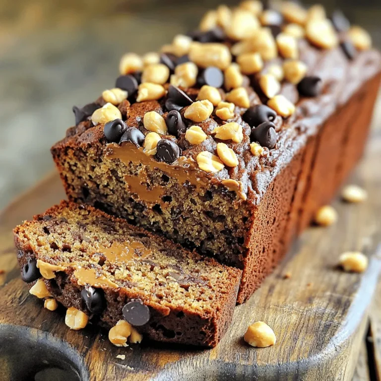 - 3 ripe bananas, mashed - 1/2 cup peanut butter (creamy or chunky) - 1/2 cup brown sugar - 1/4 cup granulated sugar - 2 large eggs - 1 teaspoon vanilla extract - 1 and 1/2 cups all-purpose flour - 1 teaspoon baking soda - 1/2 teaspoon salt - 1/2 cup chocolate chips (dark or semi-sweet) - Optional: chopped peanuts for topping You need ripe bananas for the best flavor. They should be soft and brown. The peanut butter adds richness. You can use creamy or chunky, depending on your taste. Brown sugar gives depth, while granulated sugar adds sweetness. The eggs bind everything together. Vanilla extract brings out all the flavors nicely. All-purpose flour is key for texture. Baking soda helps the bread rise. Use salt to enhance the taste. Chocolate chips make each bite a treat. If you like crunch, add chopped peanuts on top for a fun twist. - Mixing bowls - Loaf pan - Measuring cups and spoons - Spatula or whisk You will need some basic tools for this recipe. Mixing bowls help combine ingredients well. A loaf pan shapes the bread perfectly. Measuring cups and spoons ensure you use the right amounts. A spatula or whisk makes mixing easier. This Chocolate Peanut Butter Banana Bread is a fun and easy recipe. For the full recipe, check the details above. 1. First, preheat your oven to 350°F (175°C). Grease a 9x5 inch loaf pan or line it with parchment paper. 2. In a large bowl, mash the ripe bananas. Add peanut butter and mix until smooth. 3. Next, add the brown sugar, granulated sugar, eggs, and vanilla extract. Mix well until everything is combined. 1. In a separate bowl, whisk together the all-purpose flour, baking soda, and salt. 2. Gradually add the dry mix to the wet mixture. Gently fold until just combined. Be careful not to overmix. 1. Now, fold in the chocolate chips and chopped peanuts if you want extra crunch. 2. Pour the batter into the prepared loaf pan. Smooth the top with a spatula. 3. Bake in the oven for 50-60 minutes. Check for doneness by inserting a toothpick into the center. It should come out clean. This method ensures you create a moist and delicious Chocolate Peanut Butter Banana Bread. For the full experience, see the Full Recipe. - Ensuring the right banana ripeness: Use bananas with lots of brown spots. These are sweet and soft. They will blend well, giving your bread a rich flavor. - Avoiding overmixing the batter: Mix just until the dry ingredients are combined. Overmixing makes the bread dense. You want it light and fluffy. - Checking doneness with a toothpick: Insert a toothpick in the center. If it comes out clean, your bread is ready. If it has batter on it, bake a bit longer. - Experimenting with different chocolate types: Try dark, semi-sweet, or even milk chocolate. Each type brings a unique taste to your bread. You can mix and match for fun flavors. - Adding spices like cinnamon or nutmeg: A sprinkle of cinnamon adds warmth. Nutmeg gives a cozy feel. Start with a little, then adjust to your taste. These spices can elevate your banana bread. For the full recipe, check out the [Full Recipe]. {{image_2}} You can make this banana bread a bit healthier. First, try substituting all-purpose flour with whole wheat flour. Whole wheat flour adds fiber and nutrients. It also gives the bread a nutty flavor. Next, think about reducing the sugar. You can use less brown sugar or granulated sugar. You can also swap them for sugar alternatives like honey or maple syrup. These options can keep the bread sweet without too much sugar. Looking to shake things up? Adding nuts or dried fruits can create new flavors. Walnuts or pecans add a nice crunch. Dried cranberries or raisins bring sweetness. You might also want to swap peanut butter for almond or cashew butter. Each nut butter gives a unique taste. Almond butter adds a hint of sweetness. Cashew butter creates a creamy texture. If you need a gluten-free option, use gluten-free flour blends. Many blends work well in this recipe. Just be sure to follow the package instructions for the best results. This way, everyone can enjoy a slice of this tasty treat. For the full recipe, check the [Full Recipe]. To keep your chocolate peanut butter banana bread fresh, store it in an airtight container. If you have leftovers, refrigerate them for up to one week. For longer storage, you can freeze the bread. Just wrap it tightly in plastic wrap and then in foil. This method prevents freezer burn. Frozen banana bread can last for about three months. When you want to enjoy a slice, let it thaw in the fridge overnight or on the counter for a few hours. Warmed banana bread tastes fantastic! To reheat, slice a piece and place it in the microwave. Heat it for about 15 to 20 seconds, but check it often. You want it warm, not hot. Another option is to use a toaster oven. Just pop it in and toast for a few minutes until it’s warm. Enjoy it plain or with a little butter for extra flavor. You can find the full recipe [here]. Yes, you can use frozen bananas. They work well and save time. First, thaw the bananas in the fridge overnight or for a few hours at room temperature. Once thawed, drain excess liquid. Mash them until smooth, and use them like fresh bananas in the recipe. This will still give you that sweet, rich flavor. You can tell when your banana bread is done by checking a few signs. Look for a golden-brown top. When you insert a toothpick into the center, it should come out clean or with just a few crumbs. The edges of the bread will pull away from the pan slightly. Let it cool for a bit before slicing. This helps you get perfect slices. Absolutely! To make this recipe vegan, you can replace the eggs with chia seeds or flaxseeds. Mix 1 tablespoon of either with 3 tablespoons of water. Let it sit for about 5 minutes. Use this mix as a substitute for each egg. For the peanut butter, ensure it is free from animal products. Other ingredients like sugar should also be vegan-friendly. This way, you can enjoy the same great taste! In this post, we explored how to make delicious chocolate peanut butter banana bread. We covered the key ingredients, step-by-step instructions, and tips to perfect your loaf. You can enhance the flavor with various options and easily store leftovers. Remember, ripe bananas are key to success, and there are healthy variations for everyone. Enjoy baking this treat, and don’t hesitate to try out the different flavors. Each bite is sure to delight!