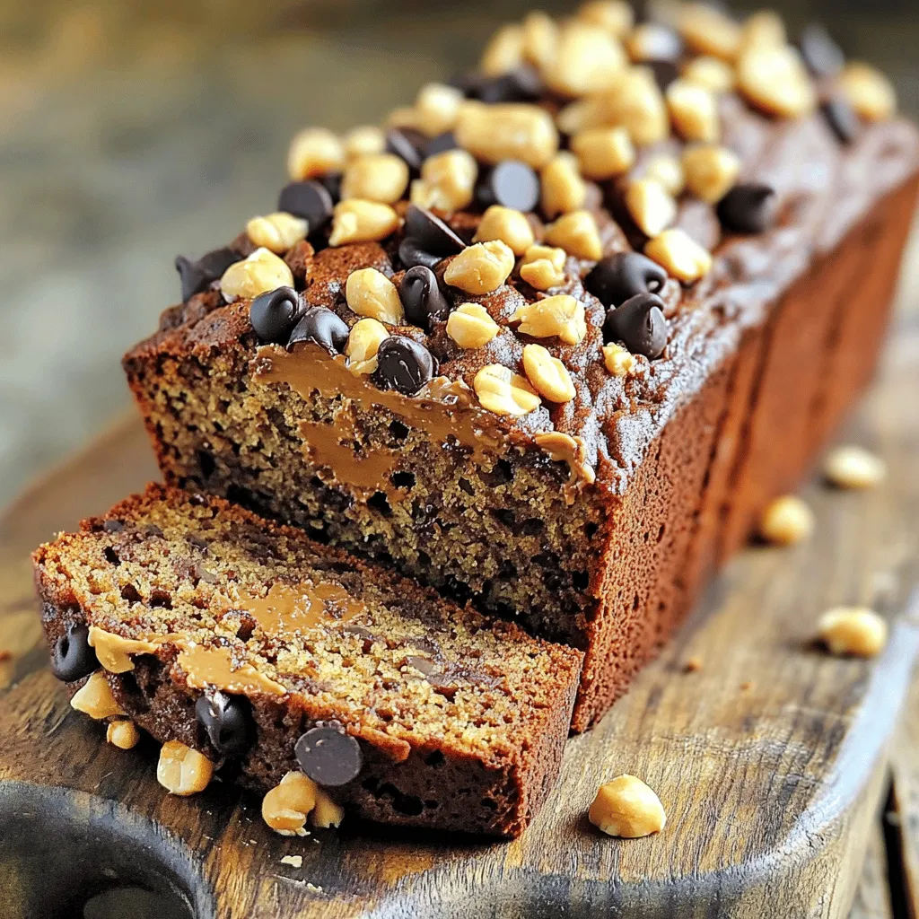 - 3 ripe bananas, mashed - 1/2 cup peanut butter (creamy or chunky) - 1/2 cup brown sugar - 1/4 cup granulated sugar - 2 large eggs - 1 teaspoon vanilla extract - 1 and 1/2 cups all-purpose flour - 1 teaspoon baking soda - 1/2 teaspoon salt - 1/2 cup chocolate chips (dark or semi-sweet) - Optional: chopped peanuts for topping You need ripe bananas for the best flavor. They should be soft and brown. The peanut butter adds richness. You can use creamy or chunky, depending on your taste. Brown sugar gives depth, while granulated sugar adds sweetness. The eggs bind everything together. Vanilla extract brings out all the flavors nicely. All-purpose flour is key for texture. Baking soda helps the bread rise. Use salt to enhance the taste. Chocolate chips make each bite a treat. If you like crunch, add chopped peanuts on top for a fun twist. - Mixing bowls - Loaf pan - Measuring cups and spoons - Spatula or whisk You will need some basic tools for this recipe. Mixing bowls help combine ingredients well. A loaf pan shapes the bread perfectly. Measuring cups and spoons ensure you use the right amounts. A spatula or whisk makes mixing easier. This Chocolate Peanut Butter Banana Bread is a fun and easy recipe. For the full recipe, check the details above. 1. First, preheat your oven to 350°F (175°C). Grease a 9x5 inch loaf pan or line it with parchment paper. 2. In a large bowl, mash the ripe bananas. Add peanut butter and mix until smooth. 3. Next, add the brown sugar, granulated sugar, eggs, and vanilla extract. Mix well until everything is combined. 1. In a separate bowl, whisk together the all-purpose flour, baking soda, and salt. 2. Gradually add the dry mix to the wet mixture. Gently fold until just combined. Be careful not to overmix. 1. Now, fold in the chocolate chips and chopped peanuts if you want extra crunch. 2. Pour the batter into the prepared loaf pan. Smooth the top with a spatula. 3. Bake in the oven for 50-60 minutes. Check for doneness by inserting a toothpick into the center. It should come out clean. This method ensures you create a moist and delicious Chocolate Peanut Butter Banana Bread. For the full experience, see the Full Recipe. - Ensuring the right banana ripeness: Use bananas with lots of brown spots. These are sweet and soft. They will blend well, giving your bread a rich flavor. - Avoiding overmixing the batter: Mix just until the dry ingredients are combined. Overmixing makes the bread dense. You want it light and fluffy. - Checking doneness with a toothpick: Insert a toothpick in the center. If it comes out clean, your bread is ready. If it has batter on it, bake a bit longer. - Experimenting with different chocolate types: Try dark, semi-sweet, or even milk chocolate. Each type brings a unique taste to your bread. You can mix and match for fun flavors. - Adding spices like cinnamon or nutmeg: A sprinkle of cinnamon adds warmth. Nutmeg gives a cozy feel. Start with a little, then adjust to your taste. These spices can elevate your banana bread. For the full recipe, check out the [Full Recipe]. {{image_2}} You can make this banana bread a bit healthier. First, try substituting all-purpose flour with whole wheat flour. Whole wheat flour adds fiber and nutrients. It also gives the bread a nutty flavor. Next, think about reducing the sugar. You can use less brown sugar or granulated sugar. You can also swap them for sugar alternatives like honey or maple syrup. These options can keep the bread sweet without too much sugar. Looking to shake things up? Adding nuts or dried fruits can create new flavors. Walnuts or pecans add a nice crunch. Dried cranberries or raisins bring sweetness. You might also want to swap peanut butter for almond or cashew butter. Each nut butter gives a unique taste. Almond butter adds a hint of sweetness. Cashew butter creates a creamy texture. If you need a gluten-free option, use gluten-free flour blends. Many blends work well in this recipe. Just be sure to follow the package instructions for the best results. This way, everyone can enjoy a slice of this tasty treat. For the full recipe, check the [Full Recipe]. To keep your chocolate peanut butter banana bread fresh, store it in an airtight container. If you have leftovers, refrigerate them for up to one week. For longer storage, you can freeze the bread. Just wrap it tightly in plastic wrap and then in foil. This method prevents freezer burn. Frozen banana bread can last for about three months. When you want to enjoy a slice, let it thaw in the fridge overnight or on the counter for a few hours. Warmed banana bread tastes fantastic! To reheat, slice a piece and place it in the microwave. Heat it for about 15 to 20 seconds, but check it often. You want it warm, not hot. Another option is to use a toaster oven. Just pop it in and toast for a few minutes until it’s warm. Enjoy it plain or with a little butter for extra flavor. You can find the full recipe [here]. Yes, you can use frozen bananas. They work well and save time. First, thaw the bananas in the fridge overnight or for a few hours at room temperature. Once thawed, drain excess liquid. Mash them until smooth, and use them like fresh bananas in the recipe. This will still give you that sweet, rich flavor. You can tell when your banana bread is done by checking a few signs. Look for a golden-brown top. When you insert a toothpick into the center, it should come out clean or with just a few crumbs. The edges of the bread will pull away from the pan slightly. Let it cool for a bit before slicing. This helps you get perfect slices. Absolutely! To make this recipe vegan, you can replace the eggs with chia seeds or flaxseeds. Mix 1 tablespoon of either with 3 tablespoons of water. Let it sit for about 5 minutes. Use this mix as a substitute for each egg. For the peanut butter, ensure it is free from animal products. Other ingredients like sugar should also be vegan-friendly. This way, you can enjoy the same great taste! In this post, we explored how to make delicious chocolate peanut butter banana bread. We covered the key ingredients, step-by-step instructions, and tips to perfect your loaf. You can enhance the flavor with various options and easily store leftovers. Remember, ripe bananas are key to success, and there are healthy variations for everyone. Enjoy baking this treat, and don’t hesitate to try out the different flavors. Each bite is sure to delight!