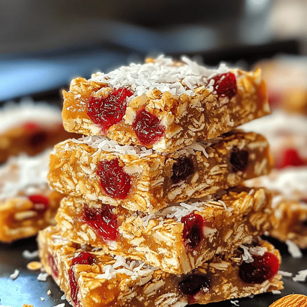 To make these tasty Cherry Almond Energy Bars, you need some key ingredients: - 1 cup pitted dried cherries - 1 cup almonds, roughly chopped - 1 cup rolled oats - 1/2 cup almond butter - 1/4 cup honey or maple syrup - 1/4 teaspoon sea salt - 1 teaspoon vanilla extract These ingredients work together to create a chewy and satisfying snack. The dried cherries add a sweet burst of flavor, while the almonds give a nice crunch. The oats provide fiber and help bind everything. You can also add a few optional ingredients to change up the flavor: - 1/4 cup shredded coconut (optional) Adding shredded coconut gives a tropical flair. You can also mix in other nuts or seeds if you like. Dried fruits such as apricots or cranberries can add more color and taste. Each ingredient has its own benefits: - Dried cherries are rich in antioxidants. They can help reduce inflammation. - Almonds provide healthy fats and protein. They keep you feeling full longer. - Rolled oats are a great source of fiber, which is good for digestion. - Almond butter gives healthy fats and adds creaminess to the bars. - Honey or maple syrup adds natural sweetness without refined sugars. - Sea salt enhances flavors and balances the sweetness. - Vanilla extract adds a warm, rich taste. These ingredients make the bars not just tasty but also healthy. They provide energy and nutrients to keep you going. For the full recipe, check out the detailed instructions above. First, gather all your ingredients. You will need dried cherries, almonds, oats, almond butter, honey or maple syrup, sea salt, vanilla extract, and shredded coconut if you want it. Measure out one cup each of dried cherries, chopped almonds, and rolled oats. Place them in a large bowl. If you choose to add coconut, measure out a quarter cup and set it aside. Next, in a separate bowl, mix the almond butter, honey or maple syrup, sea salt, and vanilla extract. Stir until this mixture is smooth. Now, pour the wet mix over the dry ingredients in the large bowl. Stir well to coat everything evenly. Now it's time to bake! Preheat your oven to 350°F (175°C). Line an 8x8 inch baking dish with parchment paper. Leave some paper hanging over the sides to help lift the bars out later. Transfer your mixture into the dish. Press it down firmly with a spatula or your hands to create an even layer. Place the baking dish in the oven and bake for 20 to 25 minutes. You want the edges to turn golden brown. When done, take it out and let it cool in the dish for at least 30 minutes. Once your energy bars are cool, use the parchment paper to lift them out. Slice them into squares or rectangles. For a fun touch, stack them up and sprinkle some shredded coconut on top. You can also wrap them in colorful parchment and tie with twine for a cute grab-and-go snack. Enjoy your Cherry Almond Energy Bars at breakfast, as a snack, or after a workout. You can find the full recipe above to guide you through each step. To remove your energy bars easily, let them cool completely. Cooling helps them set and firm up. Use the parchment paper overhang. This makes lifting the bars out a breeze. If you skip this step, they may break apart. After lifting, slice them into squares or rectangles as you prefer. You can change up this recipe to fit your taste. Try adding different nuts like walnuts or pecans. They will add unique flavors and textures. You can also swap dried cherries for cranberries or raisins. This gives the bars a new twist. For more nutrition, add seeds like chia or flax. They boost omega-3 fatty acids and fiber. Avoid overmixing your ingredients. This can make your bars tough. Also, don't skip the parchment paper. It helps prevent sticking and makes cleanup easy. Make sure to press the mixture firmly into the dish. If it’s too loose, the bars may crumble. Lastly, remember to cool the bars fully before slicing. This helps them hold their shape. {{image_2}} You can switch nuts and fruits in this recipe. Use walnuts or cashews instead of almonds. Each nut gives a unique taste and texture. For fruit, try dried cranberries or apricots. These changes keep the bars tasty and interesting. To make these bars vegan, replace honey with maple syrup. This keeps it sweet without using animal products. For a gluten-free option, ensure your oats are labeled gluten-free. This way, everyone can enjoy these energy bars without worry. Adding superfoods boosts nutrition. Try mixing in chia seeds or flaxseeds. They provide fiber and omega-3 fatty acids. You can also add protein powder for an extra health kick. These additions help turn a simple snack into a powerhouse treat. Check out the Full Recipe for more ideas! To keep your Cherry Almond Energy Bars fresh, place them in an airtight container. This method helps retain their moisture and flavor. You can stack the bars with parchment paper in between each layer. This way, they do not stick together. Store the container in a cool, dry place. A pantry works well, or you can use a fridge for longer freshness. If you want to keep your energy bars for a longer time, freezing is a great option. First, wrap each bar in plastic wrap or foil. This keeps them from getting freezer burn. Then, place all wrapped bars in a freezer bag or container. When you're ready to eat one, simply take it out and let it thaw at room temperature for about 30 minutes. Enjoying a frozen treat can also be fun! When stored properly, these bars can last up to a week at room temperature. If kept in the fridge, they can stay fresh for about two weeks. If you freeze them, they can last for up to three months. Just remember to check for any signs of spoilage, like an off smell or change in texture. Enjoy your homemade snacks worry-free! Yes, you can make Cherry Almond Energy Bars ahead of time. I often prepare a big batch and store them. This saves time on busy days. Just cool the bars and cut them into squares. Then, store them in an airtight container. They will stay fresh for about a week. If you want them longer, freeze them. Just wrap each bar in plastic wrap before freezing. Yes, many stores sell energy bars. However, many store-bought options may have added sugars and preservatives. I prefer homemade Cherry Almond Energy Bars. They taste fresh and you control the ingredients. Look for brands with simple, whole ingredients if you buy. Check the label to make sure they fit your diet. Cherry Almond Energy Bars have many health benefits. They are high in fiber from oats and cherries. Fiber helps digestion and keeps you full. Almonds add healthy fats and protein. These bars also provide antioxidants from dried cherries. Almond butter and honey give natural sweetness and energy. Overall, these bars are a great snack for any time of day. In this post, I covered how to make Cherry Almond Energy Bars. We explored required and optional ingredients, along with their nutrition. I provided step-by-step instructions for preparation and baking. You'll find tips for serving, avoiding common mistakes, and enhancing flavors. Plus, we discussed storage methods to keep them fresh. These bars are easy to customize and enjoy. So, gather your ingredients and start creating your perfect snack!