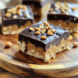 To make these no-bake peanut butter chocolate bars, gather these key items: - 1 cup creamy peanut butter - 1/2 cup honey or maple syrup - 1 1/2 cups rolled oats - 1/2 cup powdered sugar - 1 cup dark chocolate chips - 1 tablespoon coconut oil - 1/4 teaspoon sea salt These ingredients work together to create a sweet and chewy treat that’s hard to resist. You can change the bars to fit your taste. Here are some ideas: - Chopped peanuts for garnish - A pinch of cinnamon for extra warmth - A splash of vanilla extract for added flavor - Dried fruits like cranberries or raisins for a fruity twist Feel free to mix and match these options to create your perfect bar. If you need to swap out any ingredients, consider these easy substitutions: - Use almond butter instead of peanut butter for a nutty twist. - Agave syrup can replace honey or maple syrup if desired. - Rolled oats can be swapped with quick oats if you’re in a hurry. - Use milk chocolate chips if you prefer a sweeter taste. These substitutions help you make the bars work for your diet or preference. For the full recipe, check out the details above! This recipe is simple and fun. You need just a few steps to make these bars. Gather all your ingredients first. It makes cooking easier and faster. 1. In a large bowl, mix 1 cup of creamy peanut butter with 1/2 cup of honey or maple syrup. Blend them until the mix is smooth. 2. Next, add 1 1/2 cups of rolled oats, 1/2 cup of powdered sugar, and 1/4 teaspoon of sea salt. Stir until everything is combined well. 3. Line an 8x8 inch baking dish with parchment paper. This helps you remove the bars later. Press the peanut butter mix into the dish. Use a spatula to make it even. 4. In a microwave-safe bowl, add 1 cup of dark chocolate chips and 1 tablespoon of coconut oil. Heat in 20-second bursts, mixing in between, until it melts. 5. Pour the melted chocolate over the peanut butter layer. Spread it out evenly with your spatula. 6. If you want, sprinkle some chopped peanuts on top for extra crunch. 7. Place the dish in the fridge for at least 2 hours. This helps the bars set. Once firm, lift the bars out using the parchment paper. Cut them into squares or bars. For the full recipe, refer to the previous sections. Looking for a visual guide? Check out my video link for a step-by-step watch. It shows how to make these bars and makes it easier to follow along! To get the best texture in your bars, use creamy peanut butter. Creamy peanut butter blends well and gives a smooth mouthfeel. If you prefer a crunch, mix in chopped peanuts. You can also adjust the oats. Add more oats for a firmer bite, or less for a softer bar. For serving, cut the bars into fun shapes. Use cookie cutters for stars or hearts. Place the bars on a rustic wooden platter for a nice touch. Drizzle some melted chocolate on top for flair. A sprinkle of chopped peanuts adds crunch and looks great. One common mistake is not letting the bars chill long enough. If you cut them too soon, they will crumble. Make sure to let them set for at least two hours. Another mistake is using too much honey or syrup. This can make the bars too sticky. Follow the Full Recipe for the best results. {{image_2}} You can easily change the flavor of these bars. Try using almond butter instead of peanut butter. Almond butter gives a nice twist. You could also use white chocolate instead of dark chocolate. This adds a sweet and creamy taste. Mix in some cocoa powder for a deeper chocolate flavor. You can even add a hint of vanilla extract for extra richness. Making these bars gluten-free is simple. Just use gluten-free oats instead of regular ones. For a vegan option, switch honey for maple syrup. This keeps the bars plant-based and delicious. Always check labels to ensure all ingredients fit your diet. With these tweaks, everyone can enjoy the treat! You can customize these bars with seasonal add-ins. In fall, add chopped apples or pumpkin puree for a cozy flavor. In summer, mix in dried fruits like cranberries or apricots. Nuts are a great choice too. Chopped walnuts or pecans add crunch and healthy fats. These options let you enjoy a new taste with each batch. For the full details on how to make these tasty treats, check out the Full Recipe. To keep your no bake peanut butter chocolate bars fresh, store them in an airtight container. Line the container with parchment paper for easy removal. Place a layer of parchment between bars if stacking them. This prevents sticking and keeps them intact. These bars last about one week in the fridge. If you store them properly, they will stay tasty and fresh. If you notice any changes in smell or texture, it’s best to toss them out. You can freeze these bars for up to three months. Wrap each bar in plastic wrap and place them in a zip-top freezer bag. When ready to eat, let them thaw in the fridge. They will taste just as good as fresh! For full recipe details, check the [Full Recipe]. Yes, you can! If you can’t use peanut butter, try almond butter or sunflower seed butter. Both options give a nice taste and still hold the bars together well. To make your bars firmer, add more rolled oats or reduce the sweetener. You can also chill them longer. A good cooling time helps them set properly. Use a sharp knife that is warmed slightly. This helps the knife glide through the chocolate without cracking. Cut the bars into squares or rectangles for easy serving. Honey is thicker and sweeter. Maple syrup gives a milder flavor and is often lighter. Both work well, so choose based on your taste preference. Yes, you can add protein powder! Just mix it in with the oats and sugar. Start with a small amount, so it doesn’t change the texture too much. You can use toppings like shredded coconut, chia seeds, or sliced almonds. They add crunch and extra nutrition. Try chopped dark chocolate for a rich flavor! For the full recipe, check here: [Full Recipe]. This blog post showed you how to make tasty bars. We covered the key ingredients and substitutions to fit your needs. I detailed easy steps to prepare and cook. The tips helped you perfect texture and avoid common errors. You learned about flavor variations and storage methods to keep them fresh. Keep these ideas in mind for your next snack. They make healthy treats fun and delicious. Your creation can impress family and friends. Enjoy your bars!