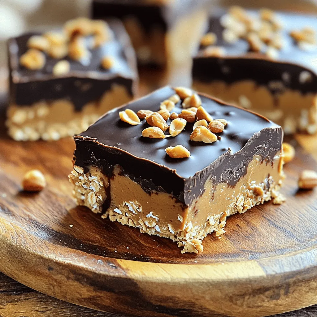 To make these no-bake peanut butter chocolate bars, gather these key items: - 1 cup creamy peanut butter - 1/2 cup honey or maple syrup - 1 1/2 cups rolled oats - 1/2 cup powdered sugar - 1 cup dark chocolate chips - 1 tablespoon coconut oil - 1/4 teaspoon sea salt These ingredients work together to create a sweet and chewy treat that’s hard to resist. You can change the bars to fit your taste. Here are some ideas: - Chopped peanuts for garnish - A pinch of cinnamon for extra warmth - A splash of vanilla extract for added flavor - Dried fruits like cranberries or raisins for a fruity twist Feel free to mix and match these options to create your perfect bar. If you need to swap out any ingredients, consider these easy substitutions: - Use almond butter instead of peanut butter for a nutty twist. - Agave syrup can replace honey or maple syrup if desired. - Rolled oats can be swapped with quick oats if you’re in a hurry. - Use milk chocolate chips if you prefer a sweeter taste. These substitutions help you make the bars work for your diet or preference. For the full recipe, check out the details above! This recipe is simple and fun. You need just a few steps to make these bars. Gather all your ingredients first. It makes cooking easier and faster. 1. In a large bowl, mix 1 cup of creamy peanut butter with 1/2 cup of honey or maple syrup. Blend them until the mix is smooth. 2. Next, add 1 1/2 cups of rolled oats, 1/2 cup of powdered sugar, and 1/4 teaspoon of sea salt. Stir until everything is combined well. 3. Line an 8x8 inch baking dish with parchment paper. This helps you remove the bars later. Press the peanut butter mix into the dish. Use a spatula to make it even. 4. In a microwave-safe bowl, add 1 cup of dark chocolate chips and 1 tablespoon of coconut oil. Heat in 20-second bursts, mixing in between, until it melts. 5. Pour the melted chocolate over the peanut butter layer. Spread it out evenly with your spatula. 6. If you want, sprinkle some chopped peanuts on top for extra crunch. 7. Place the dish in the fridge for at least 2 hours. This helps the bars set. Once firm, lift the bars out using the parchment paper. Cut them into squares or bars. For the full recipe, refer to the previous sections. Looking for a visual guide? Check out my video link for a step-by-step watch. It shows how to make these bars and makes it easier to follow along! To get the best texture in your bars, use creamy peanut butter. Creamy peanut butter blends well and gives a smooth mouthfeel. If you prefer a crunch, mix in chopped peanuts. You can also adjust the oats. Add more oats for a firmer bite, or less for a softer bar. For serving, cut the bars into fun shapes. Use cookie cutters for stars or hearts. Place the bars on a rustic wooden platter for a nice touch. Drizzle some melted chocolate on top for flair. A sprinkle of chopped peanuts adds crunch and looks great. One common mistake is not letting the bars chill long enough. If you cut them too soon, they will crumble. Make sure to let them set for at least two hours. Another mistake is using too much honey or syrup. This can make the bars too sticky. Follow the Full Recipe for the best results. {{image_2}} You can easily change the flavor of these bars. Try using almond butter instead of peanut butter. Almond butter gives a nice twist. You could also use white chocolate instead of dark chocolate. This adds a sweet and creamy taste. Mix in some cocoa powder for a deeper chocolate flavor. You can even add a hint of vanilla extract for extra richness. Making these bars gluten-free is simple. Just use gluten-free oats instead of regular ones. For a vegan option, switch honey for maple syrup. This keeps the bars plant-based and delicious. Always check labels to ensure all ingredients fit your diet. With these tweaks, everyone can enjoy the treat! You can customize these bars with seasonal add-ins. In fall, add chopped apples or pumpkin puree for a cozy flavor. In summer, mix in dried fruits like cranberries or apricots. Nuts are a great choice too. Chopped walnuts or pecans add crunch and healthy fats. These options let you enjoy a new taste with each batch. For the full details on how to make these tasty treats, check out the Full Recipe. To keep your no bake peanut butter chocolate bars fresh, store them in an airtight container. Line the container with parchment paper for easy removal. Place a layer of parchment between bars if stacking them. This prevents sticking and keeps them intact. These bars last about one week in the fridge. If you store them properly, they will stay tasty and fresh. If you notice any changes in smell or texture, it’s best to toss them out. You can freeze these bars for up to three months. Wrap each bar in plastic wrap and place them in a zip-top freezer bag. When ready to eat, let them thaw in the fridge. They will taste just as good as fresh! For full recipe details, check the [Full Recipe]. Yes, you can! If you can’t use peanut butter, try almond butter or sunflower seed butter. Both options give a nice taste and still hold the bars together well. To make your bars firmer, add more rolled oats or reduce the sweetener. You can also chill them longer. A good cooling time helps them set properly. Use a sharp knife that is warmed slightly. This helps the knife glide through the chocolate without cracking. Cut the bars into squares or rectangles for easy serving. Honey is thicker and sweeter. Maple syrup gives a milder flavor and is often lighter. Both work well, so choose based on your taste preference. Yes, you can add protein powder! Just mix it in with the oats and sugar. Start with a small amount, so it doesn’t change the texture too much. You can use toppings like shredded coconut, chia seeds, or sliced almonds. They add crunch and extra nutrition. Try chopped dark chocolate for a rich flavor! For the full recipe, check here: [Full Recipe]. This blog post showed you how to make tasty bars. We covered the key ingredients and substitutions to fit your needs. I detailed easy steps to prepare and cook. The tips helped you perfect texture and avoid common errors. You learned about flavor variations and storage methods to keep them fresh. Keep these ideas in mind for your next snack. They make healthy treats fun and delicious. Your creation can impress family and friends. Enjoy your bars!