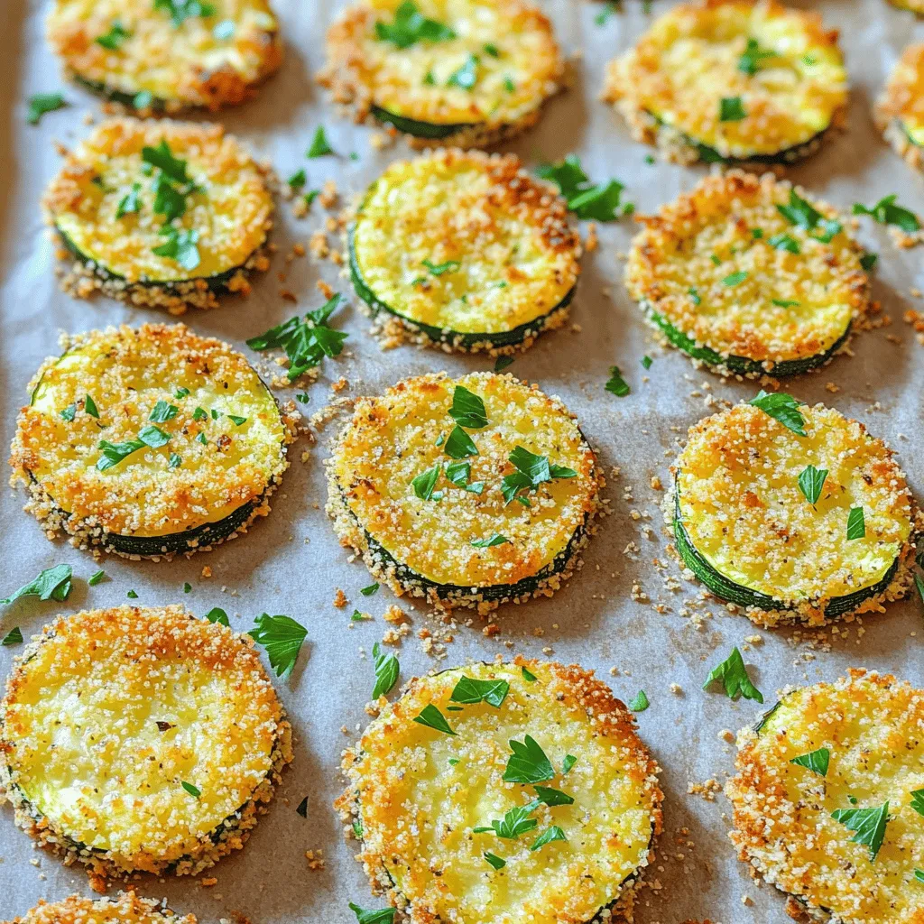 - 4 medium zucchinis, sliced into 1/4 inch rounds - 1 cup grated Parmesan cheese - 1 cup breadcrumbs (panko for extra crunch) - 2 large eggs, beaten - 2 tablespoons olive oil To make baked Parmesan crusted zucchini, you need fresh zucchinis. Select medium-sized ones for the best texture. Parmesan cheese gives a rich flavor. Breadcrumbs add crunch. Use panko for an extra crispy crust. Eggs help the coating stick. Olive oil adds moisture and flavor. - 1 teaspoon garlic powder - 1 teaspoon dried oregano - 1 teaspoon paprika - Salt and pepper to taste Seasonings bring life to this dish. Garlic powder adds depth. Oregano gives an earthy note. Paprika adds a hint of warmth and color. Adjust salt and pepper to your taste. These spices make the zucchini shine. - Fresh parsley for serving Fresh parsley looks great and adds color. It also gives a hint of freshness. Sprinkle it on top just before serving. This small touch makes your dish even more inviting. You can find the full recipe for baked Parmesan crusted zucchini to easily follow the steps and enjoy this tasty dish! First, set your oven to 425°F (220°C). This high heat helps the zucchini turn golden and crispy. Next, line a baking sheet with parchment paper. This keeps the zucchini from sticking and makes cleanup easy. In a shallow bowl, mix these items well: - 1 cup breadcrumbs (panko for extra crunch) - 1 cup grated Parmesan cheese - 1 teaspoon garlic powder - 1 teaspoon dried oregano - 1 teaspoon paprika - Salt and pepper to taste This mixture gives the crust its great flavor. Take your zucchini and slice it into 1/4 inch rounds. In another bowl, beat 2 large eggs with 2 tablespoons of olive oil. Dip each zucchini slice into the egg mix first. Let any excess egg drip off. Then, coat it in the breadcrumb mixture, pressing gently so it sticks well. Place the coated zucchini rounds in a single layer on your baking sheet. Bake them for 20-25 minutes. Keep an eye on them as they cook. You want them tender with a golden crust. When they are done, take them out and let them cool for a bit. You can find the full recipe in the earlier section. To get that nice crunch on your baked zucchini, use panko breadcrumbs. They are lighter and crispier than regular breadcrumbs. Preheat your oven to 425°F (220°C) for the best results. Make sure each zucchini slice is coated well. Press the crumbs onto the slices to help them stick. Bake until they are golden brown and crispy. This method gives a satisfying bite. You can boost the flavor of your zucchini with extra seasonings. Try adding some Italian herbs like basil or thyme. You can also mix in some grated mozzarella or cheddar cheese with the Parmesan for a different taste. A pinch of red pepper flakes can add some heat if you like spice. Experiment with these options to find your favorite flavors. For a complete meal, serve your baked zucchini with a protein. Grilled chicken or fish pairs nicely. You can also place them on a bed of quinoa or rice for added texture. A fresh salad on the side can add color and balance to your dish. For a fun twist, serve with a yogurt or ranch dip for extra flavor. For the full recipe, check out Baked Parmesan Crusted Zucchini. {{image_2}} You can change up the coating for baked Parmesan crusted zucchini. For a gluten-free option, use gluten-free breadcrumbs. They give a nice crunch too. You can also try crushed nuts or seeds for a unique flavor. Play with the seasonings. Add Italian herbs or chili powder for a kick. Each change makes the dish new. To make this dish heartier, add extra veggies or proteins. You can mix in sliced bell peppers or cherry tomatoes. Grated carrots also add color and sweetness. For protein, try adding cooked chicken or shrimp. This makes your meal more filling and tasty. You can cook zucchini in different ways. Use an air fryer for a quicker option. It cooks fast and keeps the zucchini crispy. Just follow the same steps. Set the air fryer to 400°F (200°C) and cook for about 12-15 minutes. If you prefer the stovetop, heat some olive oil in a skillet. Cook the coated zucchini rounds until golden brown, about 3-4 minutes per side. Each method gives a different taste and texture to your dish. To store your baked zucchini, let them cool first. Place them in an airtight container. Make sure to keep them in the fridge. They stay fresh for up to three days. If you want the best taste, eat them sooner. Reheat your baked zucchini in the oven for the best results. Preheat the oven to 350°F (175°C). Place the zucchini on a baking sheet for 10-15 minutes. This keeps the crust crispy. You can also use a toaster oven if you want a quicker option. If you want to freeze zucchini, let them cool completely first. Place the slices in a single layer on a baking sheet. Freeze them for about an hour, then transfer to a freezer bag. They can last up to three months in the freezer. When you're ready to use them, bake directly from frozen. Bake zucchini for 20 to 25 minutes at 425°F (220°C). This time gives you tender zucchini with a crispy crust. Keep an eye on them. If they look golden brown, they are likely done. You want that nice crunch! Yes, you can! Try eggplant, sweet potatoes, or even mushrooms. These veggies also taste great with the Parmesan crust. Slice them into even rounds, just like the zucchini. The cooking time may vary, so check them often. Zucchini is low in calories and packed with nutrients. It has vitamins A and C, which help your skin and immune system. It also has fiber, which is good for digestion. This makes zucchini a healthy choice for any meal. To make this dish vegan, replace the eggs. You can use flax eggs or aquafaba as a binder. For cheese, try nutritional yeast or vegan Parmesan. These swaps keep the flavor while making the dish plant-based. Enjoy your vegan Baked Parmesan Crusted Zucchini with these easy changes! For the complete details, check the Full Recipe. In this post, we explored making crispy baked zucchini. We covered essential ingredients, spices, and optional garnishes. I shared easy steps for preparation and baking. You learned tips for perfect crunch and flavor boosts. We even discussed variations and storage methods. Embrace this recipe to enjoy a tasty side or snack. Let your creativity shine with flavors and cooking methods. Enjoy your cooking adventure with zucchini!