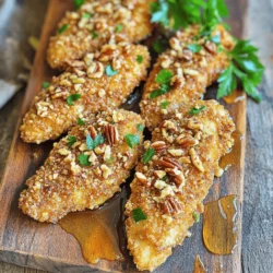 To make pecan crusted chicken tenders, gather these ingredients: - 1 lb chicken tenders - 1 cup pecans, finely chopped - 1/2 cup breadcrumbs (preferably whole wheat) - 1/2 cup grated Parmesan cheese - 2 eggs - 1 teaspoon garlic powder - 1 teaspoon paprika - Salt and pepper to taste - 1/4 cup honey (for drizzling) - Cooking spray or olive oil for baking These ingredients create a tasty and crunchy coating for the chicken. The pecans add a rich flavor and a nice crunch. The Parmesan cheese gives a savory touch. Cooking spray helps the chicken brown nicely. If you don’t have it, you can use olive oil. Just drizzle a bit over the chicken before baking. This will keep the coating crispy. You can also use melted butter if you want a richer taste. If you need to swap something out, here are some ideas: - Chicken Tenders: You can use chicken breasts cut into strips. - Pecans: Walnuts or almonds can work well if you have them. - Breadcrumbs: Use crushed cornflakes or gluten-free breadcrumbs for a crunch. - Parmesan Cheese: Grated cheddar or nutritional yeast can also be good options. These swaps can help you customize the recipe to fit your needs. You can still enjoy a delicious meal even with changes! For the complete instructions, check out the Full Recipe. Start by preheating your oven to 400°F (200°C). This temperature helps the chicken cook evenly and get crispy. While the oven heats, take a baking sheet and line it with parchment paper. This will keep the chicken from sticking and make for easy cleanup. In a shallow bowl, crack two eggs and whisk them well. Set this bowl aside for now. In another bowl, mix together the finely chopped pecans, breadcrumbs, grated Parmesan cheese, garlic powder, paprika, salt, and pepper. Stir these ingredients together until everything is well combined. This mixture will give the chicken its tasty crust. Take a chicken tender and dip it into the whisked eggs. Make sure it is fully coated in egg. Next, roll the chicken tender in the pecan mixture. Press gently so the coating sticks well. Place each coated chicken tender on your lined baking sheet. Leave a little space between each one to allow for even cooking. Lightly spray or drizzle olive oil over the chicken tenders. This helps them brown nicely in the oven. Now, bake the chicken tenders in your preheated oven for 20-25 minutes. Check that the chicken is cooked through and the coating is golden brown. Once done, take them out and let them cool slightly. A drizzle of honey adds a sweet touch. For the full recipe, check the details above. To get the best crispiness in your pecan crusted chicken tenders, follow these steps: - Use Fresh Ingredients: Fresh chicken and nuts make a big difference. - Coat Tightly: Press the pecan mixture firmly on the chicken. It helps the coating stay on while baking. - Spray Oil: A light spray of cooking oil over the coated tenders adds crispiness. - Bake on Parchment: Using parchment paper keeps the tenders from sticking and allows even heat flow. Cooking chicken tenders perfectly takes a few simple practices: - Even Sizing: Cut the chicken into uniform pieces for even cooking. - Preheat Oven: Always preheat the oven to 400°F (200°C) before baking the tenders. - Don’t Overcrowd: Give each tender space on the baking sheet. This prevents steaming and helps them crisp up. Timing is key for great chicken tenders. Bake them for 20-25 minutes. Check for golden brown color. To serve, place the tenders on a wooden board or colorful plate. Drizzle honey on top for a sweet touch. Serve with fresh herbs like parsley for a pop of color. For more details, check the Full Recipe to ensure you get everything right! {{image_2}} You can spice up your pecan crusted chicken tenders easily. Try adding cayenne pepper for heat. Just a pinch can change the flavor. You can also use smoked paprika for a deeper taste. If you love herbs, mix in dried thyme or oregano. These spices will give your dish a vibrant kick. Pecans are great, but you can switch nuts if you want. Almonds offer a nice crunch and a mild taste. Walnuts work well too, adding a rich flavor. For a sweeter touch, try using hazelnuts. Just chop them finely, like you did with the pecans. Each nut brings its own charm to the dish. If you need a gluten-free option, it’s simple! Use gluten-free breadcrumbs instead of regular ones. They will still give you that nice crunch. You can also crush gluten-free crackers for a fun twist. Make sure your nuts are gluten-free too. This way, everyone can enjoy these tasty chicken tenders. For the entire method and ingredients, check out the Full Recipe. To keep your pecan crusted chicken tenders fresh, place them in an airtight container. Make sure to let them cool down first. You can store them in the fridge for up to three days. If you want to keep them longer, consider freezing. When you reheat chicken tenders, aim for that crispy texture. Preheat your oven to 350°F (175°C). Place the chicken on a baking sheet and warm them for about 10 to 15 minutes. This way, they stay crunchy. You can also use an air fryer if you have one. It works great for keeping the crunch. If you want to freeze your chicken tenders, wrap them tightly in plastic wrap. Then place them in a freezer bag to avoid freezer burn. They can last up to three months in the freezer. When you're ready to eat, thaw them in the fridge overnight before reheating. Enjoy your pecan crusted chicken tenders even later! For the full recipe, check out the details above. Yes, you can use chicken breasts. Cut them into strips similar to tenders. This change may affect cooking time. Thicker pieces will need more time in the oven. Aim for strips about one inch wide for even cooking. These chicken tenders pair well with many sides. Try serving them with: - Fresh salad - Sweet potato fries - Steamed broccoli - A light dipping sauce These sides keep the meal light and tasty. Check for doneness by using a meat thermometer. The chicken should reach 165°F (75°C) internally. The coating should be golden and crispy. If you cut one open, the meat should be white and juicy, not pink. Yes, this recipe can fit many diets with some tweaks. For gluten-free diets, use gluten-free breadcrumbs. If you want a lower-carb option, you can skip the breadcrumbs altogether. The pecans provide a nice crunch without them. To add heat, try these options: - Mix cayenne pepper into the coating - Use hot sauce in the egg mixture - Serve with a spicy dipping sauce These additions can enhance the flavor and give your dish an exciting kick. For the full recipe, refer to the section above. This blog post covered a simple and tasty recipe for pecan crusted chicken tenders. You learned about the key ingredients, prep steps, and cooking times. We provided tips for crispiness and fun variations to try. Storing and reheating leftovers kept your chicken delicious. Remember, you can swap ingredients to suit your taste or dietary needs. Your meal can be easy and flavorful. Enjoy making this dish again and again!
