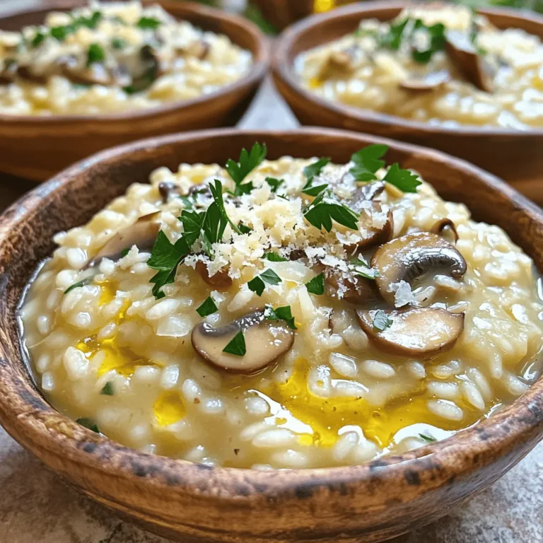 - 1 cup Arborio rice - 4 cups vegetable broth - 1 cup mushrooms (button or cremini), sliced - 1 small onion, finely chopped - 2 cloves garlic, minced - 2 tablespoons olive oil - 1/2 cup grated Parmesan cheese (or nutritional yeast for a vegan option) - 2 tablespoons fresh parsley, chopped - 1/2 teaspoon black pepper - Salt to taste - Arborio rice: 1 cup provides a creamy texture. - Vegetable broth: 4 cups give rich flavor. - Mushrooms: 1 cup adds earthiness. - Onion: 1 small onion brings sweetness. - Garlic: 2 cloves enhance aroma. - Olive oil: 2 tablespoons help sauté. - Parmesan cheese: 1/2 cup adds creaminess. - Parsley: 2 tablespoons give freshness. - Black pepper: 1/2 teaspoon adds warmth. - Salt: To taste balances flavors. - Asparagus: Adds crunch and color. - Peas: For sweetness and bright green. - Spinach: For a nutrient boost. - Truffle oil: For a fancy touch. - Lemon zest: Brightens flavors. - Other herbs: Like thyme or basil for extra taste. You can find the full recipe at the end of this article. This dish is fun to customize! Start by heating the vegetable broth in a saucepan over medium heat. You want it warm, not boiling. Keeping your broth warm helps the rice cook evenly. This step is key to a creamy risotto. In a large skillet or pot, add the olive oil. Heat it over medium heat. Once hot, toss in the chopped onion. Sauté until the onion turns soft, about 3 to 4 minutes. Next, add minced garlic and sliced mushrooms. Cook for about 5 minutes. The mushrooms will soften and release their tasty juices. Now, it’s time for the Arborio rice. Add it to the skillet with the sautéed mix. Stir well, so the rice gets coated with oil. Let it toast for about 2 minutes. This will add a nice flavor to your risotto. Take a ladleful of your warm broth and pour it over the rice. Stir continuously as the rice absorbs the broth. This process is important. It helps release the starches in the rice, making it creamy. Keep adding broth one ladle at a time until the rice is cooked. This will take about 20 to 25 minutes. When your risotto is creamy and the rice is al dente, it’s time for the final touches. Stir in the grated Parmesan cheese or nutritional yeast. Add the chopped parsley, black pepper, and salt to taste. Mix everything well until it’s creamy. Let it sit for a minute before serving. For a beautiful finish, serve it in shallow bowls. Add extra parsley and a sprinkle of Parmesan on top. You can find the full recipe for mushroom bliss risotto to make this dish shine. To make your risotto creamy, use Arborio rice. This rice has a high starch content. The starch creates a smooth texture. Always stir the rice as it cooks. Stirring helps release more starch, making it creamier. Add warm broth slowly, one ladle at a time. This helps the rice absorb the liquid properly. You’ll know it’s done when the rice is al dente. It should have a slight bite but be soft. One common mistake is using cold broth. Always warm your broth before adding it. This keeps the cooking temperature steady. Another mistake is rushing the process. Risotto needs time and patience. Don’t dump all the broth in at once. This leads to uneven cooking. Also, avoid overcooking the rice. It should be creamy, not mushy. To boost flavor, use fresh ingredients. Fresh mushrooms and herbs make a big difference. Sauté the onions and garlic first. This step brings out their natural sweetness. Don’t forget to season well. Add salt and pepper gradually, tasting as you go. A splash of white wine can add depth. If you want a richer flavor, use homemade broth. Lastly, finish with Parmesan cheese or nutritional yeast. This gives it a savory kick. For more details, check the Full Recipe. {{image_2}} You can easily change some ingredients for different diets. If you want a vegan risotto, swap Parmesan for nutritional yeast. This gives a cheesy taste without dairy. Use gluten-free broth if you need to avoid gluten. You can also switch out Arborio rice for quinoa for a healthy twist. This adds a nutty flavor and changes the texture. Feel free to mix in other veggies. Spinach, peas, or asparagus can add color and nutrients. Just add them in the last few minutes of cooking. If you want protein, consider adding cooked chicken or shrimp. You can also use chickpeas for a plant-based option. They add protein and a nice bite to the risotto. You can make your risotto even tastier with herbs and spices. Add thyme or rosemary for a fragrant flavor. A pinch of saffron gives a rich, golden hue and unique taste. Use mushroom broth instead of vegetable broth for more depth. This enhances the mushroom flavor and makes it richer. For more options and ideas, check the Full Recipe for Easy Mushroom Risotto! After enjoying your mushroom risotto, you may have some left. To store it, let the risotto cool first. Then, place it in an airtight container. This keeps it fresh for about three to four days in the fridge. Always label the container with the date. When you're ready to eat the leftover risotto, you can reheat it easily. The best way is to use a stove. Add a splash of vegetable broth or water to the risotto. Stir it gently over low heat. This helps restore its creamy texture. You can also use a microwave. Place the risotto in a microwave-safe bowl. Add a little broth or water, cover it, and heat in short bursts. Stir after each burst to avoid hot spots. You can freeze mushroom risotto, but it may change slightly in texture. To freeze, let the risotto cool completely. Then, scoop it into freezer bags or containers. Remove as much air as possible before sealing. It can stay frozen for up to three months. When you want to use it, thaw it overnight in the fridge. Reheat using the instructions above for the best taste. For the full recipe, check out the details above. The best rice for mushroom risotto is Arborio rice. This rice has a high starch content. It creates that creamy texture we all love. Arborio rice absorbs liquid well and cooks evenly. Other options like Carnaroli or Vialone Nano work too. However, Arborio is my go-to for its perfect creaminess. To make your risotto vegan, simply swap out the cheese. Use nutritional yeast instead of Parmesan. This adds a nice cheesy flavor without dairy. Also, make sure to use vegetable broth. This keeps your dish entirely plant-based. You can also add vegan butter for richness. Yes, you can make mushroom risotto ahead of time. However, it’s best served fresh. If you make it early, store it in an airtight container. Keep it in the fridge for up to three days. When you’re ready to serve, reheat it slowly. Add a splash of broth to restore creaminess. Mushroom risotto pairs well with many sides. A fresh green salad is always a great choice. You can also serve it with grilled vegetables for a colorful plate. If you want protein, add sautéed shrimp or chicken. For a lighter touch, a lemon wedge on the side brightens the dish. Enjoy your meal with a glass of white wine too! For the complete instructions, check out the Full Recipe. Mushroom risotto is easy to make with the right ingredients and steps. We covered how to prepare the broth, sauté aromatics, and cook the rice for creaminess. You learned tips to perfect your risotto and avoid common mistakes. You can customize your dish with variations and tips for storage. With practice, you’ll create great risotto every time. Enjoy this delicious dish with friends and family!