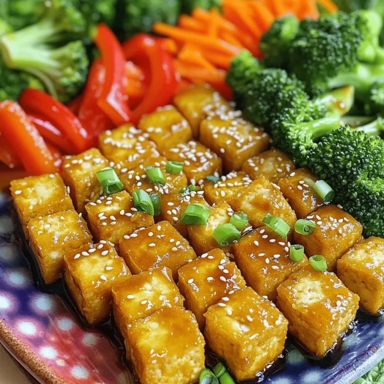 - Firm Tofu: 14 oz (400g), pressed and cubed - Cornstarch: 2 tablespoons - Vegetable Oil: 2 tablespoons - Vegetables: 1 red bell pepper, sliced; 1 cup broccoli florets; 1 carrot, julienned - Aromatics: 2 cloves garlic, minced; 1 tablespoon ginger, minced - Sauces: 3 tablespoons soy sauce; 1 tablespoon hoisin sauce; 1 teaspoon sesame oil - Garnish: Sesame seeds; 3 green onions, chopped (white and green parts separated) To make my crispy tofu stir fry, I choose fresh and vibrant ingredients. The firm tofu gives a solid base, while cornstarch helps create a delightful crunch. I use vegetable oil to fry the tofu, adding flavor and richness. The vegetables add color and nutrients. Red bell pepper brings sweetness, broccoli adds crunch, and carrot offers a bright touch. Aromatics like garlic and ginger give depth to the dish. They create a warm and fragrant base. For sauces, I mix soy sauce, hoisin sauce, and sesame oil. This combination brings umami and a hint of sweetness. Finally, I top the dish with sesame seeds and green onions for extra flavor and presentation. This crispy tofu stir fry is simple yet satisfying. You can find the full recipe at the end of the article. First, I press the tofu for at least 30 minutes. This step removes excess moisture. Less moisture means a crispier texture. After pressing, I cube the tofu into bite-sized pieces. Next, I take a bowl and toss the cubed tofu with 2 tablespoons of cornstarch. This coating helps make the tofu extra crispy when cooked. I heat 1 tablespoon of vegetable oil in a large skillet over medium-high heat. Once the oil is hot, I add the coated tofu cubes. I stir-fry them for about 8-10 minutes. I want them to turn golden and crispy on all sides. Once they are ready, I remove the tofu from the pan and set it aside. In the same pan, I add the remaining tablespoon of oil. Then, I stir in minced garlic, ginger, and the white parts of the green onions. I sauté this mix for about 30 seconds until it smells great. Next, I add the sliced red bell pepper, broccoli florets, and julienned carrot to the pan. I stir-fry everything for about 3-4 minutes. I want the vegetables to be tender-crisp. After the veggies are ready, I return the crispy tofu to the pan. I pour in the soy sauce, hoisin sauce, and sesame oil. I toss everything together for about 2 minutes. This step ensures everything is evenly coated and heated through. Finally, I sprinkle sesame seeds and the green parts of the green onions on top before serving. For the full recipe, check the details! To get crispy tofu, start by pressing it well. Pressing removes water, which makes it soggy. Wrap the tofu in a clean cloth and place something heavy on top. Let it sit for at least 30 minutes. After pressing, cut the tofu into small cubes. Next, coat the cubes with cornstarch. This step is key for crispiness. Cornstarch forms a crunchy layer when fried. Toss the tofu in a bowl with 2 tablespoons of cornstarch until covered. For tender-crisp veggies, timing is everything. Add your vegetables to the pan after the tofu is cooked. Stir-fry them for just a few minutes. You want them bright and slightly crunchy. To manage cook time, have all your ingredients ready. Prep them before you start cooking. This way, you can add everything to the pan without delay. For a stunning dish, serve the stir fry on a large platter. Garnish it with extra sesame seeds and chopped green onions. This makes your meal look colorful and inviting. Pair the stir fry with steamed jasmine rice or quinoa. It adds a nice texture and rounds out the meal. Enjoy your beautiful and tasty creation! For the full recipe, check out the earlier section. {{image_2}} When making crispy tofu stir fry, the type of tofu matters. Firm tofu works best for this dish. It holds its shape well and crisps up nicely. Soft tofu, while tasty, may not hold up in stir fry. It can break apart and become mushy. So, stick with firm tofu for that perfect crunch. You can switch up the veggies based on your mood or season. Bell peppers, bok choy, and snap peas all add crunch and color. Want a twist? Try zucchini or mushrooms for extra flavor. Seasonal vegetables like asparagus in spring or squash in fall can also shine in this dish. You can customize the sauce for your taste. If you want it vegan, use tamari instead of soy sauce. This keeps the dish gluten-free, too! For a spicy kick, add sriracha or chili paste. You can also mix in some peanut sauce for a rich flavor. Experiment with these options and find your favorite blend! For the full recipe, check out the crispy tofu stir fry details above. To store your crispy tofu stir fry, let it cool first. Place it in an airtight container. Store it in the fridge for up to three days. Make sure you keep the tofu and veggies together to maintain flavor. This way, you can enjoy your meal later without losing taste. To reheat your stir fry, use a skillet over medium heat. Add a splash of oil to help restore crispiness. Heat it for about five minutes, stirring often. This method keeps your tofu crunchy and your veggies fresh. Avoid using the microwave, as it can make the tofu soggy. You can freeze crispy tofu stir fry, but it might lose some texture. If you want to freeze it, let it cool completely. Store it in a freezer-safe bag or container. Use it within three months for the best taste. When you’re ready to eat, thaw it overnight in the fridge before reheating. For stir fry, I recommend using firm or extra-firm tofu. Firm tofu holds its shape well during cooking. Extra-firm tofu offers even more structure. Both types soak up flavors well, making them great choices. - Firm tofu: Good for stir fry and absorbs flavors. - Extra-firm tofu: Even firmer and holds its shape better. When using these types, you get crispy edges and a nice bite. Avoid soft tofu for stir fry, as it breaks apart easily and can turn mushy. You can still make crispy tofu without cornstarch by using a few alternatives. Try using all-purpose flour, rice flour, or potato starch. These options give a nice crunch. - All-purpose flour: Common choice, easy to find. - Rice flour: Lighter texture and great for crispiness. - Potato starch: Excellent for a crunchy coating. Simply coat your pressed tofu with one of these options before frying. Each provides its own unique texture and flavor. Yes, you can easily make this dish gluten-free. Use gluten-free soy sauce instead of regular soy sauce. Look for tamari, which is a great alternative. - Gluten-free soy sauce: Check for brands labeled gluten-free. - Other substitutions: Use coconut aminos for a sweeter taste. These swaps keep the dish flavorful while meeting gluten-free needs. Enjoy your crispy tofu stir fry with confidence! This blog post covered how to make a tasty crispy tofu stir fry. We discussed key ingredients like firm tofu, fresh vegetables, and flavorful sauces. I shared step-by-step cooking instructions and valuable tips for achieving crispiness. You can also explore variations like different tofu types and sauce alternatives. In the kitchen, enjoy being creative with this dish. Use fresh ingredients and personalize it to your taste. Whether you prefer firm tofu or vibrant veggies, this stir fry can be your go-to meal. Happy cooking!