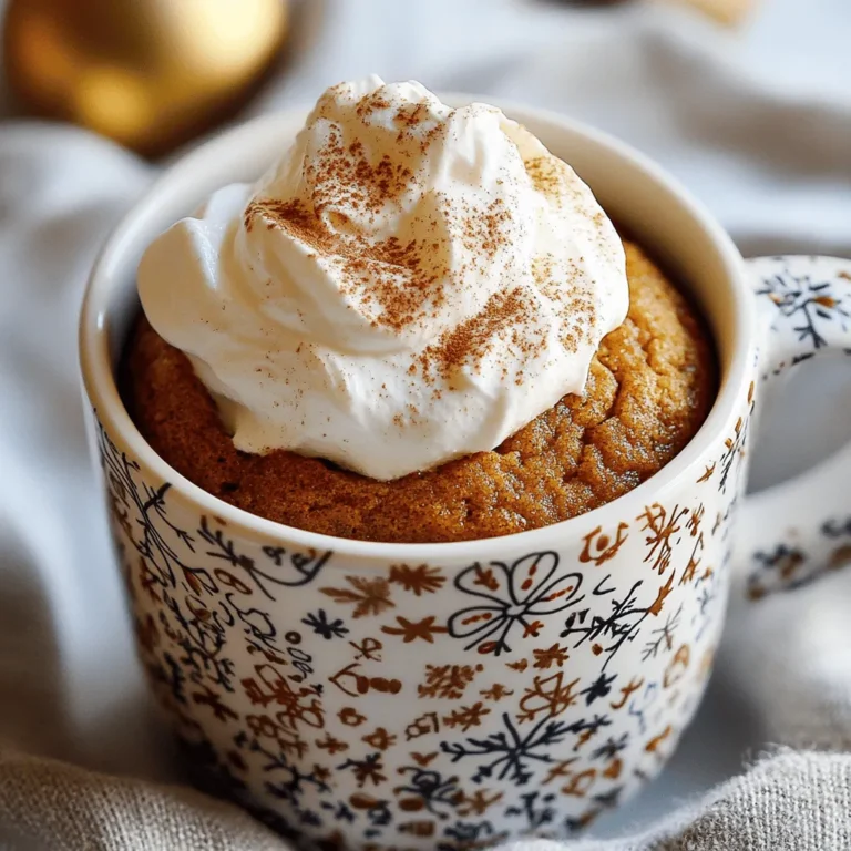 To make a delicious gingerbread mug cake, you'll need a few simple ingredients. Each one plays a key role in creating that warm, spiced flavor we love. - 4 tablespoons all-purpose flour: This forms the cake's base. It gives structure and helps it rise. - 2 tablespoons brown sugar: This adds sweetness and moisture. It also gives that deep, rich flavor. - 1/4 teaspoon baking powder: This helps the cake rise. It makes the texture light and fluffy. - 1/4 teaspoon ground ginger: This spice brings warmth and that classic gingerbread taste. - 1/4 teaspoon ground cinnamon: This adds a sweet and spicy note, enhancing the overall flavor. - 1/8 teaspoon ground nutmeg: Just a pinch of this spice adds depth and warmth. - Pinch of salt: Salt balances the sweetness and enhances all the flavors. - 3 tablespoons milk (or any milk alternative): This adds moisture, helping create a smooth batter. - 1 tablespoon vegetable oil: This keeps the cake moist and tender. - 1/4 teaspoon vanilla extract: This adds a lovely, sweet aroma that complements the spices. - Optional: Whipped cream or vanilla ice cream for serving: These toppings add extra creaminess and sweetness. If you have allergies, you can make some easy swaps. Use gluten-free flour instead of all-purpose flour. For dairy-free options, choose almond milk or coconut milk instead of regular milk. When picking ingredients, always choose high-quality. Fresh spices make a big difference in flavor. Look for organic options to boost taste and support sustainable farming. For the full recipe, refer to the sections above. Enjoy your warm and cozy gingerbread mug cake! To start, grab a microwave-safe mug. In this mug, you will combine the dry ingredients. - 4 tablespoons all-purpose flour - 2 tablespoons brown sugar - 1/4 teaspoon baking powder - 1/4 teaspoon ground ginger - 1/4 teaspoon ground cinnamon - 1/8 teaspoon ground nutmeg - Pinch of salt Mix these well. It is key to stir until everything blends evenly. If you do not mix well, you may bite into a pocket of spice or sugar. Next, you will add the wet ingredients. This is where the magic begins! - 3 tablespoons milk (or any milk alternative) - 1 tablespoon vegetable oil - 1/4 teaspoon vanilla extract Pour these into the dry mix. Use a fork to whisk everything together. Make sure to whisk until smooth. This helps avoid lumps. Lumps can ruin the soft texture of your cake. Now, it’s time to microwave your cake. For most microwaves, cook the mug on high for 1 minute and 20 seconds. However, every microwave is different. You may need to adjust the time. Check your cake as it cooks. You will know it is done when it rises and sets in the middle. Once finished, take the mug out of the microwave. Be careful; it will be hot! Allow it to cool for a minute. Now enjoy your gingerbread mug cake warm, perhaps with a dollop of whipped cream or a scoop of vanilla ice cream! This cake is a simple delight that warms the heart. To make the best gingerbread mug cake, avoid common mistakes. One big error is overmixing. Mixing too much makes the cake tough. Stir just until the ingredients blend. Another key tip is to measure accurately. Use measuring cups and spoons for the best results. This ensures the right balance of flavors and texture. When serving your mug cake, think about toppings. Whipped cream adds a nice touch. A scoop of vanilla ice cream pairs well too. For a festive look, sprinkle some cinnamon or nutmeg on top. You can even add a drizzle of caramel sauce. Present your cake in a fun mug to make it special. For added flavor, consider using more spices. Try a pinch of cloves or allspice for warmth. You can also mix in a few chocolate chips for sweetness. Using extracts like almond or maple can change the taste. Flavored syrups can add a twist too. Get creative and make it your own! For the complete method and measurements, check the Full Recipe. {{image_2}} You can easily add chocolate to your gingerbread mug cake. Just mix in some chocolate chips. You can use about 2 tablespoons of semi-sweet chocolate chips for a sweet treat. If you want a richer cake, melt a tablespoon of chocolate into the batter. This adds depth to the flavor. When you add chocolate, you may need to adjust the sugar. The chocolate adds sweetness, so cut back on the brown sugar to about 1 tablespoon. This keeps the cake from being too sweet. You can make this gingerbread mug cake healthier by lowering the sugar. Try using 1 tablespoon of honey or maple syrup instead of brown sugar. This keeps the moisture while lowering the sugar count. For gluten-free options, use almond flour or coconut flour. If you want a vegan version, swap the milk for almond or oat milk. You can use flaxseed meal mixed with water instead of egg for binding. You can customize your gingerbread mug cake for different holidays. In fall, add pumpkin spice to the mix for a cozy twist. Just add 1/4 teaspoon of pumpkin spice instead of the ginger and cinnamon. In winter, try adding cranberries or chopped apples for a burst of flavor. Top your cake with whipped cream and sprinkle with cinnamon for a festive look. For summer, fresh berries make a great topping, adding color and flavor to your dessert. Explore the [Full Recipe] for more ideas on making this cake your own! To keep your gingerbread mug cake fresh, store it in an airtight container. If you have leftovers, put the mug cake in the fridge. Make sure it cools to room temperature first. For longer storage, you can freeze it. Use a freezer-safe container or wrap it tightly in plastic wrap. This keeps it moist and tasty. When it's time to enjoy your leftover cake, reheating is key. The microwave works best. Heat it for about 15-20 seconds. Check it often to avoid drying it out. If you want to add toppings, do it after you heat the cake. Whipped cream or ice cream is best served warm. In the fridge, your gingerbread mug cake lasts about 2-3 days. If you freeze it, it can last up to a month. Always check for signs of spoilage before eating. Look for any off smells or changes in texture. If it feels dry or crumbly, it’s time to toss it. Enjoy your delicious treats safely! Yes, you can make a gingerbread mug cake in an oven. Here’s how: Preheat your oven to 350°F (175°C). Prepare your mug cake in an oven-safe mug or ramekin. Follow the same mixing steps as the microwave method. Then, bake it for about 15 to 20 minutes. Check if the cake is done by inserting a toothpick in the center. If it comes out clean, it’s ready to enjoy! To serve more people, you can scale the recipe. Start by multiplying each ingredient by the number of servings you want. For example, if you want to make four cakes, multiply each ingredient by four. You can mix everything in a large bowl and then divide it into separate mugs. Just remember to adjust the cooking time if you're using larger mugs or baking multiple cakes together. If you need a substitute for brown sugar, you have options. You can use white sugar mixed with molasses. For every cup of brown sugar, use one cup of white sugar and add one tablespoon of molasses. Alternatively, try coconut sugar or maple syrup. Each option may slightly change the flavor, but they add a nice sweetness to your gingerbread mug cake. In this post, we explored how to make a tasty gingerbread mug cake. Each ingredient plays a key role, and we discussed alternatives for common allergens. I shared step-by-step instructions, tips to avoid mistakes, and ways to enhance the flavor. We also covered fun variations and how to store leftovers. Remember, cooking is about finding what works for you. Enjoy creating your own gingerbread cake and making it your own!