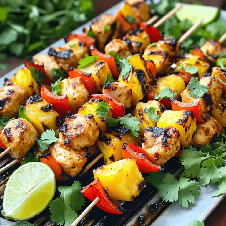 To make your Spicy Pineapple Chicken Kabobs, you need: - 1 pound boneless, skinless chicken breasts, cut into 1-inch cubes - 1 cup fresh pineapple, cut into 1-inch chunks - 1 red bell pepper, cut into 1-inch pieces - 1 yellow bell pepper, cut into 1-inch pieces - 1 small red onion, cut into wedges These ingredients bring together a sweet and spicy flavor that makes each bite satisfying. For the marinade, gather these items: - 3 tablespoons olive oil - 2 tablespoons soy sauce - 2 tablespoons honey - 1 tablespoon sriracha (adjust to taste) - 2 cloves garlic, minced - 1 teaspoon ground ginger - 1 teaspoon black pepper This marinade adds depth and excitement to your kabobs. The honey and sriracha mix perfectly for a sweet and spicy kick. You will also need: - Wooden or metal skewers - Fresh cilantro and lime wedges for garnish If you use wooden skewers, soak them in water for 30 minutes. This step helps prevent burning while grilling. The garnishes make your dish look stunning and fresh. For the full recipe, check out the Full Recipe section! To start, I mix the marinade in a large bowl. I add 3 tablespoons of olive oil, 2 tablespoons of soy sauce, and 2 tablespoons of honey. Next, I stir in 1 tablespoon of sriracha, 2 cloves of minced garlic, 1 teaspoon of ground ginger, and 1 teaspoon of black pepper. I whisk this all together until it blends well. This marinade adds great flavor to the chicken. Once the marinade is ready, I add 1 pound of chicken cubes. I make sure every piece is coated in the marinade. Then, I cover the bowl and put it in the fridge. I let it marinate for at least 30 minutes. For a deeper flavor, I often marinate it for up to 2 hours. This step is key for tasty kabobs. While the chicken marinates, I prepare my skewers. If I use wooden skewers, I soak them in water for at least 30 minutes. This helps prevent burning on the grill. After soaking, I take the chicken out of the fridge. I thread the chicken, fresh pineapple, red bell pepper, yellow bell pepper, and red onion onto the skewers. I alternate the ingredients for color and taste. Next, I preheat the grill to medium-high heat. Once it's hot, I place the kabobs on the grill. I cook them for about 12 to 15 minutes. I turn them occasionally to cook evenly. I know they are done when the chicken is cooked through and has a nice char. After grilling, I let the kabobs rest for a few minutes before serving. This keeps them juicy and delicious. For the full recipe, check out the details above. To get the best kabobs, start with even cuts. Make sure the chicken and veggies are all about the same size. This helps them cook evenly. Use a hot grill to get a good char. When you place the kabobs on the grill, keep an eye on them. Turn them every few minutes. This way, every side gets nice and crispy. Aim for a golden color on the chicken. It means they are cooked through and ready to eat. If you like it hot, add more sriracha. Start with a tablespoon, then taste the marinade. If it’s not spicy enough for you, add a bit more. You can also adjust the black pepper. If you prefer a milder flavor, cut back on the sriracha. Always remember, you can add more spice but can't take it out once mixed. So, start small and taste as you go. For a great presentation, use a large platter. Arrange the kabobs in a circle for a colorful display. Add fresh cilantro on top for a pop of green. Lime wedges on the side add color and a zesty flavor. You can also serve the kabobs with rice or a salad for a complete meal. Drizzle some extra marinade over the top for added taste. Enjoy your beautiful and tasty creation! {{image_2}} You can easily switch up the protein in your kabobs. If you want a plant-based option, try tofu. Tofu absorbs flavors well and adds a nice texture. For seafood lovers, shrimp works great too. Shrimp cooks fast and brings a sweet taste that pairs well with pineapple. Use these swaps to match your taste or dietary needs. Feel free to get creative with your marinades. Teriyaki adds a sweet and savory twist. It has soy sauce, sugar, and ginger, giving the kabobs a lovely glaze. Barbecue sauce is another tasty option. It gives a smoky flavor that complements the sweetness of the pineapple. Try different marinades to find your favorite flavor. Use fresh, seasonal veggies to enhance your kabobs. In spring, asparagus or zucchini adds a nice crunch. In summer, corn or cherry tomatoes can bring bright flavor. Seasonal ingredients not only taste better but also make your kabobs more colorful and fun. Adjust your veggie choices based on what’s available to keep things exciting. For the full recipe, check the details above. To store leftover kabobs, let them cool to room temperature. Place them in an airtight container. You can keep them in the fridge for up to three days. Make sure to separate the chicken from the veggies if you want them to stay fresh longer. This helps maintain the texture and flavor of each ingredient. To reheat kabobs without drying them out, use the oven or a skillet. For the oven, preheat to 350°F. Place the kabobs on a baking sheet and cover them with foil. Heat for about 10-15 minutes. If using a skillet, heat it over medium-low. Add a splash of water and cover. This steam helps keep the kabobs moist while warming them through. You can freeze kabobs for future meals. First, let the cooked kabobs cool completely. Place them in a freezer-safe bag or container. Be sure to remove as much air as possible. These kabobs can last for up to three months in the freezer. If you want to freeze marinated chicken, do so before cooking. Just combine the chicken and marinade in a freezer bag. When ready to cook, thaw in the fridge overnight before grilling. To make Spicy Pineapple Chicken Kabobs, follow these steps: 1. Marinate the Chicken: In a bowl, mix olive oil, soy sauce, honey, sriracha, garlic, ginger, and black pepper. Add chicken cubes and coat well. Cover and chill for 30 minutes. 2. Prep the Skewers: Soak wooden skewers in water for 30 minutes. This helps prevent burning. 3. Assemble the Kabobs: Thread chicken, pineapple, bell peppers, and red onion onto the skewers. Alternate the ingredients for a colorful look. 4. Grill the Kabobs: Preheat your grill to medium-high. Grill kabobs for 12-15 minutes, turning them often until the chicken is fully cooked. 5. Serve: Let kabobs rest for a few minutes. Serve with fresh cilantro and lime for a burst of flavor. This recipe creates a tasty balance of sweet and spicy flavors that will impress your guests. For the full recipe, check below. Grilling chicken kabobs well requires attention to detail: - Preheat the Grill: Always preheat your grill for even cooking. - Use Medium-High Heat: This heat level helps achieve a nice char without burning. - Don’t Crowd the Skewers: Give each piece space for even cooking and proper heat circulation. - Turn Regularly: Rotate the kabobs every few minutes for consistent cooking. - Check for Doneness: Use a meat thermometer. Chicken should reach 165°F internally for safety. Following these tips will give you juicy, flavorful kabobs every time. Yes, you can prepare kabobs ahead of time! Here’s how: - Marinate in Advance: Marinate the chicken a few hours or the night before. This makes the chicken more flavorful. - Skewering: You can thread the kabobs a few hours before grilling. Cover them and keep them in the fridge. - Storage: Keep the kabobs in an airtight container until you’re ready to grill. By prepping early, you save time and can focus on other dishes or enjoy your guests. To make delicious pineapple chicken kabobs, use key ingredients like chicken, pineapple, and veggies. Mix a tasty marinade with simple pantry items. Skewering is easy with wooden or metal sticks. After marinating, grill the kabobs for the best flavor. Keep in mind tips to perfect your cooking. Feel free to swap ingredients or try new marinades for variety. Store leftovers properly and reheat them right to enjoy later. Making kabobs should be fun and tasty, so experiment and share with friends!
