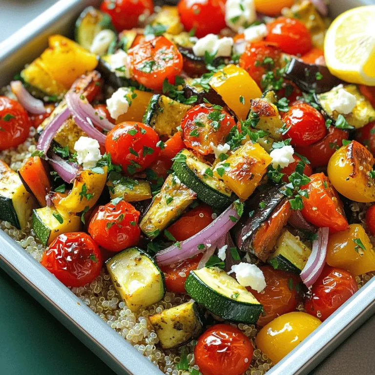 - 1 medium zucchini, diced - 1 red bell pepper, diced - 1 yellow bell pepper, diced - 1 red onion, cut into wedges - 1 cup cherry tomatoes, halved - 1 eggplant, diced - 4 cloves garlic, minced - 3 tablespoons olive oil - 1 teaspoon dried oregano - 1 teaspoon smoked paprika - Salt and pepper to taste - 1 cup quinoa, rinsed - 2 cups vegetable broth - Fresh parsley, chopped for garnish - Feta cheese (optional) The key to a great roasted Mediterranean veggie bowl is fresh ingredients. Each vegetable brings its own flavor and texture. I love using zucchini, bell peppers, onions, cherry tomatoes, and eggplant. These veggies roast well, becoming tender and sweet. For seasoning, garlic, olive oil, oregano, and smoked paprika add depth. The olive oil helps the veggies caramelize, making them flavorful. Don't forget salt and pepper to bring out all the tastes. Quinoa serves as a perfect base for this bowl. It cooks fluffy and adds protein. Using vegetable broth instead of water enhances its taste. For a finishing touch, fresh parsley adds color and brightness. If you like cheese, sprinkle feta on top for creaminess. Gather all these ingredients for a delicious meal. You can find the full recipe above for complete instructions. - Preheat oven to 425°F (220°C). - Prepare and dice all vegetables as per the ingredients list. Getting the oven hot is key. It helps the veggies roast nicely. I like to chop my vegetables into small, even pieces. This ensures they cook at the same time. - Combine vegetables in a bowl, add olive oil and seasonings, and mix well. - Spread the mixture on a baking sheet and roast for 25-30 minutes. In a large bowl, mix all your diced veggies. Drizzle olive oil over them. Add the garlic, oregano, smoked paprika, salt, and pepper. Stir well so every piece gets coated. Next, spread the mixture on a baking sheet. Make sure they are in a single layer for even cooking. Roast them for 25-30 minutes. They should be tender and slightly caramelized when done. - In a saucepan, combine rinsed quinoa and vegetable broth. - Bring it to a boil, then simmer on low until fluffy (15-20 minutes). While the veggies roast, it's time to cook the quinoa. First, rinse the quinoa under cold water. This helps remove any bitterness. In a saucepan, mix the rinsed quinoa with vegetable broth. Bring it to a boil, then lower the heat. Cover and let it simmer for 15-20 minutes. The quinoa should be fluffy and all the broth absorbed when ready. This simple method gives you a great base for your roasted Mediterranean veggie bowl. For the full recipe, check the earlier section. To get tender and caramelized veggies, cut them into even sizes. This helps them cook evenly. Use a high temperature, like 425°F (220°C). Spread the veggies out on the baking sheet. If they are too close, they will steam instead of roast. Stir them halfway through cooking. This ensures even browning. For zucchini and bell peppers, roast for about 25 minutes. For denser veggies like eggplant and onion, you might need up to 30 minutes. Rinsing quinoa is key. It removes a bitter coating called saponin. Use a fine mesh strainer and rinse under cold water. This step makes your quinoa taste great. To know when quinoa is done, look for tiny white tails. This means it is cooked perfectly. It should be fluffy and not mushy. Cook it in vegetable broth for extra flavor. Simmer on low for about 15-20 minutes. Garnish your bowl with fresh parsley for a pop of color and taste. You can also add feta cheese if you like. For more flavor, drizzle some olive oil on top. A squeeze of lemon brightens everything up. Serve the veggies in deep bowls. This makes it look nice and lets the flavors shine. You might add a side of whole grain pita for extra crunch. For a fun twist, use a colorful mix of bowls. This adds to the dish's appeal. For the full recipe, you can check out the detailed instructions provided. {{image_2}} You can add many seasonal vegetables for variety. Try using asparagus, carrots, or butternut squash. These veggies bring new tastes and colors to your bowl. You can also explore different textures with sweet potatoes or cauliflower. Mixing in these options keeps your meals fresh and exciting. Adding protein makes your veggie bowl more filling. You can use chickpeas or grilled chicken for a tasty boost. If you prefer plant-based options, consider black beans or lentils. Tofu or tempeh also works well and soaks up flavors nicely. These protein sources make your meal hearty and satisfying. To make your bowl extra special, try adding fresh herbs like basil or mint. These herbs give bright flavors that enhance the dish. You can also sprinkle in spices like cumin or coriander for a warm kick. For dressings, a simple lemon vinaigrette or tahini sauce pairs perfectly. These options let you customize your bowl to suit your taste. For the full recipe, check out the details above! To keep your roasted Mediterranean veggie bowl fresh, let it cool first. Store leftovers in an airtight container. This helps maintain flavor and texture. Place the container in the refrigerator. Use it within three to four days for the best taste. For meal prep, glass containers work great. They are sturdy and help keep your food fresh. When you reheat, aim to keep the taste and texture intact. Use the oven for even heating. Set it to 350°F (175°C) and heat for about 10-15 minutes. Stir the veggies halfway through for even warmth. If you use a microwave, reheat in short bursts. This helps avoid soggy veggies. To keep quinoa fluffy, add a splash of water before reheating. Stir it gently to fluff it up. To freeze parts of your meal, let everything cool down first. Divide the roasted veggies and quinoa into portions. Use freezer-safe bags or containers. Squeeze out as much air as possible to prevent freezer burn. They can last up to three months in the freezer. When you want to eat them, thaw overnight in the fridge. Reheat using the oven or microwave as mentioned above. Enjoy the taste of summer, even in winter! A Mediterranean veggie bowl is a colorful dish that highlights fresh veggies. You usually find ingredients like zucchini, bell peppers, onions, tomatoes, and eggplant in these bowls. The veggies are roasted to bring out their flavors. They often sit on a base of quinoa or other grains. You can top it with herbs and cheese for extra flavor. This dish is both healthy and filling. It celebrates the simple, bright flavors of the Mediterranean diet. Yes, you can use other grains in this dish. Rice is a common swap. Brown or white rice works great. Couscous is another quick option. It cooks fast and adds a nice texture. Bulgur is also a healthy choice. Each grain adds its own unique flavor. Just make sure to adjust the cooking time and liquid amounts based on what you choose. To make this dish vegan, skip the feta cheese. Instead, you can use a dairy-free cheese or leave it out. You can also add more herbs to enhance the flavor. Consider using nutritional yeast for a cheesy taste without dairy. This way, the bowl stays tasty and plant-based. Just follow the Full Recipe for all the steps! This blog post covers a delicious Mediterranean veggie bowl. We discussed fresh vegetables, seasonings, grains, and tips for perfect preparation. You learned how to roast veggies, cook quinoa, and garnish your dish beautifully. In the end, this bowl is not just easy to make—it’s versatile too. Feel free to add your favorite veggies or proteins. With these tips, you can enjoy a healthy, tasty meal anytime. Start cooking and enjoy the flavors!