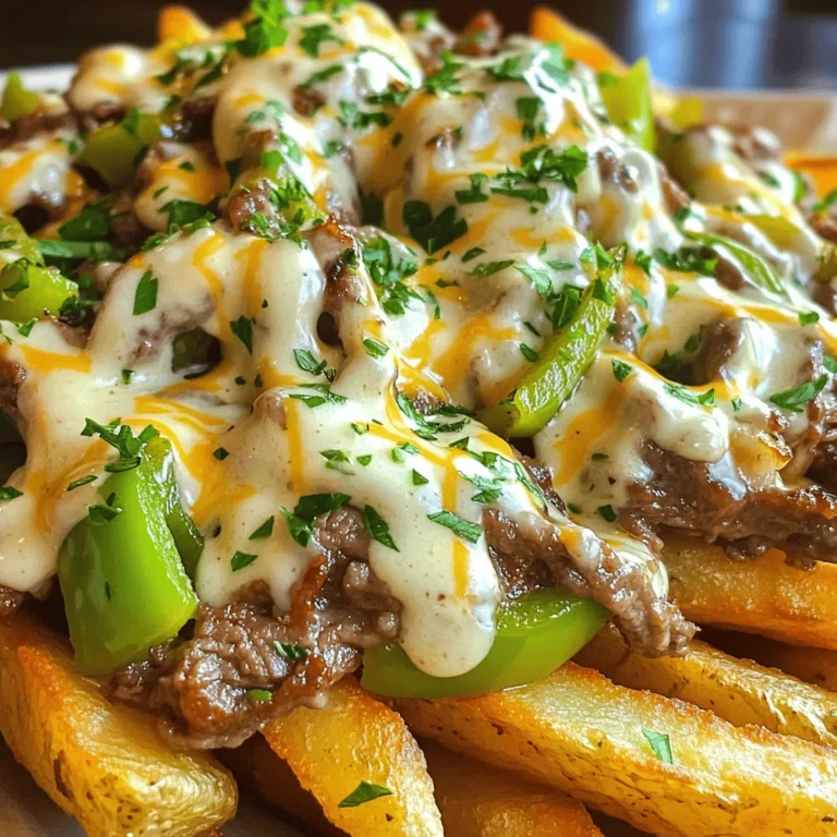 - 4 large russet potatoes - 1 lb beef steak (sirloin or ribeye), thinly sliced - 1 small onion, finely chopped - 1 green bell pepper, finely chopped - 1 cup provolone cheese, shredded - ½ cup cream cheese, softened - 1 tablespoon Worcestershire sauce - 2 tablespoons olive oil - 2 cloves garlic, minced - Salt and pepper to taste - Fresh parsley, chopped (for garnish) To make loaded Philly cheesesteak fries, you need fresh ingredients. Start with russet potatoes. They are perfect for fries. Use a good cut of beef, like sirloin or ribeye. This gives your dish great flavor. Onions and green bell peppers add sweetness and crunch. Provolone cheese brings a creamy texture. Cream cheese helps create a smooth sauce. Worcestershire sauce adds a savory kick. Olive oil is key for roasting the fries. Garlic gives a nice aroma. Don’t forget salt and pepper to season everything. Lastly, parsley adds color and freshness. Gather these ingredients before you start cooking. Having everything ready makes the process easy. For the full recipe, check out the detailed instructions. Enjoy the cooking! - Preheat your oven to 425°F (220°C). - Wash and cut the russet potatoes into thin strips. - Dry the potato strips with a paper towel. To make crispy fries, starting with dry potatoes is key. Wet fries will steam instead of crisping up. Cutting them thin helps achieve that crunchy texture we all crave. - Toss potato strips with olive oil, salt, and pepper. - Spread on a baking sheet and bake until crispy. Coating the fries with olive oil enhances flavor and helps them crisp. Spread them out evenly on the baking sheet to avoid sogginess. Flip them halfway through baking for even cooking. - Sauté onions and bell peppers in a skillet. - Add minced garlic and cook. - Incorporate the thinly sliced beef and season with Worcestershire sauce. Use medium-high heat for the skillet. This will soften the onions and peppers quickly. Once you add the beef, cook until it’s browned. The Worcestershire sauce adds a nice umami boost. - Mix cream cheese with half of the shredded provolone cheese. This creamy mixture blends well with the fries and beef. It adds a rich taste that makes the dish even more enjoyable. - Layer cooked beef and vegetable mixture over baked fries. - Drizzle with the cream cheese mixture and sprinkle remaining cheese. Start with the fries as a base. Then, add the beef and veggies generously. Top it with both cheese layers for that gooey, melty effect. - Bake until cheese is melted and bubbly. - Garnish with fresh parsley and serve. Return the loaded fries to the oven for a short bake. This step ensures the cheese melts perfectly. As a finishing touch, sprinkle fresh parsley for color and a hint of freshness. You can find the Full Recipe if you want detailed steps. Enjoy making this delicious dish! For the best fries, I love using large russet potatoes. They are starchy and turn crispy when baked. Cut them into thin strips for that perfect fry texture. Aim for a thickness of about 1/4 inch. This size helps them cook evenly and get that golden crunch. To make a smooth cheese sauce, blend cream cheese with shredded provolone cheese. Start with softened cream cheese for easy mixing. Try adding different cheeses too. Cheddar or gouda can give your sauce a nice twist. Just mix them in for rich flavor. Spice things up with extras like garlic powder or smoked paprika. These add depth to your dish. You can also top your fries with jalapeños or pickled peppers for a kick. For dipping sauces, ranch or spicy ketchup pairs great. These choices will elevate your loaded fries experience. For the complete cooking guide, check the Full Recipe. {{image_2}} For a veggie twist, use mushrooms or plant-based meat instead of beef. Mushrooms add a rich, umami flavor. They also keep the dish hearty and satisfying. You can also load up on fresh vegetables. Think about toppings like spinach, tomatoes, or zucchini. These add color and nutrients to your fries. If you love heat, add jalapeños or a splash of hot sauce. These spicy elements kick up the flavor. You can also try spicy cheese varieties, like pepper jack. This will give your fries an extra layer of heat and creaminess, making every bite exciting. Cheese is key to amazing loaded fries. While provolone is classic, feel free to explore other options. Cheddar offers a sharp taste, while gouda brings a smoky richness. Mixing different cheeses can create diverse taste profiles. Try blending them for a unique flavor experience. Each cheese adds its own twist, making your fries even more delicious. To keep your loaded Philly cheesesteak fries fresh, store them in an airtight container. This helps prevent moisture loss and keeps the fries crispy. If you have leftovers, they stay good in the fridge for about 3 days. If you plan to eat them later, make sure they cool down before sealing them up. When it comes to reheating, the oven is your best friend. Preheat it to 350°F (175°C). Spread the fries on a baking sheet and bake for about 10-15 minutes. This method helps keep them crisp. Avoid using the microwave, as it can make the fries soggy. If you want to keep the cheese melty, cover them with foil for part of the time. This way, you can enjoy your tasty fries just as you did when they were fresh! The best beef for cheesesteak fries is sirloin or ribeye. Sirloin has a nice balance of flavor and tenderness, while ribeye is rich and juicy. Both cuts cook well and absorb flavors nicely. When you slice the beef thin, it cooks fast and stays tender. Yes, you can prep ingredients in advance. Cut the potatoes and store them in water to keep them fresh. You can also slice the beef and veggies a day before. Just keep them in the fridge. This way, when you are ready to cook, everything is ready to go. You can make the fries healthier by baking instead of frying. Use less oil or switch to a spray oil. Choose sweet potatoes for added nutrients. You can also skip the cream cheese or use a low-fat version. These changes will keep the dish tasty and lower in calories. You can find the Full Recipe online. It gives step-by-step details and tips for making the best Loaded Philly Cheesesteak Fries. Check it out for all the ingredients and instructions! Loaded fries bring joy and flavor to any meal. This blog covered all you need: the right ingredients, step-by-step instructions, tips, variations, and storage info. You can easily create delicious loaded fries at home. Try different cheeses or toppings to make it yours. Remember, leftovers can stay fresh in the fridge for a few days. Enjoy your tasty creation, and share your twists for others to try!