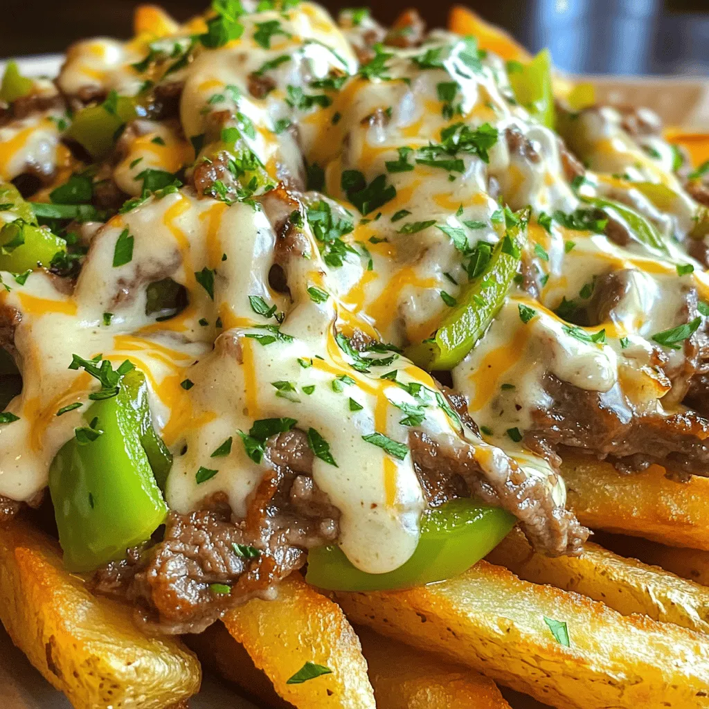 - 4 large russet potatoes - 1 lb beef steak (sirloin or ribeye), thinly sliced - 1 small onion, finely chopped - 1 green bell pepper, finely chopped - 1 cup provolone cheese, shredded - ½ cup cream cheese, softened - 1 tablespoon Worcestershire sauce - 2 tablespoons olive oil - 2 cloves garlic, minced - Salt and pepper to taste - Fresh parsley, chopped (for garnish) To make loaded Philly cheesesteak fries, you need fresh ingredients. Start with russet potatoes. They are perfect for fries. Use a good cut of beef, like sirloin or ribeye. This gives your dish great flavor. Onions and green bell peppers add sweetness and crunch. Provolone cheese brings a creamy texture. Cream cheese helps create a smooth sauce. Worcestershire sauce adds a savory kick. Olive oil is key for roasting the fries. Garlic gives a nice aroma. Don’t forget salt and pepper to season everything. Lastly, parsley adds color and freshness. Gather these ingredients before you start cooking. Having everything ready makes the process easy. For the full recipe, check out the detailed instructions. Enjoy the cooking! - Preheat your oven to 425°F (220°C). - Wash and cut the russet potatoes into thin strips. - Dry the potato strips with a paper towel. To make crispy fries, starting with dry potatoes is key. Wet fries will steam instead of crisping up. Cutting them thin helps achieve that crunchy texture we all crave. - Toss potato strips with olive oil, salt, and pepper. - Spread on a baking sheet and bake until crispy. Coating the fries with olive oil enhances flavor and helps them crisp. Spread them out evenly on the baking sheet to avoid sogginess. Flip them halfway through baking for even cooking. - Sauté onions and bell peppers in a skillet. - Add minced garlic and cook. - Incorporate the thinly sliced beef and season with Worcestershire sauce. Use medium-high heat for the skillet. This will soften the onions and peppers quickly. Once you add the beef, cook until it’s browned. The Worcestershire sauce adds a nice umami boost. - Mix cream cheese with half of the shredded provolone cheese. This creamy mixture blends well with the fries and beef. It adds a rich taste that makes the dish even more enjoyable. - Layer cooked beef and vegetable mixture over baked fries. - Drizzle with the cream cheese mixture and sprinkle remaining cheese. Start with the fries as a base. Then, add the beef and veggies generously. Top it with both cheese layers for that gooey, melty effect. - Bake until cheese is melted and bubbly. - Garnish with fresh parsley and serve. Return the loaded fries to the oven for a short bake. This step ensures the cheese melts perfectly. As a finishing touch, sprinkle fresh parsley for color and a hint of freshness. You can find the Full Recipe if you want detailed steps. Enjoy making this delicious dish! For the best fries, I love using large russet potatoes. They are starchy and turn crispy when baked. Cut them into thin strips for that perfect fry texture. Aim for a thickness of about 1/4 inch. This size helps them cook evenly and get that golden crunch. To make a smooth cheese sauce, blend cream cheese with shredded provolone cheese. Start with softened cream cheese for easy mixing. Try adding different cheeses too. Cheddar or gouda can give your sauce a nice twist. Just mix them in for rich flavor. Spice things up with extras like garlic powder or smoked paprika. These add depth to your dish. You can also top your fries with jalapeños or pickled peppers for a kick. For dipping sauces, ranch or spicy ketchup pairs great. These choices will elevate your loaded fries experience. For the complete cooking guide, check the Full Recipe. {{image_2}} For a veggie twist, use mushrooms or plant-based meat instead of beef. Mushrooms add a rich, umami flavor. They also keep the dish hearty and satisfying. You can also load up on fresh vegetables. Think about toppings like spinach, tomatoes, or zucchini. These add color and nutrients to your fries. If you love heat, add jalapeños or a splash of hot sauce. These spicy elements kick up the flavor. You can also try spicy cheese varieties, like pepper jack. This will give your fries an extra layer of heat and creaminess, making every bite exciting. Cheese is key to amazing loaded fries. While provolone is classic, feel free to explore other options. Cheddar offers a sharp taste, while gouda brings a smoky richness. Mixing different cheeses can create diverse taste profiles. Try blending them for a unique flavor experience. Each cheese adds its own twist, making your fries even more delicious. To keep your loaded Philly cheesesteak fries fresh, store them in an airtight container. This helps prevent moisture loss and keeps the fries crispy. If you have leftovers, they stay good in the fridge for about 3 days. If you plan to eat them later, make sure they cool down before sealing them up. When it comes to reheating, the oven is your best friend. Preheat it to 350°F (175°C). Spread the fries on a baking sheet and bake for about 10-15 minutes. This method helps keep them crisp. Avoid using the microwave, as it can make the fries soggy. If you want to keep the cheese melty, cover them with foil for part of the time. This way, you can enjoy your tasty fries just as you did when they were fresh! The best beef for cheesesteak fries is sirloin or ribeye. Sirloin has a nice balance of flavor and tenderness, while ribeye is rich and juicy. Both cuts cook well and absorb flavors nicely. When you slice the beef thin, it cooks fast and stays tender. Yes, you can prep ingredients in advance. Cut the potatoes and store them in water to keep them fresh. You can also slice the beef and veggies a day before. Just keep them in the fridge. This way, when you are ready to cook, everything is ready to go. You can make the fries healthier by baking instead of frying. Use less oil or switch to a spray oil. Choose sweet potatoes for added nutrients. You can also skip the cream cheese or use a low-fat version. These changes will keep the dish tasty and lower in calories. You can find the Full Recipe online. It gives step-by-step details and tips for making the best Loaded Philly Cheesesteak Fries. Check it out for all the ingredients and instructions! Loaded fries bring joy and flavor to any meal. This blog covered all you need: the right ingredients, step-by-step instructions, tips, variations, and storage info. You can easily create delicious loaded fries at home. Try different cheeses or toppings to make it yours. Remember, leftovers can stay fresh in the fridge for a few days. Enjoy your tasty creation, and share your twists for others to try!