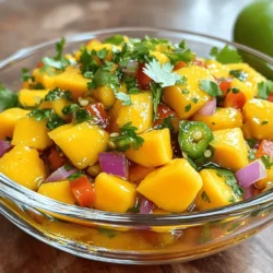 To make Sweet Heat Mango Salsa, gather these fresh ingredients: - 2 ripe mangoes, diced - 1 small red onion, finely chopped - 1 red bell pepper, diced - 1 jalapeño, deseeded and minced (adjust for heat preference) - 1/4 cup fresh cilantro, chopped - 2 tablespoons lime juice - 1 tablespoon honey (or agave syrup for a vegan option) - Salt to taste - Zest of 1 lime If you cannot find any of these ingredients, don’t worry! Here are some easy swaps: - Use green onions instead of red onion for a milder taste. - Swap red bell pepper with yellow or orange pepper for different colors. - If jalapeño is too spicy, use a bell pepper instead. - For a sweeter option, try using ripe peaches in place of mangoes. - If you don't have lime juice, lemon juice works well too. Choosing fresh produce is key to a tasty salsa. Here are some tips: - For mangoes, look for skin that is slightly wrinkled and gives a little when pressed. - Choose onions that are firm and have no soft spots. - Select bell peppers that are shiny and have a firm feel. - When picking jalapeños, choose ones that are firm with a bright color. - Always smell your cilantro; it should have a strong, fresh scent. With these tips and ingredients, you're ready to make a vibrant and tasty Sweet Heat Mango Salsa! For the complete instructions, check the Full Recipe. First, gather your ingredients. You need: - 2 ripe mangoes, diced - 1 small red onion, finely chopped - 1 red bell pepper, diced - 1 jalapeño, deseeded and minced - 1/4 cup fresh cilantro, chopped - 2 tablespoons lime juice - 1 tablespoon honey - Salt to taste - Zest of 1 lime Wash all your fresh produce. Peel and dice the mangoes. Chop the red onion and bell pepper. For the jalapeño, remove the seeds to control the heat. If you like it spicy, keep some seeds. Use gloves if you need to. In a large mixing bowl, add the diced mangoes, red onion, red bell pepper, and cilantro. In a small bowl, mix the lime juice, honey, lime zest, and salt. Whisk it until well combined. Pour this mixture over the fruit and veggies. Gently toss everything together. You want each piece to be coated. After mixing, taste your salsa. You can add more salt or honey to suit your taste. Let the salsa sit for at least 15 minutes. This step helps the flavors blend together. Serve your Sweet Heat Mango Salsa chilled or at room temperature. It pairs well with grilled chicken or fish. You can also enjoy it with tortilla chips for a fun snack. For a fresh twist, add it to tacos or salads. You can find the full recipe above. Enjoy your delicious creation! To control the heat, start with one jalapeño. If you want more spice, add another jalapeño. You can also leave the seeds in for extra heat. If you prefer it milder, remove the seeds and the white parts inside. This salsa balances sweet and spicy, so find the right heat for your taste. Mangoes can be tricky to cut. First, wash the mango and slice off both ends. Stand it upright and cut down along the pit. This gives you two large pieces. Use a knife to score the flesh into cubes without cutting through the skin. Then, scoop the mango out with a spoon. This method makes dicing easy and fun! To boost the flavor, use fresh lime juice. The acidity brightens the taste. You can also add a pinch of salt to enhance sweetness. For extra depth, consider adding a dash of cumin or smoked paprika. These spices can add a new layer of flavor to your mango salsa. Each addition creates a unique taste experience. Enjoy experimenting! {{image_2}} You can switch up flavors by adding other fruits. Pineapple and peach work great. Pineapple adds a tropical, tangy taste. It pairs well with mango's sweetness. To use pineapple, chop it into small pieces. Mix it in with the other ingredients. Peach brings a juicy and fragrant twist. It adds a nice balance to the heat. Just like with pineapple, chop the peach small. You can even blend the fruits for a smooth salsa. Get creative and see which fruit you like best! If you love heat, there are easy ways to spice things up. Start with a hotter pepper, like serrano or habanero. You can also add more jalapeños. Just remember to taste as you go! Another fun option is to sprinkle in cayenne pepper or chili powder. This can boost the heat without changing the salsa's texture. For a smoky flavor, try adding smoked paprika. Making this salsa vegan is simple and tasty. Swap honey for agave syrup; it works perfectly! You can also use maple syrup for a different sweetness. If you want a zesty kick, try adding chopped avocado. It gives a creamy texture while keeping it vegan. Mixing in some black beans can add protein and make it heartier. Enjoy exploring these vegan swaps! Check out the Full Recipe for more details. To keep your Sweet Heat Mango Salsa fresh, store it in an airtight container. Glass containers work well, as they help prevent odors. Place a piece of plastic wrap directly on the salsa before sealing. This keeps air out and helps maintain freshness. When stored properly, your mango salsa lasts about 3 to 5 days in the fridge. The flavors will meld and deepen over time. However, the texture may change as the mangoes soften. Always check for any signs of spoilage before eating. If you have leftover salsa, use it in fun ways. Add it to tacos or grilled chicken. You can mix it into a salad for a fresh twist. You can even blend it into a smoothie for a fruity kick. Don't let the salsa go to waste; get creative! Yes, you can make Sweet Heat Mango Salsa in advance. It tastes better after resting. The flavors blend well when you let it sit. I suggest making it a few hours before serving. Just keep it covered in the fridge. You can serve mango salsa with many dishes. It pairs well with grilled chicken or fish. You can also use it as a topping for tacos. Serve it with tortilla chips for a tasty snack. It adds a nice kick to any meal. Mango salsa is great for meal prep. It lasts for up to three days in the fridge. You can easily make a big batch and enjoy it all week. Just remember to store it in a sealed container. This makes it easy to grab and go. Check out the Full Recipe for more tips on meal prep! This blog post covered key steps to make delicious Sweet Heat Mango Salsa. We explored ingredients, substitutes, and tips to pick fresh produce. You learned how to prepare and combine those ingredients for great taste. We shared tricks for spice adjustments and flavor enhancements. There are also ideas for fruity variations and best storage practices. In the end, this salsa is easy to make and fun to enjoy. You can adapt it to suit your taste. Dive in and start creating your own unique salsa masterpiece!