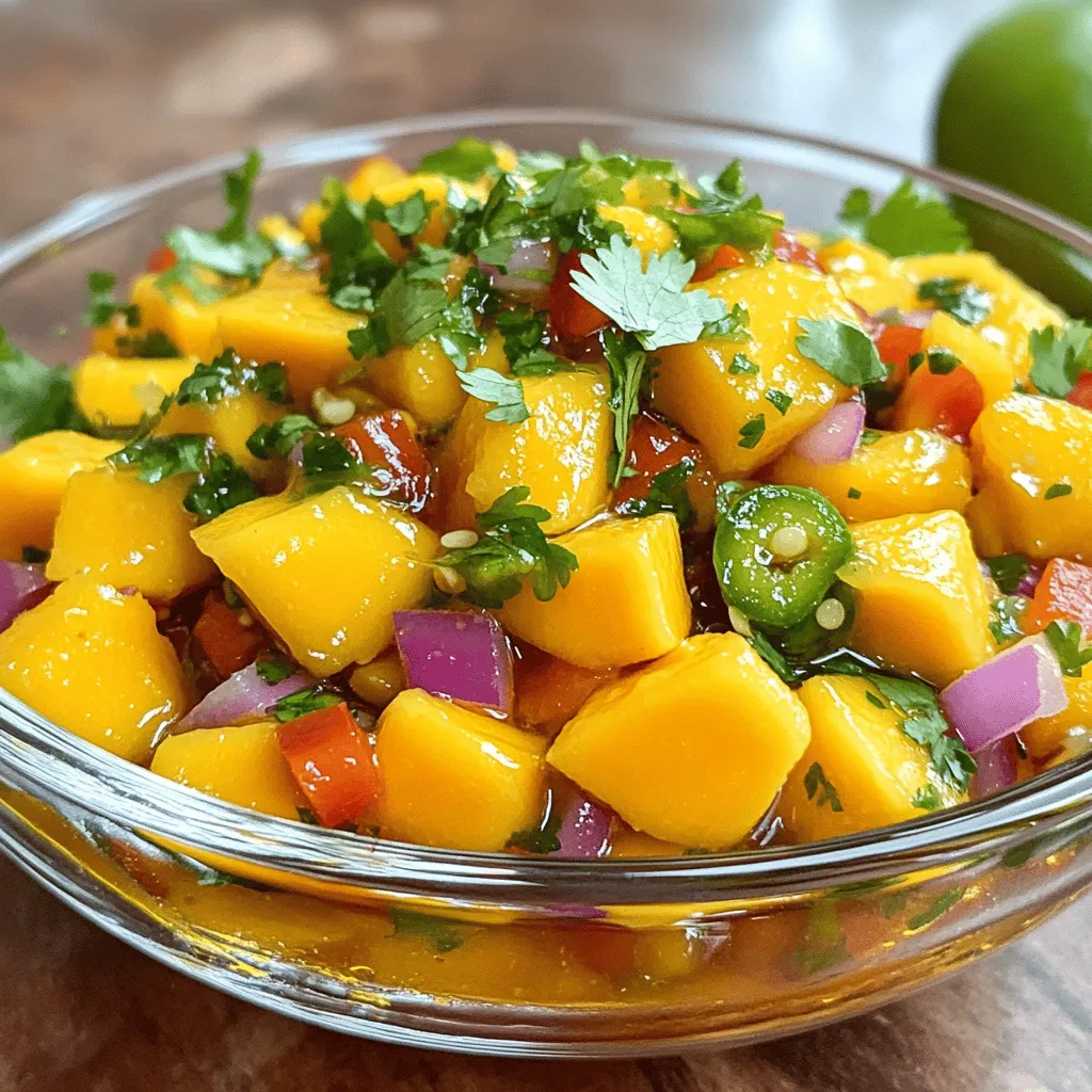 To make Sweet Heat Mango Salsa, gather these fresh ingredients: - 2 ripe mangoes, diced - 1 small red onion, finely chopped - 1 red bell pepper, diced - 1 jalapeño, deseeded and minced (adjust for heat preference) - 1/4 cup fresh cilantro, chopped - 2 tablespoons lime juice - 1 tablespoon honey (or agave syrup for a vegan option) - Salt to taste - Zest of 1 lime If you cannot find any of these ingredients, don’t worry! Here are some easy swaps: - Use green onions instead of red onion for a milder taste. - Swap red bell pepper with yellow or orange pepper for different colors. - If jalapeño is too spicy, use a bell pepper instead. - For a sweeter option, try using ripe peaches in place of mangoes. - If you don't have lime juice, lemon juice works well too. Choosing fresh produce is key to a tasty salsa. Here are some tips: - For mangoes, look for skin that is slightly wrinkled and gives a little when pressed. - Choose onions that are firm and have no soft spots. - Select bell peppers that are shiny and have a firm feel. - When picking jalapeños, choose ones that are firm with a bright color. - Always smell your cilantro; it should have a strong, fresh scent. With these tips and ingredients, you're ready to make a vibrant and tasty Sweet Heat Mango Salsa! For the complete instructions, check the Full Recipe. First, gather your ingredients. You need: - 2 ripe mangoes, diced - 1 small red onion, finely chopped - 1 red bell pepper, diced - 1 jalapeño, deseeded and minced - 1/4 cup fresh cilantro, chopped - 2 tablespoons lime juice - 1 tablespoon honey - Salt to taste - Zest of 1 lime Wash all your fresh produce. Peel and dice the mangoes. Chop the red onion and bell pepper. For the jalapeño, remove the seeds to control the heat. If you like it spicy, keep some seeds. Use gloves if you need to. In a large mixing bowl, add the diced mangoes, red onion, red bell pepper, and cilantro. In a small bowl, mix the lime juice, honey, lime zest, and salt. Whisk it until well combined. Pour this mixture over the fruit and veggies. Gently toss everything together. You want each piece to be coated. After mixing, taste your salsa. You can add more salt or honey to suit your taste. Let the salsa sit for at least 15 minutes. This step helps the flavors blend together. Serve your Sweet Heat Mango Salsa chilled or at room temperature. It pairs well with grilled chicken or fish. You can also enjoy it with tortilla chips for a fun snack. For a fresh twist, add it to tacos or salads. You can find the full recipe above. Enjoy your delicious creation! To control the heat, start with one jalapeño. If you want more spice, add another jalapeño. You can also leave the seeds in for extra heat. If you prefer it milder, remove the seeds and the white parts inside. This salsa balances sweet and spicy, so find the right heat for your taste. Mangoes can be tricky to cut. First, wash the mango and slice off both ends. Stand it upright and cut down along the pit. This gives you two large pieces. Use a knife to score the flesh into cubes without cutting through the skin. Then, scoop the mango out with a spoon. This method makes dicing easy and fun! To boost the flavor, use fresh lime juice. The acidity brightens the taste. You can also add a pinch of salt to enhance sweetness. For extra depth, consider adding a dash of cumin or smoked paprika. These spices can add a new layer of flavor to your mango salsa. Each addition creates a unique taste experience. Enjoy experimenting! {{image_2}} You can switch up flavors by adding other fruits. Pineapple and peach work great. Pineapple adds a tropical, tangy taste. It pairs well with mango's sweetness. To use pineapple, chop it into small pieces. Mix it in with the other ingredients. Peach brings a juicy and fragrant twist. It adds a nice balance to the heat. Just like with pineapple, chop the peach small. You can even blend the fruits for a smooth salsa. Get creative and see which fruit you like best! If you love heat, there are easy ways to spice things up. Start with a hotter pepper, like serrano or habanero. You can also add more jalapeños. Just remember to taste as you go! Another fun option is to sprinkle in cayenne pepper or chili powder. This can boost the heat without changing the salsa's texture. For a smoky flavor, try adding smoked paprika. Making this salsa vegan is simple and tasty. Swap honey for agave syrup; it works perfectly! You can also use maple syrup for a different sweetness. If you want a zesty kick, try adding chopped avocado. It gives a creamy texture while keeping it vegan. Mixing in some black beans can add protein and make it heartier. Enjoy exploring these vegan swaps! Check out the Full Recipe for more details. To keep your Sweet Heat Mango Salsa fresh, store it in an airtight container. Glass containers work well, as they help prevent odors. Place a piece of plastic wrap directly on the salsa before sealing. This keeps air out and helps maintain freshness. When stored properly, your mango salsa lasts about 3 to 5 days in the fridge. The flavors will meld and deepen over time. However, the texture may change as the mangoes soften. Always check for any signs of spoilage before eating. If you have leftover salsa, use it in fun ways. Add it to tacos or grilled chicken. You can mix it into a salad for a fresh twist. You can even blend it into a smoothie for a fruity kick. Don't let the salsa go to waste; get creative! Yes, you can make Sweet Heat Mango Salsa in advance. It tastes better after resting. The flavors blend well when you let it sit. I suggest making it a few hours before serving. Just keep it covered in the fridge. You can serve mango salsa with many dishes. It pairs well with grilled chicken or fish. You can also use it as a topping for tacos. Serve it with tortilla chips for a tasty snack. It adds a nice kick to any meal. Mango salsa is great for meal prep. It lasts for up to three days in the fridge. You can easily make a big batch and enjoy it all week. Just remember to store it in a sealed container. This makes it easy to grab and go. Check out the Full Recipe for more tips on meal prep! This blog post covered key steps to make delicious Sweet Heat Mango Salsa. We explored ingredients, substitutes, and tips to pick fresh produce. You learned how to prepare and combine those ingredients for great taste. We shared tricks for spice adjustments and flavor enhancements. There are also ideas for fruity variations and best storage practices. In the end, this salsa is easy to make and fun to enjoy. You can adapt it to suit your taste. Dive in and start creating your own unique salsa masterpiece!