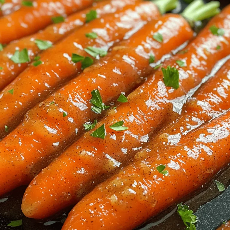 To make brown sugar glazed carrots, you will need: - 1 pound baby carrots, peeled - 1/4 cup unsalted butter - 1/4 cup brown sugar - 1/2 teaspoon ground cinnamon - 1/4 teaspoon nutmeg - 1/4 cup vegetable broth - Salt and pepper to taste - Fresh parsley, chopped (for garnish) If you lack any of these items, do not worry. You can use: - Olive oil instead of unsalted butter for a dairy-free option. - Maple syrup as a substitute for brown sugar for a different flavor. - Chicken broth can replace vegetable broth for added depth. - You can skip the spices or use pre-mixed pumpkin spice if you prefer. Each serving of these glazed carrots provides: - Calories: 150 - Total Fat: 7g - Saturated Fat: 4g - Carbohydrates: 22g - Dietary Fiber: 3g - Sugars: 10g - Protein: 1g These carrots are a tasty, sweet side dish. They bring color and flavor to any meal. For the full recipe, check out the details above. Start with one pound of baby carrots. Peel them if they aren’t already. Place the carrots in a large pot filled with water. Bring the water to a boil. Cook the carrots for about five minutes. You want them just tender, not mushy. After cooking, drain the carrots and set them aside. This step helps keep their bright color and crunch. In the same pot, melt a quarter cup of unsalted butter over medium heat. Watch it closely so it doesn’t burn. Once the butter melts, add a quarter cup of brown sugar. Sprinkle in half a teaspoon of ground cinnamon and a quarter teaspoon of nutmeg. These spices add warmth and depth. Next, pour in a quarter cup of vegetable broth. Stir everything until the sugar dissolves and forms a nice glaze. Return the drained carrots to the pot with the glaze. Toss them well to ensure they're evenly coated. Reduce the heat to low. Let the carrots simmer in the glaze for about ten minutes. Stir them occasionally. This helps the flavors blend and the glaze to thicken. When they are tender and shiny, remove the pot from the heat. For a fresh touch, sprinkle the carrots with chopped parsley. This adds color and a hint of flavor. Enjoy your sweet harmony glazed carrots! For a complete guide, check out the Full Recipe. To make the glaze just right, use good butter. Unsalted butter works best. It allows the brown sugar to shine. You want the glaze to be smooth. Stir often to keep it from burning. The sugar will dissolve better if you reduce heat after adding it. Adding cinnamon and nutmeg gives it a warm flavor. Brown sugar glazed carrots are great with many meals. Serve them next to roasted chicken or meatloaf. They also pair well with rice or quinoa. For a holiday meal, these carrots add color and sweetness. Don’t forget to sprinkle fresh parsley on top. It not only tastes good but looks nice too. You will need a few simple tools to make this dish. Here’s what you need: - Large pot for boiling carrots - Medium saucepan for the glaze - Stirring spoon for mixing - Knife for chopping parsley - Serving dish to present your glazed carrots With these tips, your brown sugar glazed carrots will be a hit. For a complete guide, check the Full Recipe. Enjoy cooking! {{image_2}} You can easily make this dish vegan. Just swap the butter for coconut oil or vegan butter. The flavors stay rich and sweet. You won’t miss the dairy at all. Use the same amount as the recipe calls for. This recipe is naturally gluten-free. The ingredients do not contain gluten. Check that your vegetable broth is labeled gluten-free before using it. If you follow a gluten-free diet, this dish works perfectly for you. You can mix in other flavors to make the dish unique. Try adding a splash of orange juice for a fresh twist. Lemon juice or zest can brighten the glaze, too. If you love spice, add a pinch of cayenne pepper for heat. Fresh herbs like thyme or rosemary can also enhance the taste. For the full recipe, check below. To keep your brown sugar glazed carrots fresh, store them in an airtight container. Allow the carrots to cool before sealing. This helps prevent moisture build-up. Place the container in the fridge. They will stay good for about 3 to 5 days. When you're ready to enjoy your carrots again, heat them gently. You can use the microwave or a pan. If using a microwave, cover the container with a lid or a damp paper towel. Heat on medium power for 1 to 2 minutes. If using a pan, add a splash of water to help steam them. Heat over low heat, stirring often. You can freeze brown sugar glazed carrots for later use. First, let them cool completely. Then, place them in a freezer-safe bag. Squeeze out excess air before sealing. They can last up to 3 months in the freezer. When you are ready to eat them, thaw overnight in the fridge. Reheat as described above. This method helps preserve their flavor and texture. For the full recipe, check out the recipe section above. You can make Brown Sugar Glazed Carrots ahead of time. Cook the carrots as the recipe states. After cooking, let them cool completely. Once cool, store them in an airtight container in the fridge. This way, you can keep them fresh for up to three days. To serve, just reheat them on the stove or in the microwave. Add a little water if the glaze is thick. Brown Sugar Glazed Carrots pair well with many dishes. Here are some great options: - Roasted chicken or turkey - Grilled steak or pork chops - Quinoa or rice pilaf - Creamy mashed potatoes These dishes balance the sweetness of the carrots. They also add different flavors to your meal. Yes, you can use regular carrots. Just peel and slice them into smaller pieces. Aim for similar sizes to baby carrots for even cooking. Regular carrots add a nice texture and flavor. They might need a little more cooking time, so check for tenderness. Enjoy making this dish your own! You can find the full recipe in the article. Brown sugar glazed carrots are simple and delicious. We covered ingredients, step-by-step instructions, and helpful tips. You learned about substitutions and nutritional info to suit your needs. Remember, you can store, freeze, and reheat these tasty carrots easily. With variations like vegan options and added flavors, there’s much to enjoy. Make them your own! Whether for a family dinner or a special event, these carrots will shine on your table.