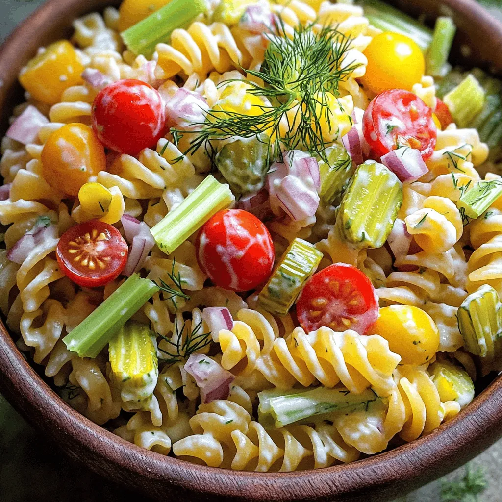 To make Creamy Dill Pickle Pasta Salad, gather these ingredients: - 12 oz rotini pasta - 1 cup dill pickles, diced - 1/2 cup red onion, finely chopped - 1/2 cup cherry tomatoes, halved - 1 cup celery, diced - 1 cup mayonnaise - 1/4 cup Greek yogurt - 2 tablespoons pickle juice - 2 tablespoons fresh dill, chopped - 1 teaspoon garlic powder - Salt and pepper to taste Start by prepping your fresh ingredients. Dice the dill pickles into small pieces. This helps them mix well with the pasta. Chop the red onion finely and slice the cherry tomatoes in half. Dice the celery into small bits too. These fresh veggies add crunch and flavor to the dish. When you cook the rotini pasta, aim for al dente. This means it should be firm but not hard. Once cooked, drain the pasta and rinse it under cold water. This cools it down quickly and stops the cooking process. If you have dietary needs, you can still enjoy this pasta salad. For a gluten-free option, use gluten-free rotini pasta. Instead of mayonnaise, you can use avocado or a vegan mayo for a lighter touch. For a dairy-free option, skip the Greek yogurt or choose a dairy-free version. If you want to add protein, consider diced chicken, canned tuna, or chickpeas. These options make the salad more filling. Adjust the seasonings to fit your taste or dietary needs. For the full recipe, refer to the earlier section. To start, cook the rotini pasta. Follow the package instructions carefully. Aim for al dente, which means the pasta should be firm but cooked through. This takes about 8 to 10 minutes. Once done, drain the pasta in a colander. Rinse it under cold water to cool it down quickly. This step stops the cooking and helps the pasta stay firm. Set it aside while you prepare the other ingredients. In a large mixing bowl, combine the cooled pasta with the fun stuff. Add the diced dill pickles, chopped red onion, halved cherry tomatoes, and diced celery. These ingredients add crunch and flavor. Mix them gently to avoid breaking the pasta. Ensure everything is spread out evenly. This mix will become the base for your creamy dill pickle pasta salad. Now, let’s whip up the creamy dressing. In a separate bowl, combine the mayonnaise, Greek yogurt, and pickle juice. Add chopped fresh dill, garlic powder, salt, and pepper. Whisk until the mixture is smooth and creamy. This dressing is the heart of the dish. Once ready, pour it over the pasta and vegetable mix. Gently fold it all together until the pasta is fully coated. Taste it and adjust the seasoning if needed. For the best flavor, refrigerate the salad for at least 30 minutes before serving. You can find the Full Recipe above for more details. To get the best texture in your creamy dill pickle pasta salad, choose rotini pasta. Its spirals hold the dressing and add a nice bite. Make sure to cook the pasta al dente. This keeps it firm and prevents mushiness. After cooking, drain and rinse the pasta under cold water. This step cools it down and stops the cooking process. When mixing in the veggies, I love using fresh dill pickles. Their crunch adds a great contrast. Diced red onion brings a sharp bite, while cherry tomatoes add sweetness. Celery also gives a nice crunch and freshness. Adjust the dressing to your taste. If you like it tangy, add more pickle juice. If you prefer it creamier, add a bit more mayo or yogurt. One common mistake is not cooling the pasta. If you skip this, your salad may become soggy. Another mistake is overcooking the pasta. It should be firm, not mushy. Also, don’t skip the chilling time. Letting the salad sit in the fridge allows flavors to blend. Be careful with salt. Dill pickles are salty, so taste before adding more. Lastly, don’t forget to mix gently when combining the dressing. This keeps the pasta and veggies intact. Garnishing can elevate your dish. Add fresh dill sprigs on top for a burst of color and flavor. Whole cherry tomatoes can also make it look pretty. For extra texture, sprinkle some crushed nuts or seeds. They add crunch and a nutty taste. If you want a bit of heat, a sprinkle of red pepper flakes can work well. Serve the salad in a bright bowl to make it pop. You can find the full recipe above for more details on how to create this refreshing dish. {{image_2}} You can add proteins to make your creamy dill pickle pasta salad heartier. Chicken adds a nice texture and flavor. Use grilled or rotisserie chicken for ease. Tuna offers a great taste and is easy to mix in. Just drain it well before adding. Chickpeas are a fantastic plant-based option. They add protein and fiber, making the salad filling. You can even mash them slightly for a creamier texture. For a vegetarian twist, skip the meats and stick to the veggies. You can also replace the mayonnaise with vegan mayo. This keeps the creamy texture while making it vegan-friendly. Greek yogurt can be swapped with a plant-based yogurt to keep it light and fresh. This way, everyone can enjoy the salad without missing out on flavor. You can change the flavor of your pasta salad by using different herbs. Fresh basil or parsley can add a new taste. If you want a kick, try adding fresh cilantro. Dill is classic, but mixing it up keeps things fun. Consider using chives or tarragon for a unique spin. Each herb brings its own flair, making the dish even more exciting. You can explore these variations while making the full recipe to find your favorite twist! Store your creamy dill pickle pasta salad in an airtight container. This keeps it fresh and tasty. Make sure the lid fits well. If you have leftovers, try to pack them tightly. This reduces air exposure, which helps prevent spoilage. You can keep this pasta salad in the fridge for up to three days. After that, the freshness may fade. The flavors can change, and the veggies may get soggy. Always check for any off smells or changes in texture before eating. If your creamy dill pickle pasta salad seems dry, don’t worry! Just add a splash of pickle juice or a bit more mayo. Stir well to mix it in. This will bring back some moisture and flavor. You can also toss in a few fresh veggies to brighten it up. Enjoy your revamped dish! For the full recipe, check the recipe section above. Yes, you can make Creamy Dill Pickle Pasta Salad ahead of time. This dish gets better after sitting in the fridge. I suggest making it a few hours or even a day before you need it. The flavors have time to mix and taste even better. Just remember to cover it well in the fridge. Rotini pasta is best for this salad. Its spiral shape holds the creamy dressing well. You can also use other pasta types, like penne or fusilli. Just avoid long pasta like spaghetti, as it does not mix well with the other ingredients. The salad lasts about three to five days in the fridge. Make sure to store it in an airtight container. If you see any signs of spoilage, like a strange smell or color, it’s best to throw it out. Enjoy this dish fresh for the best taste. For the full recipe, check out the full recipe section above. In this blog post, we explored how to craft a delightful Creamy Dill Pickle Pasta Salad. We covered the key ingredients, step-by-step cooking instructions, and useful tips to enhance flavors. I shared variations, including protein options and dietary-friendly choices, along with proper storage methods. This dish is versatile and easy to make. Whether you are cooking for yourself or a crowd, it’s sure to please everyone. Enjoy making this salad and feel free to add your own twist!