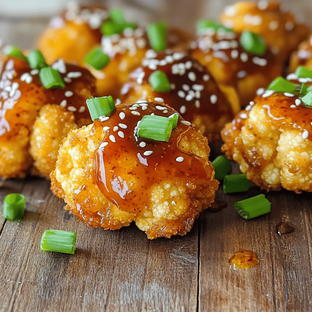- Cauliflower florets - All-purpose flour - Almond milk I start with fresh cauliflower florets. I like them bite-sized for easy snacking. Next, I use all-purpose flour for the batter. It helps create a nice crust. I mix in almond milk. This keeps the batter smooth and dairy-free. - Garlic powder - Paprika - Honey Next, I add flavor. Garlic powder gives a robust taste. Paprika adds warmth and color. Honey brings sweetness and helps balance the spice. The mix of these flavors makes each bite exciting. - Green onions - Sesame seeds I finish with garnishes. Chopped green onions add freshness and a pop of color. Sesame seeds give a nice crunch. These simple additions elevate the dish visually and in taste. For the full recipe, check out the instructions provided above. First, preheat your oven to 425°F (220°C). This high heat helps to make the bites crispy. While it's warming up, grab your medium head of cauliflower. Cut it into bite-sized florets. You want them to be small enough to eat in one bite. Next, in a large mixing bowl, mix the flour, garlic powder, paprika, salt, and pepper. These spices add great flavor. Slowly whisk in the almond milk until the batter is smooth. The consistency is key; it should coat the cauliflower well. Dip each floret into the batter, making sure it's fully covered. Place them on a baking sheet lined with parchment paper. Now, pop the baking sheet into your preheated oven. Bake for 20 to 25 minutes. This will give the cauliflower a nice golden color and a crispy texture. Halfway through, flip the florets for even cooking. This step is crucial; it helps all sides get that perfect crunch. While the cauliflower bakes, it's time to prepare the spicy honey garlic sauce. In a small saucepan, combine honey, soy sauce, red pepper flakes, and olive oil. Stir the mixture well and bring it to a gentle simmer over medium heat. Let it cook for about 3 to 4 minutes. This simmering helps thicken the sauce. You want it to be thick enough to stick to the cauliflower but still pourable. Once the cauliflower is baked, drizzle the spicy honey garlic sauce over the florets. Toss them gently to coat every piece. Return the cauliflower to the oven for an extra 5 minutes to caramelize the sauce. After this, your spicy honey garlic cauliflower bites are ready to enjoy with a sprinkle of green onions and sesame seeds. You can find more detailed steps in the Full Recipe. To achieve crispy cauliflower bites, set your oven to 425°F (220°C). This high heat helps create a nice crunch. Keep an eye on them as they bake. Cook for about 20-25 minutes. Flip the bites halfway through for even crispiness. You want them golden brown. A simple rule: if they look crispy and feel firm, they’re done! You can prep the cauliflower ahead of time. Cut the florets and store them in the fridge. This way, they stay fresh until you’re ready to cook. If you have leftover batter, store it in an airtight container in the fridge. Use it within a day for the best results. Want to spice things up? Adjust the red pepper flakes to suit your taste. For a milder flavor, use less. If you love bold spices, add more! You can also try adding other spices like cumin or cayenne for a different kick. Experiment to find your favorite mix! For the complete recipe, check out the [Full Recipe]. {{image_2}} If you want to make these bites gluten-free, use gluten-free flour. You can choose almond flour or rice flour. These flours work well and keep the taste great. You will still enjoy the crunchy texture. Just follow the same steps in the recipe. To make this recipe vegan, swap honey with maple syrup. Maple syrup gives a lovely sweetness. It blends well with the spicy sauce. You won’t miss the honey at all. This change keeps the dish plant-based and delicious. You can get creative with the seasoning. Try adding chili powder for extra heat. Cumin brings a warm, earthy flavor. For a tangy twist, add a squeeze of lime juice to the sauce. For sauces, consider using sriracha or barbecue sauce. These options can change the flavor profile. Experiment and find what you love best. Enjoy your homemade spicy honey garlic cauliflower bites with new twists! To keep your spicy honey garlic cauliflower bites fresh, store them in an airtight container. Place a paper towel at the bottom to absorb moisture. This helps keep the bites crunchy. You can refrigerate them for up to three days. If you wait too long, the bites may get soggy. When it's time to enjoy your leftovers, reheating them is simple. Set your oven to 350°F (175°C). Spread the bites on a baking sheet and heat for about 10-15 minutes. This method helps to restore their crispiness. Avoid using the microwave, as it can make them soft. You can freeze both unbaked and baked cauliflower bites. If you freeze unbaked bites, prepare them as usual, then freeze them in a single layer. Once they are solid, transfer them to a freezer bag. For baked bites, let them cool first. Store them in an airtight container or freezer bag. They can last up to three months in the freezer. When you're ready to eat, bake them directly from frozen. This keeps them crunchy. For a full recipe, check the ingredients and steps provided earlier. Spicy Honey Garlic Cauliflower Bites can last in the fridge for about 3 to 5 days. Store them in an airtight container to keep them fresh. Make sure they cool down completely before sealing. This helps prevent moisture buildup, keeping them crispy longer. Yes, you can use frozen cauliflower! Just thaw it first and pat it dry. This step helps remove extra moisture. You may need to adjust the baking time since frozen florets may take longer to crisp up. Keep an eye on them as they bake. I love serving these bites warm and fresh from the oven. They pair well with a cool dip, like ranch or yogurt sauce. You can also serve them with rice or salad for a full meal. Garnish with extra green onions and sesame seeds for a pop of color. You can create delicious Spicy Honey Garlic Cauliflower Bites with just a few key ingredients. Remember to prep your cauliflower well and bake it to crispy perfection. Don’t forget to adjust the flavors to your taste. Try different sauces or spices for variety. Store any leftovers properly for future enjoyment. Enjoy making and sharing this tasty dish with family and friends. With a little practice, you’ll master the perfect bite. Happy cooking!