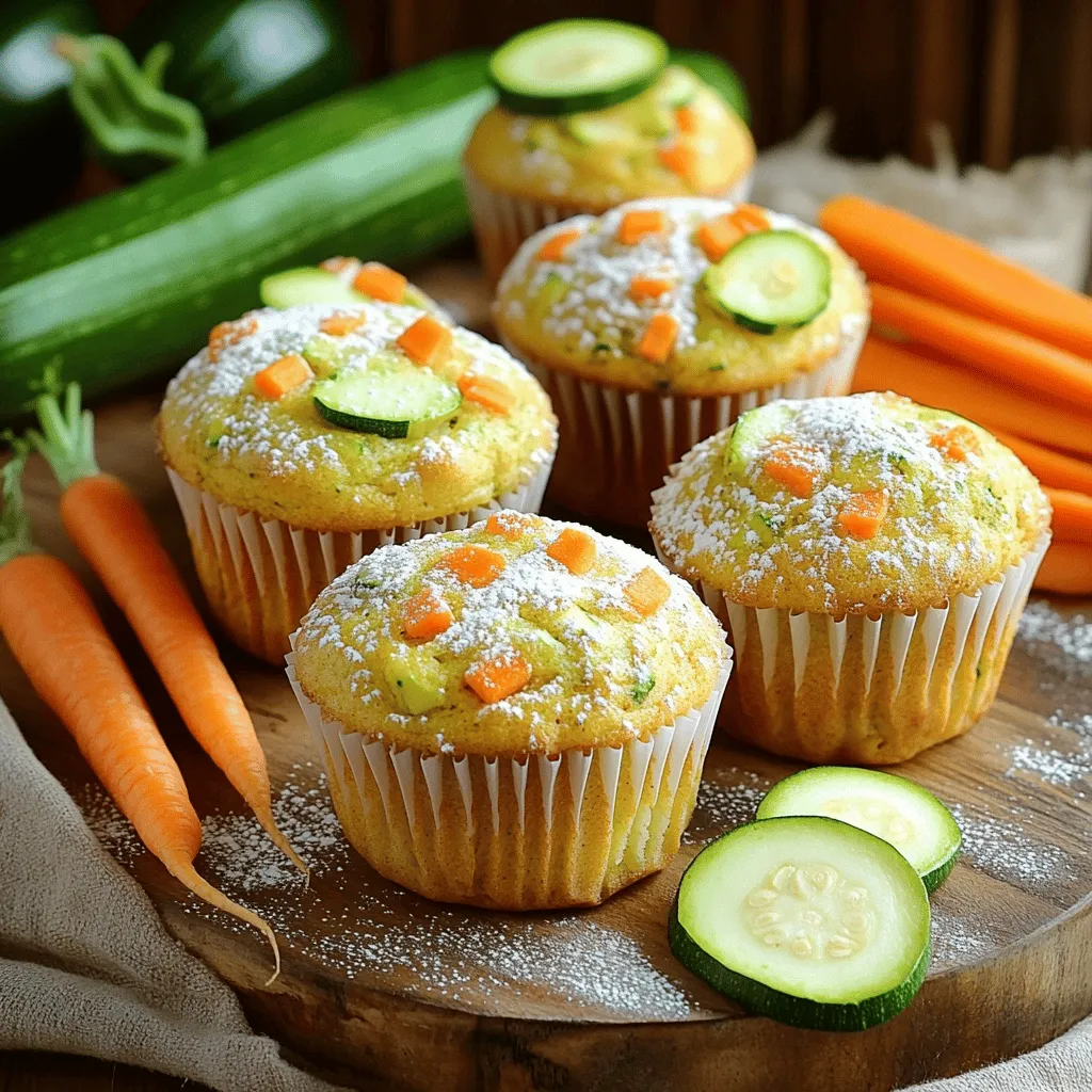 To make delicious Zucchini Carrot Muffins, gather these items: - 1 cup grated zucchini (about 1 medium zucchini) - 1 cup grated carrots (about 2 medium carrots) - 1/2 cup granulated sugar - 1/2 cup brown sugar, packed - 1/2 cup vegetable oil - 2 large eggs - 1 teaspoon vanilla extract - 1 1/2 cups all-purpose flour - 1 teaspoon baking powder - 1/2 teaspoon baking soda - 1 teaspoon ground cinnamon - 1/2 teaspoon ground nutmeg - 1/2 teaspoon salt - 1/2 cup chopped walnuts or pecans (optional) - 1/4 cup raisins or dried cranberries (optional) You can make these muffins even more special with some add-ins. Try: - 1/2 cup chocolate chips for a sweet twist - 1/2 cup shredded coconut for a tropical flavor - 1/2 cup diced apples for added moisture These options let you play with flavors and textures. Feel free to mix and match! Each muffin has a good balance of nutrients. Here's what to expect per muffin: - Calories: 180 - Total Fat: 8g - Saturated Fat: 1g - Carbohydrates: 26g - Fiber: 2g - Sugars: 10g - Protein: 3g These muffins provide a healthy snack option. They are tasty and packed with veggies. Enjoy the goodness in every bite! For the full recipe, check the detailed instructions above. Start by preheating your oven to 350°F (175°C). Line your muffin tin with paper liners. If you don’t have liners, grease the tin well. In a large bowl, whisk together the granulated sugar, brown sugar, vegetable oil, eggs, and vanilla extract. Mix until it is smooth and well combined. Next, stir in the grated zucchini and carrots. Combine them well into the wet mixture. In a separate bowl, mix the all-purpose flour, baking powder, baking soda, ground cinnamon, ground nutmeg, and salt. Once it is mixed, slowly add this dry mix to the wet mix. Stir gently until just combined. Avoid overmixing, as this can make your muffins tough. If you want to add nuts or dried fruit, fold them in now. Now, fill each muffin cup about two-thirds full with the batter. Place the muffin tin in your preheated oven. Bake for about 18 to 20 minutes. To check if they are done, insert a toothpick into the center of a muffin. If it comes out clean, they are ready! After baking, let the muffins cool in the tin for 5 minutes. Then, transfer them to a wire rack to cool completely. For serving, I recommend dusting them lightly with powdered sugar. Arrange them on a rustic wooden board. You can also serve them with fresh carrot sticks and zucchini slices for a colorful touch. Enjoy these muffins with a cup of tea or coffee! Mixing is key but too much can ruin your muffins. To avoid overmixing, stir gently. Combine the wet and dry ingredients just until you see no dry flour. This helps keep your muffins light and fluffy. Remember, a few lumps are okay; they won’t hurt the final product. Grating zucchini and carrots gives muffins moisture. Use a box grater or a food processor. Grate them on the larger holes for best results. After grating, squeeze out excess water from the zucchini. This keeps your muffins from becoming soggy. Keep your fingers safe by using the grater’s handle. You can customize the sweetness and spice in your muffins. If you prefer less sugar, reduce it by a quarter cup. For more sweetness, add a few extra tablespoons. To enhance flavor, try adding more cinnamon or nutmeg. Tasting the batter before baking helps you find the right balance. For a fun twist, add chocolate chips or citrus zest to the mix. You can find the Full Recipe for all these tasty tips! {{image_2}} You can make these muffins gluten-free. Just swap the all-purpose flour for a gluten-free blend. Look for a mix that contains xanthan gum. This will help your muffins rise and have a good texture. I love brands that work well in baked goods. They give a nice crumb without changing the taste. Want a vegan option? It's easy! Replace the eggs with flaxseed meal. Mix one tablespoon of flaxseed meal with three tablespoons of water. Let it sit for a few minutes until it thickens. Use this mix instead of eggs. You can also replace the vegetable oil with applesauce for a lighter touch. This keeps the muffins moist and tasty. Add flavor to your muffins! Chocolate chips make a great treat. Just fold in 1/2 cup of mini chocolate chips when mixing the batter. If you like citrus, add a tablespoon of lemon or orange zest. This gives the muffins a fresh, bright taste. You can mix and match these ideas to create your perfect muffin. For the full recipe, check out the Zesty Zucchini Carrot Muffins. To keep your zucchini carrot muffins fresh, store them in an airtight container. Place a paper towel at the bottom of the container. This helps absorb any excess moisture. You can keep them on the counter for up to three days. If you want them to last longer, consider refrigeration. Freezing is a great way to save muffins for later. Let them cool completely before freezing. Wrap each muffin in plastic wrap or foil. Then place them in a freezer bag. Remove as much air as possible before sealing. They can last up to three months in the freezer. When you're ready to eat, just thaw them overnight in the fridge. To enjoy your muffins warm, you can reheat them in a few ways. The oven is best for even warmth. Preheat it to 350°F (175°C). Place the muffins on a baking sheet for about 10 minutes. You can also use the microwave. Heat them for 15 to 20 seconds, but check to avoid overheating. Enjoy them fresh and tasty with your favorite drink! Yes, you can swap some items. Use applesauce for oil to make it lighter. You can also use honey instead of sugar. If you lack zucchini, try using yellow squash. For gluten-free muffins, use almond or coconut flour. You can change nuts or add seeds too. These muffins stay fresh for about three days at room temperature. If you put them in the fridge, they last a week. For longer storage, freeze them. They can stay good for up to three months in the freezer. Just wrap them well in plastic and put them in a bag. I like to serve these muffins with fresh fruit or yogurt. They pair well with tea or coffee too. Try adding a dollop of cream cheese or butter for extra flavor. You can serve them as a snack or breakfast. For a fun twist, add a side of honey or maple syrup for dipping. Check out the Full Recipe for more serving ideas! We explored how to make tasty Zucchini Carrot Muffins. We covered ingredients, step-by-step instructions, and helpful tips. You can even adapt the recipe to fit your diet. Store them wisely for fresh taste later. Remember, baking is fun, and small changes can bring big flavors. Enjoy experimenting with this recipe!