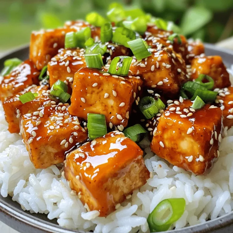 To make Sweet and Spicy Garlic Tofu, you need the following ingredients: - 1 block (14 oz) firm tofu, drained and pressed - 4 tablespoons soy sauce - 2 tablespoons maple syrup - 1 tablespoon sriracha (adjust to taste) - 3 cloves garlic, minced - 1 tablespoon fresh ginger, grated - 2 tablespoons cornstarch - 2 tablespoons vegetable oil - 1 teaspoon sesame oil - 1/4 cup green onions, sliced for garnish - 1 tablespoon sesame seeds (optional) - Cooked rice or quinoa, for serving These ingredients blend perfectly to create a sweet and spicy flavor that makes tofu shine. For soy sauce, I recommend using Kikkoman or Tamari for a gluten-free option. Both brands offer rich flavor and quality. When it comes to sriracha, Huy Fong's Sriracha is my top pick. It has the right balance of heat and sweetness that complements this dish beautifully. You can easily swap some ingredients to suit your taste. If you don’t have maple syrup, honey or agave syrup works well. For a gluten-free version, use tamari instead of soy sauce. You can replace vegetable oil with coconut oil for a unique flavor. If you want to add more spice, try using chili garlic sauce instead of sriracha. Feel free to get creative with the garnishes too! Instead of green onions, you can use chopped cilantro or even diced bell peppers for added crunch. To start, we need to prep the tofu. First, take a block of firm tofu and drain it well. Then, press it gently to remove extra water. This step is key for a crispy finish. After pressing, cut the tofu into small cubes. Make sure they are even in size. This way, they cook uniformly. Once cut, pat the cubes dry with a paper towel. Remove as much moisture as you can. This will help achieve that golden, crispy texture later. Now it’s time to marinate the tofu. In a mixing bowl, combine soy sauce, maple syrup, sriracha, minced garlic, and grated ginger. Whisk these together until they blend well. Next, add the tofu cubes to the marinade. Gently toss them to coat every piece. Let the tofu sit in the marinade for 15 to 20 minutes. This allows the tofu to soak in all the flavors. If you have more time, letting it marinate longer will deepen the taste even more. Cooking the tofu requires some careful steps. Heat vegetable oil in a large skillet over medium-high heat. Make sure the oil is hot before adding the tofu. Place the marinated tofu cubes in a single layer. Do this in batches if your skillet is small. Let them cook for about 8 to 10 minutes. Flip the cubes gently, so they don’t break. You want them golden and crispy on all sides. Once done, drizzle sesame oil over the tofu and toss gently. If you have leftover marinade, add it now and cook for another 1 to 2 minutes. This will thicken the sauce and add even more flavor to your dish. Enjoy your Sweet and Spicy Garlic Tofu with rice or quinoa. For the full recipe, check the details above! Tofu can be tricky, but I have some great tips. Start with firm or extra-firm tofu. This type holds its shape well. Always drain and press it before cooking. This step removes extra water. Less water means better crispiness. Cut the tofu into even cubes. This helps all pieces cook at the same rate. Pat the cubes dry with a paper towel. Then, coat them lightly with cornstarch. This adds crunch when you fry them. You can easily boost the taste of your tofu. Try adding a pinch of smoked paprika for a nice depth. A dash of lime juice can add freshness. For an umami kick, mix in some miso paste. If you like heat, consider adding more sriracha or chili flakes. You can also experiment with different sauces. Teriyaki or hoisin sauce work well for a sweet twist. Just remember to keep it balanced. Too many flavors can overpower the dish. Having the right tools makes cooking easier. Use a large non-stick skillet for frying. It helps prevent sticking and burning. A sturdy spatula is important for flipping tofu without breaking it. I also recommend using a good meat thermometer. This helps ensure your oil is hot enough for frying. A cutting board and a sharp knife are a must for prepping. Lastly, keep measuring cups handy for accuracy. These tools will help you make the best Sweet and Spicy Garlic Tofu. For the full recipe, check the recipe section above. {{image_2}} You can make your Sweet and Spicy Garlic Tofu even better by adding vegetables. Here are some great options: - Bell Peppers: Slice them thin for a sweet crunch. - Broccoli: Cut into small florets and steam lightly before adding. - Carrots: Julienne them for a pop of color and sweetness. - Snow Peas: Toss them in for freshness and a nice snap. - Zucchini: Cut into half-moons and sauté until tender. Adding vegetables not only boosts the nutrition but also enhances the dish’s color and texture. Toss them in during the last few minutes of cooking to keep them crisp. If you want to switch up the protein in this recipe, you have options. Here are some alternatives that work well: - Tempeh: This fermented soy product adds a nutty flavor and a firm texture. - Seitan: Made from wheat gluten, it mimics meat well and takes on flavors nicely. - Chickpeas: Canned or cooked, they add protein and a different bite. - Mushrooms: Shiitake or portobello can provide a hearty texture and umami flavor. Each option can absorb the sauce well, just like tofu does, and they can add their own unique twist to the dish. You can serve Sweet and Spicy Garlic Tofu in many fun ways. Consider these ideas: - Wraps: Use lettuce or tortillas to make tasty wraps. Add fresh veggies and a drizzle of sauce for crunch. - Salads: Top your favorite greens with the tofu for a filling salad. Add nuts or seeds for extra flavor. - Stir-fries: Mix it with rice or noodles and your favorite vegetables for a quick meal. - Rice Bowls: Serve the tofu over rice or quinoa, topped with avocado or pickled veggies. These serving ideas let you enjoy the dish in new ways and impress your friends. Want the full recipe? Check it out! To keep your Sweet and Spicy Garlic Tofu fresh, store it in an airtight container. Make sure to cool the tofu to room temperature first. Place any leftover rice or quinoa in a separate container. This will help prevent sogginess. Store everything in the fridge for up to four days. Keeping the tofu and grains apart helps maintain their textures. When reheating, I recommend using a skillet rather than a microwave. Heat a little oil in the pan over medium heat. Add the tofu and stir gently for a few minutes until heated through. This method keeps the tofu crispy and tasty. If using a microwave, cover the tofu with a damp paper towel. Heat in short bursts to avoid overcooking. Freezing tofu is possible, but it changes the texture. If you want to freeze it, do so before cooking. Press and cut the tofu into cubes, then freeze in a single layer. Once frozen, transfer the cubes to a freezer bag. They can last up to three months. When ready to use, thaw them in the fridge overnight. After thawing, marinate and cook as usual. Just remember that freezing may result in a slightly spongier texture. Yes, Sweet and Spicy Garlic Tofu is already vegan. It uses tofu as the main protein source. This dish does not include any animal products. You can enjoy this tasty dish without worry. For low-carb options, consider serving with: - Cauliflower rice - Zoodles (zucchini noodles) - Steamed broccoli - Sautéed spinach These choices will keep your meal light and healthy while pairing well with the tofu's flavors. The marinating process takes about 15 to 20 minutes. This step allows the tofu to soak up all the tasty flavors. You can marinate longer for a stronger taste, but 15 minutes is usually enough for great results. For the full recipe, check the detailed instructions. You’ve learned how to make Sweet and Spicy Garlic Tofu from start to finish. This dish is full of flavor and easy to adapt. Remember to marinate your tofu for the best taste. Try adding your favorite veggies or swapping proteins for new twists. Proper storage ensures you can enjoy leftovers for days. I hope you feel inspired to cook this tasty meal today! Enjoy the cooking process and share it with friends.