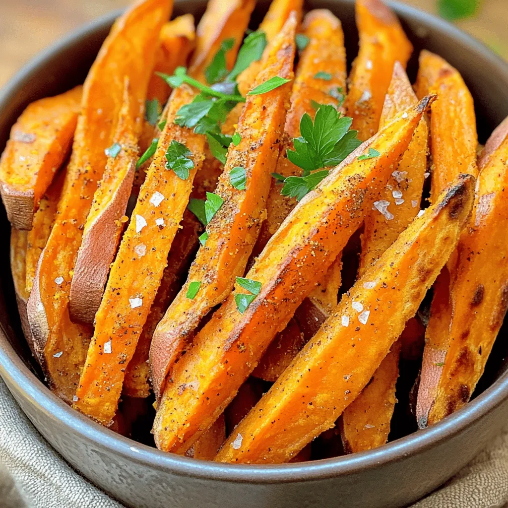 - 2 large sweet potatoes - 2 tablespoons olive oil - 1 teaspoon garlic powder - 1 teaspoon paprika - 1/2 teaspoon cayenne pepper (optional) - Salt and pepper to taste - Fresh parsley for garnish (optional) When I make sweet potato fries, I love using fresh ingredients. Sweet potatoes give a sweet and nutty flavor. You'll need just two large sweet potatoes. Olive oil helps them crisp up nicely. I use two tablespoons, but feel free to adjust to your liking. For seasoning, I keep it simple yet flavorful. Garlic powder adds depth, while paprika gives a nice color. If you like heat, add cayenne pepper, but it's optional. Salt and pepper finish them off. You can always adjust these to fit your taste. Lastly, I like to add fresh parsley as a garnish. It makes the plate look bright and fresh. You can find the full recipe above to guide you through the steps! Start by washing the sweet potatoes under cold water. This removes dirt and grit. Then, peel the sweet potatoes with a vegetable peeler. After peeling, cut them into even-sized fries, about 1/4 inch thick. This step helps them cook evenly. Next, place the fries in a large bowl. Drizzle 2 tablespoons of olive oil over the fries. Toss them well to make sure they are all coated. Now, add the seasonings: 1 teaspoon garlic powder, 1 teaspoon paprika, and 1/2 teaspoon cayenne pepper if you like heat. Sprinkle salt and pepper to taste. Toss again until the fries are well-seasoned. Preheat your air fryer to 400°F (200°C) for about 3-5 minutes. Once it's hot, place the seasoned sweet potato fries in the basket in a single layer. You may need to cook in batches if they don't all fit. Cook the fries for 15-20 minutes, shaking the basket halfway through. This helps them cook evenly. The fries are done when they are golden brown and crispy. Enjoy them hot for the best taste! Check out the Full Recipe for more details. To get the best crispiness, cut the sweet potatoes evenly. I like to make them about 1/4 inch thick. This size helps them cook well and stay crunchy. If the fries are not even, some will cook faster than others. While cooking, shake the basket halfway through. This action helps the fries cook evenly. It also lets hot air reach all sides, which makes them crispy. For more flavor, try adding other seasonings. You can use a pinch of cayenne for heat or mix in some smoked paprika for a smoky taste. Do not be afraid to experiment! Fresh herbs like rosemary or thyme can add a nice twist. Try adding a bit of lemon zest for a fresh kick. The options are endless! If your fries turn out soft, it may be due to uneven cutting. Check your fry sizes and try again. Thicker fries need more cooking time, while thinner ones cook faster. Always keep an eye on the fries as they cook. If they seem soft, add a few extra minutes. You want them golden brown and crispy. For a perfect result, adjust the time based on the thickness of your fries. {{image_2}} You can change the taste of your sweet potato fries easily. For a spicy twist, add extra cayenne pepper or chili powder. This gives the fries a nice kick. You can also try a sweet flavor by mixing in cinnamon and a bit of brown sugar. This option is perfect for a unique treat. If you don’t have an air fryer, you can still enjoy sweet potato fries. Oven-baked fries are a great choice. Simply spread them out on a baking sheet and bake at 425°F (220°C) for 25-30 minutes. Flip them halfway for even cooking. Another option is traditional deep-frying. This method yields very crispy fries but uses more oil. If you choose this, heat oil to 350°F (175°C) and fry in small batches. Fries taste great on their own, but dips make them even better. Ketchup is a classic choice, but garlic aioli adds a gourmet touch. You can also pair fries with burgers for a fun meal. They go well with fresh salads too, adding a nice crunch. For a full experience, serve your fries with a side of your favorite main dish. To keep your leftover sweet potato fries fresh, store them in an airtight container. This helps prevent moisture loss. Make sure to cool the fries to room temperature before sealing. For the best taste, eat them within 2 days. If you want to save fries for later, freezing is a great option. Spread the cooled fries in a single layer on a baking sheet. Freeze them for about 1-2 hours until they're solid. Then, transfer them to a freezer bag or container. They can last in the freezer for up to 3 months. To reheat sweet potato fries, the air fryer is the best choice. It keeps the fries crispy. Preheat the air fryer to 375°F (190°C). Cook the fries for 5-7 minutes, shaking halfway through. You can also use the oven. Preheat it to 400°F (200°C). Spread the fries on a baking sheet and heat for about 10-15 minutes. If you’re short on time, the microwave works too, but fries may lose their crispiness. Heat in 30-second bursts until warm. In the fridge, sweet potato fries last for about 2-3 days. If they smell off or have a slimy texture, it’s time to toss them. Look for changes in color or mold as signs of spoilage. Always trust your senses when checking food freshness. To get crispy air fryer sweet potato fries, follow these tips: - Cut sweet potatoes evenly. This helps them cook at the same rate. - Soak the cut fries in water for 30 minutes. This removes excess starch. - Dry the fries well before seasoning. Moisture can make them soggy. - Use less oil. Just enough to coat them lightly will do. - Shake the basket halfway through cooking. This allows hot air to reach all sides. These steps help you achieve a golden, crunchy texture with every batch. Yes, you can use frozen sweet potato fries in the air fryer. Here are some tips: - Preheat the air fryer first. This helps to cook the fries evenly. - Cook without thawing. Frozen fries will keep their shape better. - Increase the cooking time by 5 to 10 minutes. This accounts for the chill. - Check for doneness. The fries should be golden and crispy. This method makes it easy to enjoy fries without the prep time. Sweet potatoes are packed with health benefits. Here’s a quick overview: - High in fiber, they aid digestion and keep you full. - Rich in vitamins A and C, they boost your immune system. - They contain potassium, which helps regulate blood pressure. - Sweet potatoes are low in calories and high in nutrients. Including sweet potatoes in your diet adds flavor and nutrition to your meals. For a delicious recipe, check out the Full Recipe. Air fryer sweet potato fries are simple, tasty, and healthy. We covered how to prepare, season, and cook them for crispiness. You learned tips for flavor and storage. You can also try fun variations and savor these fries with your favorite dips. Remember, experimenting with seasonings can lead to new favorites. Enjoying these fries fits well with many meals. Cook them often, and let your creativity shine in the kitchen.