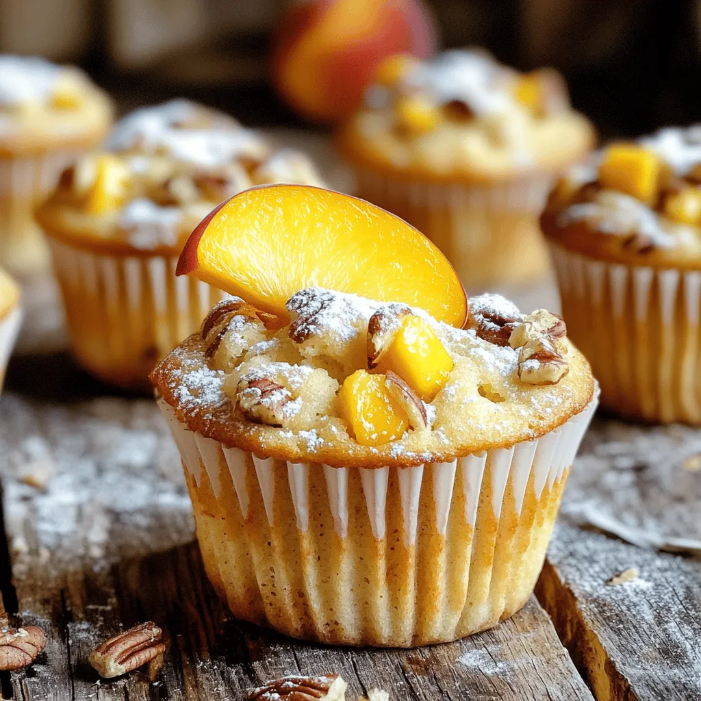 - Ripe peaches (2, diced) - Chopped pecans (1 cup) - All-purpose flour (2 cups) - Granulated sugar (1 cup) - Baking powder (2 teaspoons) - Baking soda (1/2 teaspoon) - Salt (1/2 teaspoon) - Ground cinnamon (1/2 teaspoon) - Unsalted butter (1/2 cup, melted) - Large eggs (2) - Buttermilk (1 cup) - Vanilla extract (1 teaspoon) In these muffins, ripe peaches and pecans create a sweet and nutty flavor. I love using fresh peaches because they add juiciness. Make sure the peaches are soft to the touch. This shows they are ripe and full of flavor. Chopped pecans add a crunchy texture that contrasts well with the soft muffins. For dry ingredients, mix all-purpose flour, sugar, baking powder, baking soda, salt, and ground cinnamon. These items help the muffins rise and taste great. Ground cinnamon adds warmth and depth to the flavor. The wet ingredients bind everything together. Melted unsalted butter gives a rich taste. Large eggs help the muffins rise and add moisture. Buttermilk makes the muffins fluffy and adds a slight tang. Lastly, a teaspoon of vanilla extract enhances the overall sweetness. You can always find the full recipe below to guide you through these steps. - Preheat oven to 350°F (175°C). - Prepare muffin tin with liners or grease the cups with butter. - In a bowl, combine: - 2 cups all-purpose flour - 1 cup granulated sugar - 2 teaspoons baking powder - 1/2 teaspoon baking soda - 1/2 teaspoon salt - 1/2 teaspoon ground cinnamon - In another bowl, beat 2 large eggs. - Add 1/2 cup melted butter, 1 cup buttermilk, and 1 teaspoon vanilla. - Whisk until smooth and well combined. - Pour the wet mixture into the dry ingredients. - Stir gently until just combined. - Fold in 2 diced peaches and 1 cup chopped pecans. - Divide batter among muffin cups, filling each about 2/3 full. - Bake for 20-25 minutes until a toothpick comes out clean. - Cool muffins in the pan for 5 minutes. - Transfer to a wire rack to cool completely. For the complete instructions, check the Full Recipe. - Choosing ripe peaches for maximum flavor: Select peaches that have a sweet scent and yield slightly when squeezed. These peaches will bring a juicy flavor to your muffins, enhancing the overall taste. Avoid peaches that feel hard or have blemishes. - Toasting pecans for enhanced taste: Toast pecans in a dry skillet over medium heat for about 5 minutes. This process brings out their natural oils and makes them crunchy, which adds depth to your muffins. Watch them closely to prevent burning. - Avoiding overmixing for fluffy muffins: Mix the batter gently until just combined. Overmixing can lead to dense muffins instead of light and airy ones. A few lumps are perfectly fine! - Checking muffin readiness with toothpick test: Insert a toothpick into the center of a muffin. If it comes out clean or with a few crumbs, the muffins are ready. This simple test ensures you avoid under or over-baking your treats. - Ways to serve peach muffins attractively: Serve warm muffins on a colorful plate for a vibrant presentation. You can stack them or arrange them in a circle for a beautiful display. - Garnishing ideas with powdered sugar and peach slices: Dust the tops of your cooled muffins with powdered sugar. Add a slice of fresh peach on each muffin for an eye-catching touch. This simple garnish adds a pop of color and makes your muffins look extra special. For a complete guide on making these delicious muffins, check out the Full Recipe. {{image_2}} You can change the taste of your muffins easily. Adding spices like nutmeg or ginger can wake up the flavors. Both spices blend well with peaches and pecans. If you want a crunch, try using other nuts. Walnuts and almonds are great choices. They bring a different texture and taste to the muffins. For a healthier twist, swap all-purpose flour with whole wheat flour. This change adds fiber and nutrients. You can also cut down the sugar. Use natural sweeteners like honey or maple syrup instead. They add sweetness and keep the muffins moist. If you need a gluten-free option, you can use alternative flours. Almond flour or oat flour works well in this recipe. For a vegan version, replace the eggs with flaxseed meal or applesauce. Use plant-based milk instead of buttermilk. These changes keep the muffins delicious while meeting dietary needs. For the full recipe, check the earlier section. Store your peach and pecan muffins at room temperature. Place them in an airtight container. This keeps them fresh for about two days. If you want to enjoy them longer, consider freezing them. To freeze muffins, let them cool completely first. Wrap each muffin in plastic wrap. Place wrapped muffins in a freezer bag. They can stay frozen for up to three months. When you want to eat them, take out the muffins and let them thaw at room temperature. To reheat muffins, use the oven or microwave. For the oven, preheat it to 350°F (175°C). Place muffins on a baking sheet for about 10 minutes. In the microwave, heat muffins for 15 to 20 seconds. This keeps them soft and warm. After reheating, serve them with butter or a drizzle of honey for extra flavor. You can also enjoy them with coffee or tea for a delightful treat. For the full recipe, check earlier in the article. To check if your muffins are done, look for a few signs. First, the tops should be golden brown. Second, a toothpick inserted in the center should come out clean. If it has wet batter, bake a few more minutes. I recommend starting to check at 20 minutes for perfect muffins. Yes, you can use frozen peaches in this recipe. However, they may change the texture a bit. Frozen fruit can make the muffins more moist. This might also add a slight delay in baking time. Thaw and drain them before use for the best results. If you don’t have buttermilk, you can make your own. Mix one cup of milk with one tablespoon of vinegar or lemon juice. Let it sit for about five minutes. You can also use plain yogurt or sour cream, diluted with a bit of water to mimic buttermilk. To make these muffins gluten-free, use gluten-free flour blends. Look for a blend that includes xanthan gum for better structure. Almond flour or oat flour are great options too. Just remember, the texture may differ slightly, but the flavor will be just as delicious. For the full recipe, check the details above. These peach muffins are a delightful treat, easy to make with simple steps. We covered the key ingredients, mixing instructions, and baking tips. You can customize flavors and adapt recipes for health needs. Remember to store and reheat them properly for the best taste later. Enjoy your baking experience, and share these delicious muffins with family and friends. Their sweet aroma and flavor will brighten anyone's day. Happy baking, and savor each bite of your creation!