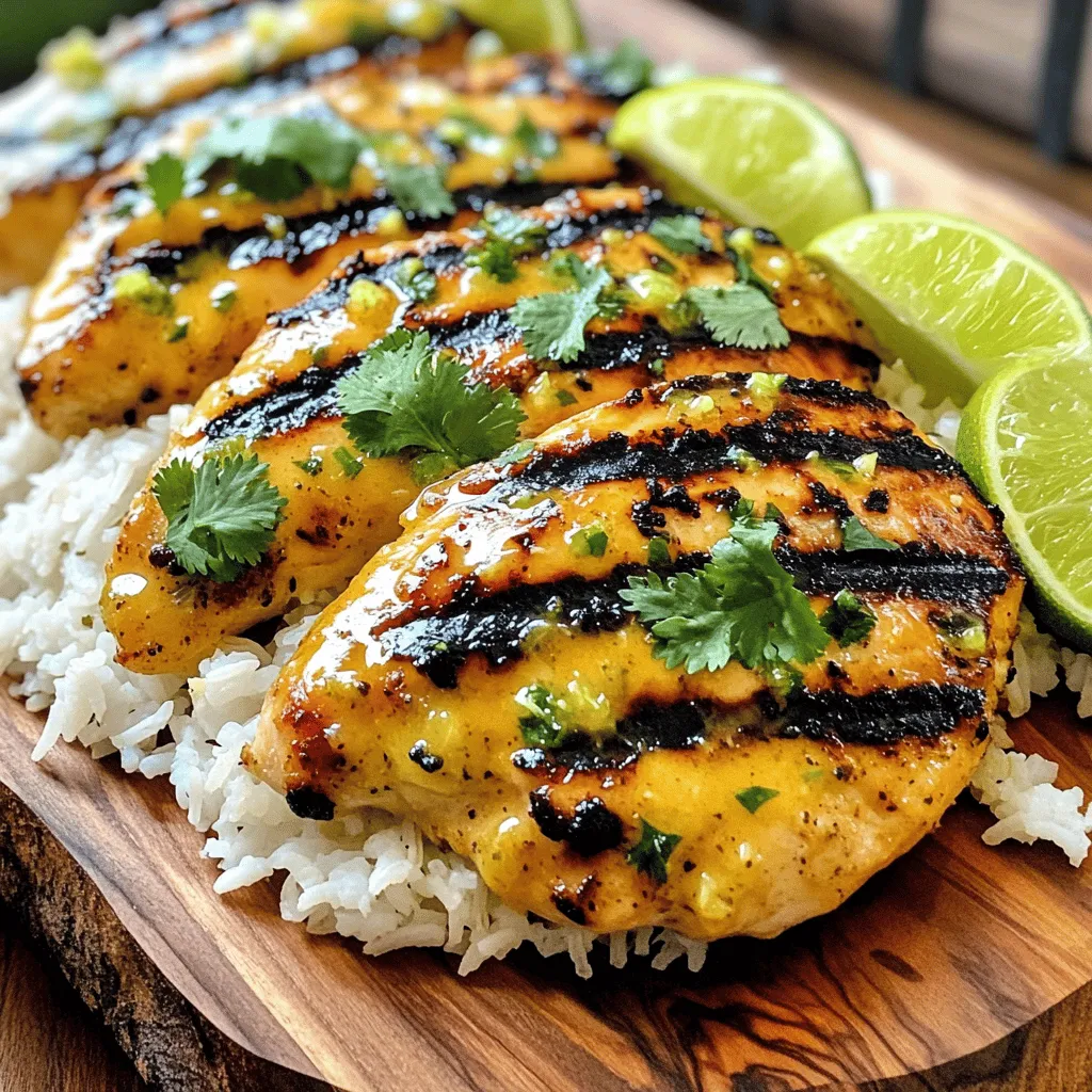 To make coconut lime grilled chicken, you need fresh and tasty items. Here’s what you will need: - 4 boneless, skinless chicken breasts - 1 can (13.5 oz) coconut milk - Zest and juice of 2 limes These ingredients form the base of your dish. The chicken gives you protein. The coconut milk adds creaminess. The lime brings a bright, fresh taste. The marinade is key to infusing flavor. Here are the essential components: - 3 tablespoons honey - 2 cloves garlic, minced - 1 teaspoon ginger, grated - 1 teaspoon salt - ½ teaspoon black pepper Combining these items creates a sweet and zesty mix. Honey balances the tartness of lime. Garlic and ginger add warmth and depth. Salt and pepper enhance all the flavors. Garnishing makes your dish look and taste better. Use fresh ingredients for the best results: - Fresh cilantro, for garnish Cilantro adds a burst of color. It also gives a fresh taste that pairs well with the chicken. You can serve the chicken with lime wedges for extra zing, too. For the full recipe, check out the detailed steps later in the article. To make the marinade, I start with a large bowl. I whisk together the coconut milk and lime zest. Then, I add the lime juice, honey, minced garlic, grated ginger, salt, and black pepper. This mix gives the chicken a fresh, tropical taste. The coconut milk keeps the chicken moist and tender. Next, I place the chicken breasts in a resealable bag. I pour the marinade over the chicken, making sure it is well-coated. I seal the bag tightly and place it in the fridge. I let it marinate for at least two hours. For best results, I recommend marinating overnight. This way, the flavors really soak in. Before I grill, I preheat the grill to medium-high heat. If I use wooden skewers, I soak them in water for 30 minutes. This helps prevent burning. I remove the chicken from the marinade and let excess drip off. I discard the marinade, as it should not touch the cooked chicken. I grill the chicken for 6-8 minutes per side, until it reaches 165°F. I look for nice grill marks too. After grilling, I let the chicken rest for 5 minutes. This keeps it juicy. Finally, I garnish with fresh cilantro before serving. For an extra kick, I serve lime wedges on the side. You can find the full recipe for Coconut Lime Grilled Chicken in the earlier section. To boost the flavor of your chicken, use fresh ingredients. Fresh lime juice and zest add zing. You can also add a pinch of chili powder for heat. If you love herbs, mix in some fresh basil or mint. These additions make the dish even more vibrant and fresh. For those beautiful grill marks, preheat your grill well. A hot grill gives you those nice lines. Place the chicken on the grill and don’t move it for the first few minutes. This helps create perfect grill marks. Flip the chicken only once for even cooking. After grilling, let your chicken rest for five minutes. This keeps it juicy and flavorful. Serve it with rice for a complete meal. You can add lime wedges on the side for extra flavor. Garnish with fresh cilantro to make it look great. If you want to try a fun twist, check out the Full Recipe for ideas! {{image_2}} Grilled chicken kabobs bring a fun twist to Coconut Lime Grilled Chicken. Cut the marinated chicken into bite-sized pieces. You can add colorful veggies like bell peppers, onions, and zucchini. Thread the chicken and veggies onto skewers. Grill them for about 10-12 minutes. This way, each bite has juicy chicken and crisp veggies. Serve with lime wedges for extra zing. Coconut lime chicken tacos are a great way to enjoy this dish. Shred the grilled chicken after it cools. Warm some corn or flour tortillas. Fill the tortillas with shredded chicken. Top with fresh cilantro, diced onions, and a squeeze of lime. You can also add avocado or salsa for more flavor. These tacos are perfect for a summer meal. If you can't grill, don't worry! You can make oven-baked coconut lime chicken. Preheat your oven to 400°F (200°C). Place the marinated chicken on a baking sheet. Bake for about 25-30 minutes or until it reaches 165°F (75°C). This method keeps the chicken moist and flavorful. Serve with your favorite sides for a tasty dinner. For the full recipe, check out the instructions above! After grilling your coconut lime chicken, let it cool first. Place any leftovers in an airtight container. This keeps the chicken fresh. Store it in the fridge for up to four days. Always label your container with the date. This way, you know when it’s best to eat it. To reheat, use the oven or a skillet. Preheat the oven to 350°F. Place the chicken on a baking dish and cover it with foil. Heat for about 15-20 minutes. If you use a skillet, warm it on medium heat. Add a splash of water or broth to keep it moist. Cook for about 5-7 minutes, flipping it halfway. You can freeze leftover coconut lime chicken too! Wrap each piece tightly in plastic wrap. Then place them in a freezer-safe bag. This keeps out air and prevents freezer burn. You can freeze it for up to three months. When ready to eat, thaw in the fridge overnight. Then, reheat as directed above. For best taste, use frozen chicken within one month. Enjoy your flavorful summer delight any time! You can serve this chicken with many sides. I love pairing it with coconut rice. The creamy rice complements the chicken's flavors. A fresh salad with lime vinaigrette also works well. You can try grilled veggies for a colorful plate. Corn on the cob adds sweetness and crunch. You might also enjoy it with tortilla chips and salsa for a fun twist. Yes, you can use other cuts of chicken. Thighs and drumsticks work nicely too. They stay juicy and tender when grilled. Just keep the cooking time in mind. Use a meat thermometer to check for doneness. All chicken cuts should reach 165°F. You can even use bone-in pieces if you prefer. For the best flavor, marinate the chicken for at least two hours. If you have more time, marinate it overnight. This allows the flavors to soak in deeply. The coconut milk helps tenderize the meat, making it juicy. A longer marination time gives you more tasty results. You can get creative with spices in the marinade. Add a pinch of cayenne for some heat. A teaspoon of paprika can bring depth. Try adding fresh herbs like basil or mint for a twist. You can also use onion powder or even curry powder for a different flavor. The key is to balance the flavors with the coconut and lime. This blog post covered making Coconut Lime Grilled Chicken. We explored key ingredients, from the marinade to garnishes. I shared step-by-step grilling techniques to help you succeed. Tips on flavor, grill marks, and serving made it easy. We also looked at tasty variations and storage methods. In closing, enjoy experimenting with this chicken dish. It's a great way to impress your friends and family!
