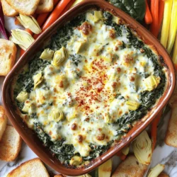 To create a tasty spinach artichoke dip, gather these key ingredients: - 1 cup fresh spinach, chopped - 1 can (14 oz) artichoke hearts, drained and chopped - 1 cup cream cheese, softened - 1/2 cup sour cream - 1/2 cup mayonnaise - 1 cup shredded mozzarella cheese - 1/2 cup grated Parmesan cheese - 2 cloves garlic, minced - 1 teaspoon lemon juice - Salt and pepper to taste - 1/4 teaspoon red pepper flakes (optional, for a little kick) These items combine to make a creamy, savory dip that everyone loves. The spinach adds color and nutrients, while artichokes bring a unique taste and texture. If you want to add more depth to your dip, consider these optional ingredients: - One teaspoon of Worcestershire sauce for umami - A dash of hot sauce for extra spice - Fresh herbs like parsley or basil for brightness - Chopped olives for a briny touch These extras can make your dip unique and cater to your taste buds. You can mix and match to find your favorite flavor profile. Need to adjust for dietary needs? Here are some easy swaps: - Use a dairy-free cream cheese for a vegan dip. - Swap sour cream with Greek yogurt for a healthier option. - Choose a gluten-free mayonnaise if needed. - Use nutritional yeast instead of cheese for a cheesy flavor without dairy. These substitutions help you enjoy the dip while meeting dietary requirements. You don’t have to miss out on the fun! For the complete recipe, check out the Full Recipe. To start, gather your ingredients. You will need fresh spinach, artichoke hearts, and cheeses. The recipe is simple and quick. First, preheat your oven to 350°F (175°C). This step is key for a good bake. In a large mixing bowl, combine the softened cream cheese, sour cream, and mayonnaise. Mix these until smooth. This creamy base is what makes the dip rich and tasty. Next, add the chopped spinach and artichokes. Don't forget to include the minced garlic and lemon juice. If you like a bit of spice, toss in red pepper flakes. Mix everything well to blend the flavors. Once your mixture is ready, fold in the shredded mozzarella and grated Parmesan. These cheeses melt perfectly, adding great flavor. Now, season with a pinch of salt and pepper to taste. Transfer the mixture to a baking dish. Spread it out evenly for even cooking. Bake in your preheated oven for about 25-30 minutes. You want the top to be golden and bubbly. When it’s done, take it out and let it cool for a few minutes. This cooling time helps the dip set slightly. For serving, I recommend warm dip with toasted bread slices or pita chips. Fresh vegetable sticks like carrots and celery also work well. They add crunch and freshness. You can garnish the dip with more Parmesan or a sprinkle of paprika. This adds a nice color and extra flavor. For the full recipe, check out the detailed steps above! To make your dip super creamy, start with softened cream cheese. It blends easily. Mix it with sour cream and mayonnaise for a smooth base. Use fresh spinach for a light texture. If you want it creamier, add more cream cheese. The key is to mix well until no lumps remain. Seasoning is key to a great dip. Use fresh garlic for an aromatic kick. A splash of lemon juice brightens the flavors. Don't skip the salt and pepper; they bring out the taste. If you like some heat, add red pepper flakes. Taste your mix before baking to adjust the flavors. You can make this dip lighter if you want. Substitute low-fat cream cheese and sour cream. You can also use Greek yogurt for added protein. For a vegan version, swap the cheeses for cashew cheese. These changes keep the flavor but cut down on fat. {{image_2}} Cheese is key to the taste of spinach artichoke dip. You can try different cheeses for fun. Instead of mozzarella, use gouda for a smoky flavor. For a sharper taste, add cheddar cheese. Cream cheese gives a nice base, but goat cheese adds tang. Mixing cheeses can create a unique dip that surprises your guests. If you like heat, spice up your dip! Add jalapeños for a kick. You can also use cayenne pepper or hot sauce. Mix in crushed red pepper flakes for a milder touch. Adjust the spice level based on your taste. Spicy spinach artichoke dip pairs well with tortilla chips or crunchy veggies. You can make a tasty vegan version too! Replace cream cheese with cashew cream or tofu. For a creamy texture, use coconut milk instead of sour cream. Nutritional yeast adds a cheesy flavor without dairy. You can find many plant-based cheeses that work well too. This way, everyone can enjoy the dip, even those with dietary restrictions. For the full recipe, check out the instructions above! To store leftover spinach artichoke dip, let it cool first. Then, transfer it to an airtight container. This keeps the dip fresh and tasty. Place it in the fridge. You can enjoy it for up to three days. Always use a clean spoon to avoid germs. When you're ready to eat the dip again, preheat your oven to 350°F (175°C). Place the dip in a baking dish. Heat it for about 15 to 20 minutes. Stir it halfway to warm it evenly. You can also use a microwave. Heat it in short bursts of 30 seconds, stirring in between. This helps keep it creamy and delicious. If you want to save the dip for later, freezing works great. First, let it cool completely. Then, place it in a freezer-safe container. Make sure to leave some space at the top, as it may expand. You can freeze it for up to two months. To enjoy, thaw it in the fridge overnight before reheating. Follow the reheating steps for the best taste. This makes it easy to enjoy your creamy spinach artichoke delight anytime! For the full recipe, check out the earlier sections. Yes, you can make Spinach Artichoke Dip ahead of time. Just mix all your ingredients as the recipe shows. Place the dip in a baking dish and cover it well. Store it in the fridge for up to 24 hours. When you're ready, bake it as directed. This way, you save time and still enjoy a hot dip. You have many tasty options for serving this dip. Here are some ideas: - Toasted bread slices - Pita chips - Fresh vegetable sticks like carrots and celery - Tortilla chips - Crackers All these choices pair well with the creamy texture of the dip. They make for a fun and easy snack. Spinach Artichoke Dip lasts about 3 to 4 days in the fridge. Make sure to store it in an airtight container. If you want to enjoy it later, you can also freeze it. Just remember, the texture may change a bit after freezing. For best results, reheat it slowly in the oven. For the full recipe, check out the details above. You learned how to make delicious spinach artichoke dip. We covered essential and optional ingredients, plus great substitutions. Step-by-step instructions ensured your dip turns out perfectly every time. You also got tips for creaminess and flavor. Explore fun variations to keep things fresh. Proper storage and reheating advice help maintain flavor. With these insights, you can impress friends and family at your next gathering. Enjoy making and sharing this tasty dip!
