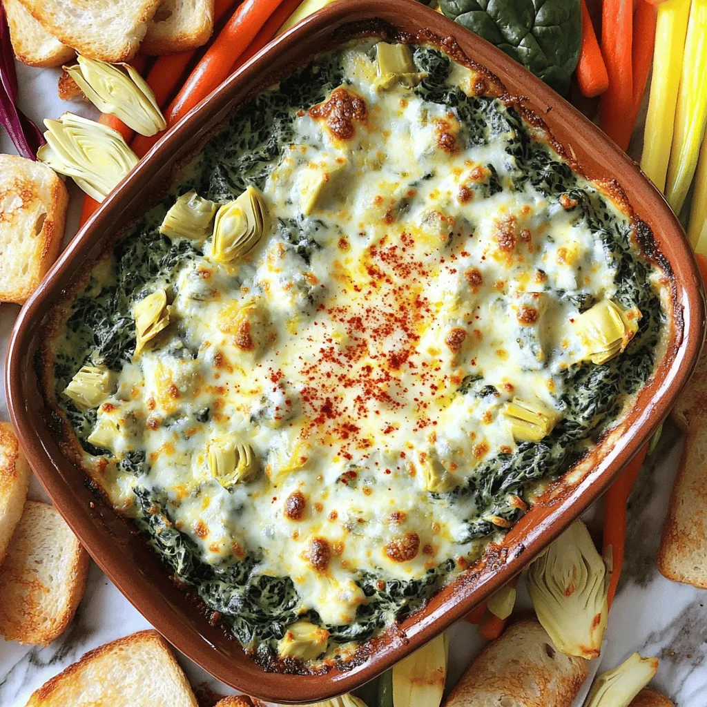To create a tasty spinach artichoke dip, gather these key ingredients: - 1 cup fresh spinach, chopped - 1 can (14 oz) artichoke hearts, drained and chopped - 1 cup cream cheese, softened - 1/2 cup sour cream - 1/2 cup mayonnaise - 1 cup shredded mozzarella cheese - 1/2 cup grated Parmesan cheese - 2 cloves garlic, minced - 1 teaspoon lemon juice - Salt and pepper to taste - 1/4 teaspoon red pepper flakes (optional, for a little kick) These items combine to make a creamy, savory dip that everyone loves. The spinach adds color and nutrients, while artichokes bring a unique taste and texture. If you want to add more depth to your dip, consider these optional ingredients: - One teaspoon of Worcestershire sauce for umami - A dash of hot sauce for extra spice - Fresh herbs like parsley or basil for brightness - Chopped olives for a briny touch These extras can make your dip unique and cater to your taste buds. You can mix and match to find your favorite flavor profile. Need to adjust for dietary needs? Here are some easy swaps: - Use a dairy-free cream cheese for a vegan dip. - Swap sour cream with Greek yogurt for a healthier option. - Choose a gluten-free mayonnaise if needed. - Use nutritional yeast instead of cheese for a cheesy flavor without dairy. These substitutions help you enjoy the dip while meeting dietary requirements. You don’t have to miss out on the fun! For the complete recipe, check out the Full Recipe. To start, gather your ingredients. You will need fresh spinach, artichoke hearts, and cheeses. The recipe is simple and quick. First, preheat your oven to 350°F (175°C). This step is key for a good bake. In a large mixing bowl, combine the softened cream cheese, sour cream, and mayonnaise. Mix these until smooth. This creamy base is what makes the dip rich and tasty. Next, add the chopped spinach and artichokes. Don't forget to include the minced garlic and lemon juice. If you like a bit of spice, toss in red pepper flakes. Mix everything well to blend the flavors. Once your mixture is ready, fold in the shredded mozzarella and grated Parmesan. These cheeses melt perfectly, adding great flavor. Now, season with a pinch of salt and pepper to taste. Transfer the mixture to a baking dish. Spread it out evenly for even cooking. Bake in your preheated oven for about 25-30 minutes. You want the top to be golden and bubbly. When it’s done, take it out and let it cool for a few minutes. This cooling time helps the dip set slightly. For serving, I recommend warm dip with toasted bread slices or pita chips. Fresh vegetable sticks like carrots and celery also work well. They add crunch and freshness. You can garnish the dip with more Parmesan or a sprinkle of paprika. This adds a nice color and extra flavor. For the full recipe, check out the detailed steps above! To make your dip super creamy, start with softened cream cheese. It blends easily. Mix it with sour cream and mayonnaise for a smooth base. Use fresh spinach for a light texture. If you want it creamier, add more cream cheese. The key is to mix well until no lumps remain. Seasoning is key to a great dip. Use fresh garlic for an aromatic kick. A splash of lemon juice brightens the flavors. Don't skip the salt and pepper; they bring out the taste. If you like some heat, add red pepper flakes. Taste your mix before baking to adjust the flavors. You can make this dip lighter if you want. Substitute low-fat cream cheese and sour cream. You can also use Greek yogurt for added protein. For a vegan version, swap the cheeses for cashew cheese. These changes keep the flavor but cut down on fat. {{image_2}} Cheese is key to the taste of spinach artichoke dip. You can try different cheeses for fun. Instead of mozzarella, use gouda for a smoky flavor. For a sharper taste, add cheddar cheese. Cream cheese gives a nice base, but goat cheese adds tang. Mixing cheeses can create a unique dip that surprises your guests. If you like heat, spice up your dip! Add jalapeños for a kick. You can also use cayenne pepper or hot sauce. Mix in crushed red pepper flakes for a milder touch. Adjust the spice level based on your taste. Spicy spinach artichoke dip pairs well with tortilla chips or crunchy veggies. You can make a tasty vegan version too! Replace cream cheese with cashew cream or tofu. For a creamy texture, use coconut milk instead of sour cream. Nutritional yeast adds a cheesy flavor without dairy. You can find many plant-based cheeses that work well too. This way, everyone can enjoy the dip, even those with dietary restrictions. For the full recipe, check out the instructions above! To store leftover spinach artichoke dip, let it cool first. Then, transfer it to an airtight container. This keeps the dip fresh and tasty. Place it in the fridge. You can enjoy it for up to three days. Always use a clean spoon to avoid germs. When you're ready to eat the dip again, preheat your oven to 350°F (175°C). Place the dip in a baking dish. Heat it for about 15 to 20 minutes. Stir it halfway to warm it evenly. You can also use a microwave. Heat it in short bursts of 30 seconds, stirring in between. This helps keep it creamy and delicious. If you want to save the dip for later, freezing works great. First, let it cool completely. Then, place it in a freezer-safe container. Make sure to leave some space at the top, as it may expand. You can freeze it for up to two months. To enjoy, thaw it in the fridge overnight before reheating. Follow the reheating steps for the best taste. This makes it easy to enjoy your creamy spinach artichoke delight anytime! For the full recipe, check out the earlier sections. Yes, you can make Spinach Artichoke Dip ahead of time. Just mix all your ingredients as the recipe shows. Place the dip in a baking dish and cover it well. Store it in the fridge for up to 24 hours. When you're ready, bake it as directed. This way, you save time and still enjoy a hot dip. You have many tasty options for serving this dip. Here are some ideas: - Toasted bread slices - Pita chips - Fresh vegetable sticks like carrots and celery - Tortilla chips - Crackers All these choices pair well with the creamy texture of the dip. They make for a fun and easy snack. Spinach Artichoke Dip lasts about 3 to 4 days in the fridge. Make sure to store it in an airtight container. If you want to enjoy it later, you can also freeze it. Just remember, the texture may change a bit after freezing. For best results, reheat it slowly in the oven. For the full recipe, check out the details above. You learned how to make delicious spinach artichoke dip. We covered essential and optional ingredients, plus great substitutions. Step-by-step instructions ensured your dip turns out perfectly every time. You also got tips for creaminess and flavor. Explore fun variations to keep things fresh. Proper storage and reheating advice help maintain flavor. With these insights, you can impress friends and family at your next gathering. Enjoy making and sharing this tasty dip!