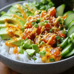 - 1 cup sushi rice - 1 1/4 cup water - 1 tablespoon rice vinegar - 1 teaspoon sugar - 1/2 teaspoon salt - 8 ounces fresh sushi-grade tuna, diced - 2 tablespoons mayonnaise (preferably Kewpie) - 1 tablespoon sriracha (adjust to taste) - 2 green onions, thinly sliced - 1 tablespoon sesame oil - 1 tablespoon soy sauce - Toasted sesame seeds for garnish Sushi rice forms the base of this dish. It has a sticky texture that holds together well. You should always use sushi-grade tuna. It is safe to eat raw and offers the best flavor. The spices and condiments, like sriracha and Kewpie mayo, provide that spicy kick you crave. - 1 avocado, sliced - 1 small cucumber, julienned - Nori sheets, cut into strips (optional) Adding avocado and cucumber gives your bowl a creamy and crunchy texture. They also add fresh flavors that balance the spice. Nori sheets are fun to munch on the side. They add a lovely umami taste and a bit of crunch. You can mix and match these optional ingredients to suit your taste. For the full recipe, check out the Spicy Tuna Sushi Bowls section. Rinsing and Cooking the Rice Start by rinsing the sushi rice. Place it in a bowl and add cold water. Swirl the rice gently with your hands. Drain the water and repeat this process until the water runs clear. This step removes excess starch. Next, combine the rinsed rice and 1 1/4 cups of water in a pot. Bring it to a boil over medium heat. Once boiling, reduce the heat to low and cover the pot. Cook for 15 minutes. After that, remove it from the heat, and let it sit, covered, for another 10 minutes. This resting time helps the rice become fluffy. Seasoning the Rice While the rice rests, mix rice vinegar, sugar, and salt in a small bowl. Stir until the sugar and salt dissolve. Once the rice has rested, transfer it to a large bowl. Gently fold in the vinegar mixture. Be careful not to mash the rice. Allow it to cool to room temperature. This seasoned rice is the base of your sushi bowls. Combining Ingredients for Tuna In a medium bowl, add the diced sushi-grade tuna. Pour in the mayonnaise and sriracha. You can adjust the sriracha to your taste. Mix all the ingredients well until the tuna is evenly coated. This step gives your tuna that spicy kick. Coating Tuna Evenly Make sure each piece of tuna has a good amount of sauce on it. This ensures every bite is flavorful. Set the mixture aside while you prepare the bowls. Dividing Ingredients into Bowls Take four bowls and divide the seasoned sushi rice evenly among them. This rice acts as the base for your sushi bowls. Next, top each bowl with the spicy tuna mixture. Add slices of avocado and julienned cucumber on top. Lastly, sprinkle thinly sliced green onions over everything. Adding Garnishes Drizzle sesame oil and soy sauce over each bowl. This adds extra flavor. For a final touch, sprinkle toasted sesame seeds on top. If you like, add nori strips on the side for some crunch. Serve your spicy tuna sushi bowls immediately and enjoy! For more details on the full recipe, check the Full Recipe section. Rinsing Techniques Rinsing sushi rice is key for perfect results. You want to wash it well. Place the rice in a bowl and fill it with cold water. Swirl the rice gently. Drain the water and repeat this step until the water runs clear. This process removes excess starch. It helps the rice become fluffy and not sticky. Temperature Control Cooking sushi rice needs care. After boiling, reduce the heat and cover the pot. Let it cook for 15 minutes. Then, remove it from heat and let it sit for 10 more minutes. This resting time lets the rice steam and absorb flavors. Always let it cool to room temperature before serving. Adjusting Sriracha Levels Sriracha adds heat to your spicy tuna. Start with one tablespoon and mix it in. Taste the mixture. If you want more heat, add a bit more sriracha. Mixing in small amounts helps control the spice. This way, you can make it perfect for your taste. Alternatives to Kewpie Mayonnaise Kewpie mayonnaise is rich and creamy. If you can’t find it, use regular mayonnaise. You can also mix regular mayo with a bit of rice vinegar for tanginess. Another great option is to use Greek yogurt. It gives a nice creaminess with less fat. Arranging Ingredients Visually A beautiful bowl makes a meal more enjoyable. Start with the sushi rice at the bottom. Then, add the spicy tuna mixture on top. Arrange the avocado and cucumber around the tuna. This makes the bowl colorful and fun. Use different colors to make it pop! Garnishing Ideas Garnish adds flair to your dish. Sprinkle toasted sesame seeds over the top. You can also add thinly sliced green onions for a fresh taste. If you like, add strips of nori on the side. These little touches make your spicy tuna sushi bowl look and taste amazing. For the full recipe, check out the steps provided earlier in the article. {{image_2}} If you want to switch things up, consider using salmon or tofu. Both options bring unique tastes and textures to your spicy tuna sushi bowls. - Salmon: Salmon offers a rich flavor and buttery texture. It pairs well with the same sauces and ingredients as tuna. - Tofu: For a plant-based choice, use firm tofu. Marinate it in soy sauce for added flavor before adding it to your bowl. Fresh veggies add crunch and color. Here are some great options: - Cabbage: Shredded cabbage gives a nice crunch. - Radishes: Thinly sliced radishes add a peppery bite. - Carrots: Grated or julienned carrots bring sweetness. You can also think about what’s in season. Fresh, local produce often tastes better and is more affordable. You can play with sauces to change the flavor of your bowls. Here are some ideas: - Traditional Sauces: Stick to the classic sriracha and Kewpie mayonnaise for a familiar taste. - Non-Traditional Sauces: Try using wasabi mayo or a spicy sesame dressing for a different kick. Remember, the key is to adjust flavors to suit your taste. Mix and match until you find what you love! For the full recipe, check the details above. - Best Practices for Refrigeration: Place your leftover spicy tuna sushi bowls in airtight containers. This keeps them fresh and prevents odors from mixing in the fridge. Always cool the bowls to room temperature before sealing them. - Duration for Freshness: You can store these bowls in the fridge for up to 2 days. After that, the rice and tuna may lose their best texture and taste. - How to Sustain Texture and Flavor: When reheating, use a microwave on low power. This helps warm the rice gently, keeping it fluffy. Avoid heating the tuna in the microwave, as it can become tough. - Avoiding Overcooking: Heat for short bursts, like 30 seconds, and check often. You want to warm the rice without cooking it further. - Can You Freeze Sushi Bowls?: It is not ideal to freeze sushi bowls. The rice and fish can change in texture when thawed. However, if you must freeze, separate the ingredients. - Recommended Freezing Methods: Freeze the rice and tuna in different bags. Use airtight freezer bags and remove as much air as possible. You can also freeze the sliced avocado and cucumber, but they will lose crunchiness. Use sushi-grade tuna for the best taste. Sushi-grade tuna is safe to eat raw. It comes from healthy fish and is handled with care. Regular tuna may not be safe for raw dishes. Always choose sushi-grade tuna from a trusted source. This ensures freshness and quality. For sushi bowls, I recommend yellowfin or bluefin tuna. Both have a rich flavor and great texture. You can use brown rice, but it changes the dish. Brown rice has a chewier texture than sushi rice. It takes longer to cook too. If you use brown rice, adjust the water and cooking time. Use 1.5 cups of water for 1 cup of brown rice. Cook it for about 40-45 minutes. Make sure to season it like sushi rice for the best flavor. The spice level is up to you! Start with 1 tablespoon of sriracha. This gives a nice kick without being too hot. If you want it spicier, add more sriracha. You can also mix in chili oil for a different flavor. Taste as you go, and adjust to your liking. Many restaurants offer spicy tuna sushi bowls for takeout. Look for sushi bars or places that specialize in Japanese food. Some grocery stores have ready-made options too. Check their deli section for fresh sushi. Local food delivery apps may also have great choices. Always read reviews to find the best spots. In this guide, we've covered how to make tasty spicy tuna sushi bowls. You learned about the essential and optional ingredients, like sushi rice and fresh tuna. I shared step-by-step instructions on preparing the rice and mixing tuna. We also explored tips for flavor and presentation. Now, you can enjoy these bowls at home, mixing flavors as you like. With fresh ingredients and some practice, you’ll create a dish that impresses your taste buds and your friends. Enjoy making your sushi bowls!