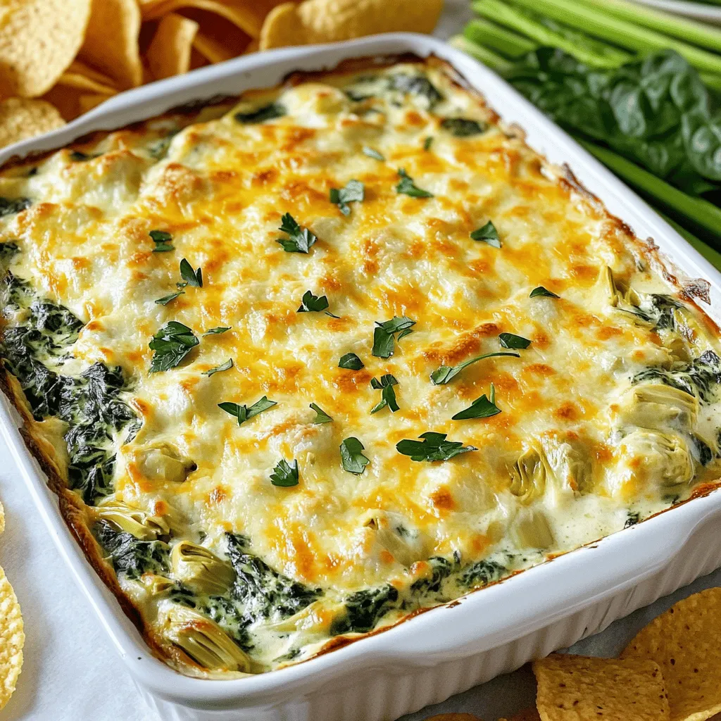 To make the Cheesy Spinach Artichoke Dip, you need fresh and tasty ingredients. Here’s what you will need: - 1 cup fresh spinach, chopped - 1 cup artichoke hearts, drained and roughly chopped - 1 cup cream cheese, softened - 1 cup sour cream - 1 cup shredded mozzarella cheese - 1/2 cup grated Parmesan cheese - 2 cloves garlic, minced - 1 teaspoon onion powder - 1 teaspoon red pepper flakes (optional, for a kick) - Salt and black pepper to taste These ingredients blend together for a creamy and cheesy dip. The fresh spinach adds a nice green color and a health boost. The artichokes give it a unique flavor that pairs well with the cheeses. Using cream cheese and sour cream makes this dip rich and smooth. The garlic, onion powder, and red pepper flakes bring out a great taste. Feel free to adjust the salt and pepper to your liking. This recipe is easy, and I love how it brings people together. You can serve it with tortilla chips or veggie sticks. For the full recipe, check the complete instructions. Enjoy the fun of making and sharing this dip! - Preheat oven to 350°F (175°C). - Prepare a baking dish by greasing it. - Combine cream cheese, sour cream, and minced garlic. - Mix until it is smooth and creamy. - Stir in chopped spinach, artichoke hearts, mozzarella, Parmesan, and onion powder. - Add salt, black pepper, and red pepper flakes if you want heat. - Transfer the mixture to the greased baking dish. - Spread the mixture evenly in the dish. - Top with extra mozzarella for a cheesy crust. - Bake for 25-30 minutes until it is golden and bubbly. - Allow it to cool for a few minutes before serving. - Serve with tortilla chips or fresh veggie sticks for dipping. - For the full recipe, check out the previous section. To make your cheesy spinach artichoke dip even better, consider adding some spices. You can try: - Cumin for warmth - Dill for a fresh taste - Smoked paprika for a hint of smoke If you want richer flavor, swap out some sour cream for cream cheese. You can also use a mix of fresh and dried herbs. This adds depth to your dip. Presentation matters, especially for gatherings. Here are some garnishing tips: - Top with fresh herbs like parsley or chives. - Drizzle a bit of olive oil on top. For a fun look, serve the dip in a bread bowl. Place it on a platter with tortilla chips and veggie sticks around it. This invites guests to dig in. Avoiding common mistakes can make your dip perfect. First, don’t overmix the ingredients. This keeps your dip creamy. Second, watch your baking time. Bake until it bubbles and turns golden brown. This ensures full flavor and a nice texture. {{image_2}} To add some heat to your dip, try adding jalapeños or a splash of hot sauce. I love the kick it gives. Diced jalapeños bring a fresh, zesty flavor. If you prefer, a few dashes of your favorite hot sauce can also work wonders. Adjust the amount based on your spice level. Remember, it's all about your taste! You can switch up the cheeses for a different taste. Try using cheddar or gouda instead of mozzarella. Each cheese brings its own flavor. For a lighter dip, consider using cream alternatives. Greek yogurt can add a creamy texture without the extra calories. Mix and match until you find your perfect blend! If you're looking for a vegan option, there are great substitutes. Plant-based cream cheese and yogurt are excellent choices. They keep the dip creamy and rich. You can also use cashews for added texture and flavor. Soak them in water, blend, and add to your mix. This keeps the dip delicious and guilt-free! For the full recipe, check out the [Full Recipe]. To store your Cheesy Spinach Artichoke Dip, let it cool first. Then, place it in an airtight container. You can keep it in the fridge for up to three days. When you want to reheat it, use the oven or a microwave. If using the oven, heat it at 350°F (175°C) for about 15 minutes. Stir it halfway through to warm it evenly. If using a microwave, heat it in short bursts, stirring in between. Yes, you can freeze Cheesy Spinach Artichoke Dip! To freeze, let the dip cool completely. Then, transfer it to a freezer-safe container. It can last up to three months in the freezer. When you are ready to enjoy it, thaw the dip overnight in the fridge. After thawing, reheat it in the oven at 350°F (175°C) for about 25 minutes or until it is hot and bubbly. Enjoy your delicious dip again! Cheesy Spinach Artichoke Dip lasts about 3 to 5 days in the fridge. To keep it fresh, store it in an airtight container. Always check for any signs of spoilage before eating. Yes, you can make this dip ahead of time. Prepare it and store it in the fridge. When you’re ready to serve, just bake it until hot. This makes it easy for parties or gatherings. You can serve this dip with a variety of dippers. Here are some great options: - Tortilla chips - Fresh veggie sticks (like carrots and celery) - Pita bread or crackers - Sliced baguette Yes, you can make Cheesy Spinach Artichoke Dip in a slow cooker. Simply mix all the ingredients as per the Full Recipe. Then, pour the mixture into the slow cooker. Cook on low for about 2 to 3 hours, stirring occasionally. Enjoy warm with your favorite dippers! This blog post covered everything you need to know about making Cheesy Spinach Artichoke Dip. We discussed the key ingredients, step-by-step baking instructions, and tips to enhance flavor. I also shared variations to suit your taste and ideas for storage. With this easy guide, you can wow your guests at any gathering. Whether you want it spicy or creamy, there’s a version for everyone. Enjoy your delicious dip!