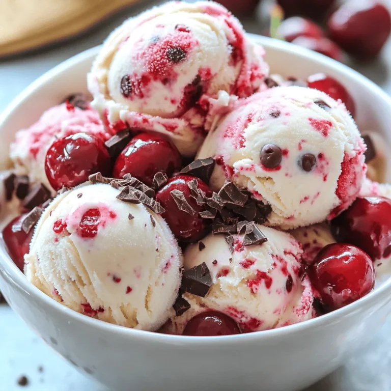 - 2 cups heavy cream - 1 cup whole milk - 3/4 cup granulated sugar - 1 teaspoon pure vanilla extract - 1 cup fresh cherries, pitted and halved - 1 cup semi-sweet chocolate chips - 1 tablespoon lemon juice - A pinch of salt Choosing great ingredients makes your ice cream shine. Start with heavy cream. It gives your ice cream a rich and creamy texture. Whole milk also adds creaminess and balances the mix. When picking cherries, look for fresh, ripe ones. They should be bright red and firm. Avoid any with bruises or soft spots. Fresh cherries bring a burst of flavor. Pitting and halving them makes them easy to mix in. For chocolate chips, semi-sweet is the best choice. They add just the right sweetness and richness. You can try dark chocolate chips for a bolder taste or milk chocolate for a sweeter treat. If you need an alternative for heavy cream, you can use coconut cream. It gives a nice flavor and creamy texture, too. Just keep in mind it will add a hint of coconut taste. You can find the full recipe for this delightful summer treat [here](insert link). To start, you need to mix the cream and sugar. In a large bowl, whisk together: - 2 cups heavy cream - 1 cup whole milk - 3/4 cup granulated sugar - 1 teaspoon pure vanilla extract - A pinch of salt Whisk until the sugar dissolves and the mix is smooth. This step is key for a creamy base. Next, you add flavor enhancers. Pour in 1 tablespoon of lemon juice. This brightens the flavor and adds a zesty note. Blend it well into the cream mixture. Now it’s time to fold in the cherries and chocolate. You’ll want to add: - 1 cup fresh cherries, pitted and halved - 1 cup semi-sweet chocolate chips Gently fold these into the cream base. Use a spatula and be careful not to break the cherries. This ensures they stay whole and juicy. For even distribution, mix slowly. You want the cherries and chocolate chips spread throughout the ice cream. Now, pour the mixture into your ice cream maker. Follow the manufacturer’s instructions. Usually, this takes about 20-25 minutes. You want it to reach a soft-serve consistency. After churning, transfer the ice cream to an airtight container. Smooth the top with a spatula for a nice finish. If you prefer a firmer texture, place the container in the freezer. Let it freeze for at least 4 hours before serving. This step is crucial for that perfect scoop. For the full recipe, check the main section. Enjoy your homemade treat! To make smooth ice cream, avoid ice crystals. Start with very cold ingredients. This helps keep the ice cream creamy. Use an ice cream maker. It helps incorporate air, which gives a light texture. Churn the mixture for about 20-25 minutes. Stop when it reaches soft-serve consistency. This ensures a rich and creamy treat. Serve the ice cream at the right temperature. Let it sit out for about five minutes before scooping. This makes it easier to serve. For a fun presentation, use chilled bowls. Add extra cherries and chocolate shavings on top. This makes your ice cream look fancy and delicious. Overmixing can ruin your ice cream. Mix just until combined, then stop. Too much salt or lemon juice can overpower the flavor. Use only a pinch of salt. For lemon juice, stick to one tablespoon. These tips will help you make the best cherry chocolate chip ice cream. Enjoy your homemade treat from the Full Recipe! {{image_2}} You can make cherry chocolate chip ice cream even better! Try adding nuts like walnuts or almonds. They give a nice crunch and contrast the soft ice cream. You can also swirl in other flavors, such as caramel or peanut butter. Adding these gives new tastes with each bite. If you want a dairy-free version, use coconut cream or almond milk instead of heavy cream and whole milk. These options still make a creamy ice cream. For a sugar-free treat, use a sugar substitute like stevia or erythritol. This way, you can enjoy the flavor without the extra sugar. Switching up the fruit can create fun new flavors. In summer, use fresh peaches or strawberries. In fall, add pumpkin puree for a seasonal treat. You can also make themed variations for holidays. For example, add peppermint extract for a festive touch during winter. Each season brings a chance to try something new! Check out the Full Recipe for more details on making this delicious treat. To keep your cherry chocolate chip ice cream fresh, use an airtight container. This helps prevent ice crystals. A plastic container with a tight lid works well. You can also use a glass container if it seals tightly. Before placing the ice cream inside, smooth the top with a spatula. This minimizes air exposure. When freezing, place the container in the coldest part of your freezer. Avoid the door, as it fluctuates in temperature. Cover the surface of the ice cream with plastic wrap. This adds an extra layer of protection against freezer burn. You can store homemade cherry chocolate chip ice cream for about two weeks. After this time, the flavor may fade. Always check for signs of spoilage. If you see ice crystals on top or notice a grainy texture, it’s time to toss it. If the ice cream smells off, do not eat it. Yes, you can refreeze ice cream, but I don’t recommend it. The texture may change and become icy. If you choose to refreeze, do it quickly. Put the ice cream back in the freezer as soon as you finish serving it. To maintain quality after refreezing, ensure it stays in an airtight container. Freeze it at a low temperature. This helps keep the texture smooth. Enjoy the cherry chocolate chip ice cream from the [Full Recipe]. You can make ice cream without a maker using a simple method. Start by mixing your ingredients in a bowl. Then, pour the mix into a large, shallow dish. Place the dish in the freezer. Every 30 minutes, stir the mixture with a fork for about 3 hours. This helps break up any ice that forms. You will create a creamy texture without a machine! Yes, you can use frozen cherries. They are convenient and often ready to use. Frozen cherries can make your ice cream cold and refreshing. However, they may be softer than fresh cherries. This can change the texture of your ice cream slightly. If you use frozen cherries, let them thaw first. Drain extra juice before adding them to your mix. Add fun toppings to your ice cream for extra flavor. Try crushed nuts, like walnuts or almonds, for a nice crunch. You can also add whipped cream for a creamy touch. A drizzle of chocolate syrup or caramel can enhance the sweetness. Fresh mint leaves can add a nice pop of color and flavor. Get creative with your toppings! You can find Cherry Chocolate Chip Ice Cream at many grocery stores. Look for popular brands like Ben & Jerry's and Haagen-Dazs. Local ice cream shops may also offer it as a seasonal flavor. Check out farmer's markets for homemade versions. They often use fresh, local ingredients. If you want to make it yourself, check the Full Recipe to create your own at home! To make Cherry Chocolate Chip Ice Cream, gather all the right ingredients. Use fresh cherries and quality chocolate chips for the best flavor. Follow the steps to mix, churn, and freeze. Remember to avoid common mistakes like overmixing. For creative twists, try seasonal fruits or alternative diets. Store it properly to keep it fresh. Making ice cream at home can be fun and tasty. Enjoy every scoop and share it with friends!
