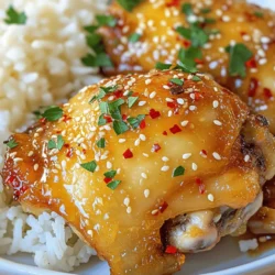 - 4 chicken thighs, bone-in and skin-on - 4 tablespoons honey - 3 cloves garlic, minced - 1 tablespoon soy sauce - 1 tablespoon apple cider vinegar - 1 teaspoon red pepper flakes (adjust for heat preference) - 1 teaspoon smoked paprika - Salt and pepper to taste - 2 tablespoons olive oil - Fresh parsley, chopped (for garnish) - Sesame seeds (for garnish) I love chicken thighs because they are juicy and full of flavor. For this dish, you want bone-in and skin-on thighs. The skin crisps up nicely and keeps the meat moist. The marinade is where the magic happens. Honey adds sweetness, garlic gives depth, and soy sauce brings a savory touch. To get the best taste, measure your ingredients carefully. Use tablespoons for liquids and teaspoons for spices. Fresh garlic makes a huge difference. It adds a strong, vibrant flavor. Always taste your marinade before using it. Adjust the salt and pepper based on your preference. If you want a healthier option, use low-sodium soy sauce. It cuts down on salt without losing flavor. For a different twist, try maple syrup instead of honey. It adds a unique sweetness. You can also experiment with different vinegars, like rice vinegar, for a milder taste. To make the marinade, mix the following in a bowl: - 4 tablespoons honey - 3 cloves garlic, minced - 1 tablespoon soy sauce - 1 tablespoon apple cider vinegar - 1 teaspoon red pepper flakes - 1 teaspoon smoked paprika - Salt and pepper to taste Whisk these ingredients until smooth. The honey gives sweetness. The garlic adds depth. Soy sauce brings umami. Apple cider vinegar balances the flavors. Adjust red pepper flakes for heat. This mix should taste bold and inviting. After making the marinade, it's time to marinate the chicken. Place your chicken thighs in a resealable bag or a shallow dish. Pour the marinade over the chicken. Ensure each piece is well coated. Seal the bag or cover the dish. Refrigerate for at least 30 minutes. For a stronger flavor, marinate for up to 2 hours. This step helps the chicken soak up all that delicious taste. For a crispy skin, start by searing the chicken. Heat olive oil in an oven-safe skillet over medium-high heat. Once hot, add the chicken thighs skin-side down. Sear for about 4-5 minutes. Look for a golden brown color. This step locks in flavor and gives texture. Next, bake the chicken. Flip the thighs over and pour any remaining marinade on top. Transfer the skillet to a preheated oven set at 400°F (200°C). Bake for 25-30 minutes. Use a meat thermometer to check the internal temperature. It should reach 165°F (74°C). This ensures the chicken is fully cooked and safe to eat. To make your spicy honey garlic chicken thighs just right, consider adjusting the spice level. I love to use red pepper flakes. You can add more if you like heat. Just start with one teaspoon and taste as you go. This way, you can find the perfect kick for you. Letting the chicken rest is key. After cooking, let it sit for five minutes. This allows the juices to settle. Resting makes each bite juicy, not dry. For searing, I recommend using a cast iron skillet. It gets hot and holds heat well. This helps to give the chicken a nice, crispy skin. You can also use a stainless steel skillet if you prefer. A meat thermometer is a must. It ensures your chicken reaches 165°F (74°C). This way, you know it’s safe to eat and cooked just right. Plating can make a big difference. I like to serve the chicken on a large white plate. This makes the colors pop. Place the chicken in the center and drizzle some sauce around it. For garnishes, fresh parsley adds a nice touch. You can also sprinkle sesame seeds on top. These simple additions make your dish look gourmet and inviting. {{image_2}} Grilling and baking are great ways to cook spicy honey garlic chicken thighs. Each method has its perks. - Grilling: This method gives a nice smoky flavor. The heat from the grill adds a char that many love. However, it requires close attention to avoid burning. - Baking: Baking is easy and less hands-on. You can set the oven and forget about it for a bit. It also keeps the chicken juicy. The downside? You miss out on the smoky flavor from grilling. You can also adapt this recipe for a slow cooker. Just place marinated chicken thighs in the slow cooker with a bit of extra sauce. Cook on low for 6-8 hours or high for 3-4 hours. This method makes the chicken very tender and flavorful. You can change up the flavors in this dish easily. Adding citrus like lime or lemon can brighten the taste. Fresh herbs like cilantro or basil can add a new twist. Experimenting with these can give you a fresh take on the classic. If you want to adjust the heat, try lowering the red pepper flakes. For more spice, add extra. You can also use hot sauce as a substitute. This way, you can make the dish just right for your taste. When serving spicy honey garlic chicken thighs, choose sides that balance the flavors. Here are some great options: - Steamed rice: The rice soaks up the sauce and cools the spice. - Roasted vegetables: They add crunch and color to the plate. - Coleslaw: The crunch and creaminess help balance the heat. These sides work well to complement the dish. They enhance the meal and make it even tastier. For a fun twist, try a light salad with a citrus dressing. This adds freshness and pairs nicely with the rich flavors of the chicken. You can find the full recipe for spicy honey garlic chicken thighs to get started. Enjoy experimenting with these variations to make the dish your own! To store leftover chicken, let it cool first. Place the chicken in an airtight container. This keeps it fresh longer. If you don’t have an airtight container, use a non-airtight one. Just make sure to eat it within two days. This helps avoid spoilage and keeps all the flavors intact. When reheating, the oven is the best choice. Preheat it to 350°F (175°C). Place the chicken in an oven-safe dish. Cover it with foil to keep it moist. Bake for about 15-20 minutes. This way, it warms evenly without drying out. If you use a microwave, heat it in short bursts. Start with 30 seconds, check it, then add more time if needed. This prevents overheating and keeps the texture nice. To freeze cooked chicken thighs, let them cool completely. Wrap each piece tightly in plastic wrap. Then, place them in a freezer bag. Remove as much air as possible to prevent freezer burn. Use within three months for the best taste. When ready to eat, thaw in the fridge overnight. For a quicker option, you can thaw in cold water. Just remember to cook it right away after thawing. To lower the heat, reduce the red pepper flakes. You can also add more honey. This will balance the heat with sweetness. Another option is to mix in some plain yogurt or sour cream. These will cool down the dish nicely. Yes, you can use boneless chicken thighs. They will cook faster than bone-in thighs. Check for doneness around 20 to 25 minutes in the oven. The texture will be a bit different, but still very tasty! Serve your chicken with steamed rice or roasted veggies. Both will soak up the tasty sauce. A fresh salad or coleslaw also adds a nice crunch. Pair it with a light drink, like iced tea or lemonade, to balance the flavors. For the full recipe, check out the Spicy Honey Garlic Chicken Thighs! You now have the tools to create amazing spicy honey garlic chicken thighs. Remember the key ingredients like chicken thighs, honey, and soy sauce. Pay attention to measurements for great flavor. Searing gives crispy skin, while marinating ensures deep taste. Explore variations and don’t forget about good sides. Store leftovers properly to keep them fresh. By following these steps, you’ll impress anyone at your dinner table. Enjoy your cooking adventure!