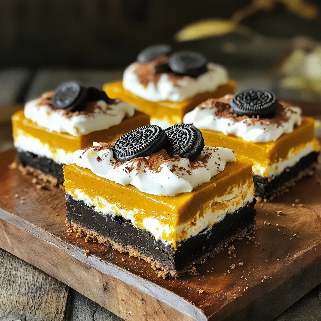 - 24 Oreo cookies, crushed - ½ cup unsalted butter, melted - 1 cup pumpkin puree - 1 cup cream cheese, softened - ½ cup powdered sugar - 1 teaspoon vanilla extract - 1 teaspoon pumpkin spice - 1 cup Cool Whip or whipped cream - Additional crushed Oreos for topping When making No-Bake Pumpkin Oreo Bars, you need a few simple ingredients. First, the Oreo cookies create a crunchy base. The creamy filling comes from pumpkin puree and cream cheese. Together, these ingredients make a delicious treat. To start, crush the Oreo cookies. You can use a rolling pin or a food processor. Mix the crushed cookies with melted butter. This mixture forms the crust. Press it into a greased baking pan. Next, you need pumpkin puree. It gives the bars their rich flavor. Cream cheese adds a smooth texture. Beat these with sugar and spices until combined. Then, fold in the Cool Whip for a light finish. This gives the filling a fluffy feel. You can also think about extra toppings. More crushed Oreos or a sprinkle of pumpkin spice can make the bars look pretty. You can find the full recipe linked above. Start by crushing 24 Oreo cookies into fine crumbs. You can use a food processor or a rolling pin. Next, mix these crumbs with ½ cup of melted butter in a medium bowl. Stir until the crumbs soak up the butter. This will make a tasty, rich crust. Now, press this mixture evenly into the bottom of a greased 9x9-inch baking pan. Use the back of a measuring cup to get it flat and even. In a larger bowl, combine 1 cup of pumpkin puree, 1 cup of softened cream cheese, and ½ cup of powdered sugar. Add 1 teaspoon of vanilla extract and 1 teaspoon of pumpkin spice for flavor. Beat this mixture with an electric mixer until it is smooth and creamy. This part brings warmth and sweetness to your bars. Now, gently fold in 1 cup of Cool Whip or whipped cream. This will make the filling light and fluffy. Spread the creamy pumpkin mixture evenly over the Oreo crust in your baking pan. Smooth the top with a spatula for a nice finish. For a fun crunch, sprinkle additional crushed Oreos on top. Cover the pan with plastic wrap and place it in the fridge. Chill the bars for at least 4 hours. This will help them set and firm up. Once chilled, cut them into bars and serve. Enjoy this delicious treat! For the full recipe, check the details above. Softened cream cheese is key. It blends well with other ingredients, creating a smooth filling. If it's too cold, your mixture may be lumpy. Use an electric mixer for the best results. Start on low speed, then increase to medium. This helps the ingredients mix without splattering. Aim for a light and fluffy filling. Chill your bars for at least 4 hours. This time allows the filling to firm up. If you skip this step, the bars may fall apart when you cut them. A well-chilled dessert is easier to serve and looks better on the plate. Planning ahead helps you enjoy these bars at their best. Serve the bars cold on a nice platter. Add a dollop of whipped cream to each piece. This adds a creamy touch. Sprinkle some pumpkin spice on top for extra flavor and a festive look. If you have leftovers, cover them tightly. Store in the fridge for up to a week. Enjoy the flavors of fall with each bite! {{image_2}} You can make your No-Bake Pumpkin Oreo Bars even better. Try adding chocolate chips or nuts. Chocolate chips give a nice, sweet crunch. Nuts can add a rich flavor and texture. You can also switch up the cookie base. Use gluten-free Oreos if you want a gluten-free treat. If you have dietary needs, you can change some ingredients. For a vegan version, use plant-based cream cheese and whipped cream. This keeps the bars creamy while being dairy-free. If you want a healthier twist, try low-sugar alternatives. Use a sugar substitute for the powdered sugar. You can change the flavors to fit the season. Mix in other fall spices like cinnamon or nutmeg for extra warmth. You can also get creative with toppings. Use caramel sauce or pecans for a festive look. Try topping with seasonal sprinkles or whipped cream for a holiday feel. To keep your No-Bake Pumpkin Oreo Bars fresh, store them in the fridge. Place the bars in an airtight container. This prevents them from drying out and keeps them tasting great. If you have leftovers, make sure to cover the top with plastic wrap. For longer storage, you can freeze the bars. Cut them into pieces and wrap each piece in plastic wrap. Then, place them in a freezer bag. This helps avoid freezer burn and keeps the bars yummy. When stored in the fridge, your No-Bake Pumpkin Oreo Bars last about five days. If you freeze them, they can stay good for up to three months. Just remember to label your container with the date. This way, you won't forget how long they have been stored. If your bars dry out while stored, you can rehydrate them. Simply place the bars on a plate and cover them with a damp paper towel. Microwave them for about 10 to 15 seconds. This method adds back some moisture without cooking them. Enjoy your delicious treat! For the full recipe, check out the earlier section. These bars need to chill for at least 4 hours. This time helps them set properly. I recommend leaving them overnight for the best taste. The longer they chill, the firmer they become. Yes, you can use sugar-free Oreo cookies. They work well in the crust. Just remember that sugar-free options might change the taste a bit. The bars will still be tasty and fun! You can use butternut squash puree or sweet potato puree. Both give a nice flavor. You can also roast the squash or sweet potato first for added sweetness. Just blend until smooth before adding. Yes, these bars freeze well. Wrap them tightly in plastic wrap and then in foil. This helps keep them fresh. To thaw, place them in the fridge overnight before serving. Absolutely! You can make these bars ahead of time. Just store them in the fridge or freezer until you're ready to serve. They taste great after a day or two. For the best flavor, stick to the Full Recipe for guidance on preparation and storage. This dessert brings together simple ingredients and easy steps. You create a sweet crust and a rich filling with Oreos, pumpkin, and cream cheese. Remember to chill for the best texture. Feel free to add your own twist with chocolate chips or nuts. Enjoy these bars at gatherings or for a cozy night in. They deserve a spot in your recipe book. Try making them today for a tasty treat!