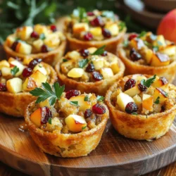 To make Cranberry Apple Stuffing Cups, gather these ingredients: - 4 cups bread cubes (preferably day-old sourdough or French bread) - 1 cup apple, chopped (any sweet variety like Honeycrisp or Fuji) - 1 cup dried cranberries - 1/2 cup onion, finely chopped - 1/2 cup celery, chopped - 1/4 cup fresh parsley, chopped - 1 teaspoon sage, dried - 1 teaspoon thyme, dried - 1/2 teaspoon salt - 1/4 teaspoon black pepper - 1 cup vegetable broth - 2 tablespoons butter, melted - 1 large egg, beaten You will need these tools to prepare the stuffing cups: - Large mixing bowl - Muffin tin - Non-stick spray or butter (for greasing) - Whisk - Measuring cups and spoons - Knife and cutting board Using fresh ingredients makes a big difference. Here are my top picks: - Use fresh herbs like parsley, sage, and thyme. They add great flavor. - Choose sweet apples like Honeycrisp or Fuji for a nice balance with cranberries. - Freshly baked bread gives the best texture. Day-old bread works well but use good quality. These ingredients create a lovely mix of flavors and textures in your stuffing cups. For the full recipe, check the instructions shared earlier. Start by preheating your oven to 350°F (175°C). Grease a muffin tin with non-stick spray or butter. This helps the stuffing cups release easily after baking. In a large mixing bowl, combine the bread cubes, chopped apples, dried cranberries, onion, celery, and parsley. These ingredients create a sweet and savory mix. In a separate bowl, whisk together the sage, thyme, salt, pepper, vegetable broth, melted butter, and beaten egg. This mixture adds moisture and binds the stuffing. Pour this broth mixture over the bread mixture. Gently toss until all bread cubes are well coated and moistened. Let the mixture sit for about 10 minutes. This gives the bread time to soak in the flavors. After 10 minutes, gently re-toss the mixture. Now, evenly distribute it into the prepared muffin tin. Press the mixture down lightly to compact it. Bake the stuffing cups in your preheated oven for 25-30 minutes. You want them to be golden brown and crisp on top. Keep an eye on them near the end to prevent burning. Once baked, carefully remove the cups from the muffin tin. Let them cool slightly before serving. For the best texture, use day-old bread. It absorbs moisture without becoming mushy. You can also mix in different herbs to match your taste. If you want a crunchier top, bake them a little longer. If you prefer softer stuffing, cover the tin with foil for the first 15 minutes of baking. This helps keep moisture in. For more details, check out the Full Recipe. To make your Cranberry Apple Stuffing Cups even better, focus on the spices. Fresh herbs add great taste. If you can, use fresh sage and thyme instead of dried. You can also try adding some chopped walnuts or pecans for crunch. A touch of cinnamon gives a warm note. It pairs well with the apples and cranberries. Don't forget to taste the mixture before baking. Adjust the salt or pepper to your liking. Many people forget to let the mixture sit before baking. This step helps the bread soak up the broth. If you skip it, your stuffing cups may turn out dry. Another mistake is overfilling the muffin tin. Leave a little space at the top. This allows them to rise and get crispy. Lastly, make sure the bread cubes are not too big. Smaller pieces mix better with the other ingredients. Serve your stuffing cups warm for the best taste. A nice touch is to drizzle some melted butter on top. This adds flavor and shine. You can also garnish with fresh parsley. This makes the dish look more inviting. Pair these stuffing cups with a side of cranberry sauce or apple chutney. This adds extra flavor and a touch of sweetness. For a festive look, arrange them on a rustic wooden platter. If you want to impress guests, serve with a glass of apple cider. For the full recipe, check out the detailed steps to make these delightful treats! {{image_2}} You can easily make gluten-free cranberry apple stuffing cups. Just swap the bread cubes for gluten-free bread. Look for brands that are dense and hearty. I suggest using day-old gluten-free bread for the best texture. You can also add gluten-free oats to boost the flavor and nutrition. This way, you keep the taste while making it safe for everyone. To create a vegan version, replace the egg with a flaxseed egg. Just mix 1 tablespoon of ground flaxseed with 2.5 tablespoons of water. Let it sit for 5 minutes until it thickens. Use vegetable broth instead of chicken broth, and make sure your bread is vegan. You can also add chopped walnuts or pecans for a nutty crunch! Feel free to get creative with your ingredients. Instead of apples, you can use pears for a different fruity flavor. Dried cherries or raisins work great in place of cranberries. To switch it up further, try adding spices like cinnamon or nutmeg for warmth. You can also mix in cooked sausage or mushrooms for a heartier bite. These swaps can give your stuffing cups a unique twist! To store leftover cranberry apple stuffing cups, let them cool completely. Place them in an airtight container. You can keep them in the fridge for up to four days. If you want to enjoy them later, freezing is a great option. To reheat, preheat your oven to 350°F (175°C). Place the stuffing cups on a baking sheet. Cover them with foil to keep them moist. Heat for about 15 minutes or until warmed through. You can also use a microwave. Heat on medium power for 1-2 minutes. Check often to avoid overcooking. To freeze, wrap each stuffing cup tightly in plastic wrap. Then place them in a freezer-safe bag. They can last up to three months in the freezer. When ready to eat, thaw them overnight in the fridge. Then follow the reheating instructions to enjoy. For best results, do not freeze the stuffing cups with gravy or sauce. Yes, you can make stuffing cups ahead of time. Prepare them up to a day before your meal. After baking, let them cool. Store them in an airtight container in the fridge. When you're ready, just reheat them in the oven. You can use gluten-free bread for a tasty twist. Other options include cooked quinoa or rice. Both add a unique texture. If you like, try cornbread for a sweet flavor. These substitutes will still create delicious stuffing cups. The stuffing cups last about three to four days in the fridge. Be sure to keep them in an airtight container. You can enjoy them as a quick snack or side dish. The flavors will still be great! For the full recipe, check out the detailed instructions above. You now have a clear guide to making delicious stuffing cups. Start with the right ingredients and tools. Follow the step-by-step instructions for perfect texture. Use the tips to enhance flavors and avoid common mistakes. Feel free to try out variations, like gluten-free or vegan options. Remember how to store leftovers properly for future meals. With these details, you can make this dish again and again. Enjoy your cooking adventure!