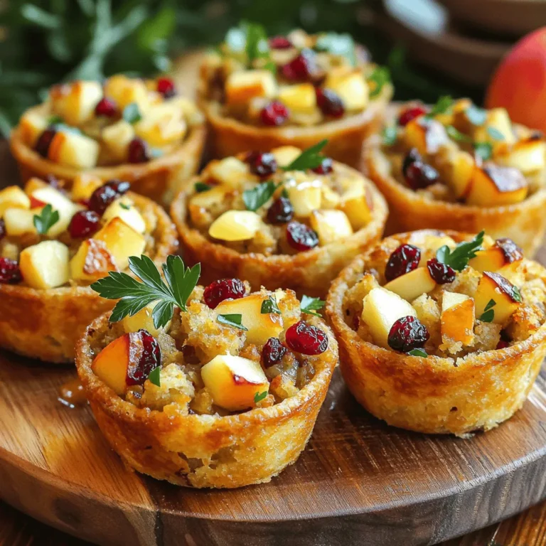 To make Cranberry Apple Stuffing Cups, gather these ingredients: - 4 cups bread cubes (preferably day-old sourdough or French bread) - 1 cup apple, chopped (any sweet variety like Honeycrisp or Fuji) - 1 cup dried cranberries - 1/2 cup onion, finely chopped - 1/2 cup celery, chopped - 1/4 cup fresh parsley, chopped - 1 teaspoon sage, dried - 1 teaspoon thyme, dried - 1/2 teaspoon salt - 1/4 teaspoon black pepper - 1 cup vegetable broth - 2 tablespoons butter, melted - 1 large egg, beaten You will need these tools to prepare the stuffing cups: - Large mixing bowl - Muffin tin - Non-stick spray or butter (for greasing) - Whisk - Measuring cups and spoons - Knife and cutting board Using fresh ingredients makes a big difference. Here are my top picks: - Use fresh herbs like parsley, sage, and thyme. They add great flavor. - Choose sweet apples like Honeycrisp or Fuji for a nice balance with cranberries. - Freshly baked bread gives the best texture. Day-old bread works well but use good quality. These ingredients create a lovely mix of flavors and textures in your stuffing cups. For the full recipe, check the instructions shared earlier. Start by preheating your oven to 350°F (175°C). Grease a muffin tin with non-stick spray or butter. This helps the stuffing cups release easily after baking. In a large mixing bowl, combine the bread cubes, chopped apples, dried cranberries, onion, celery, and parsley. These ingredients create a sweet and savory mix. In a separate bowl, whisk together the sage, thyme, salt, pepper, vegetable broth, melted butter, and beaten egg. This mixture adds moisture and binds the stuffing. Pour this broth mixture over the bread mixture. Gently toss until all bread cubes are well coated and moistened. Let the mixture sit for about 10 minutes. This gives the bread time to soak in the flavors. After 10 minutes, gently re-toss the mixture. Now, evenly distribute it into the prepared muffin tin. Press the mixture down lightly to compact it. Bake the stuffing cups in your preheated oven for 25-30 minutes. You want them to be golden brown and crisp on top. Keep an eye on them near the end to prevent burning. Once baked, carefully remove the cups from the muffin tin. Let them cool slightly before serving. For the best texture, use day-old bread. It absorbs moisture without becoming mushy. You can also mix in different herbs to match your taste. If you want a crunchier top, bake them a little longer. If you prefer softer stuffing, cover the tin with foil for the first 15 minutes of baking. This helps keep moisture in. For more details, check out the Full Recipe. To make your Cranberry Apple Stuffing Cups even better, focus on the spices. Fresh herbs add great taste. If you can, use fresh sage and thyme instead of dried. You can also try adding some chopped walnuts or pecans for crunch. A touch of cinnamon gives a warm note. It pairs well with the apples and cranberries. Don't forget to taste the mixture before baking. Adjust the salt or pepper to your liking. Many people forget to let the mixture sit before baking. This step helps the bread soak up the broth. If you skip it, your stuffing cups may turn out dry. Another mistake is overfilling the muffin tin. Leave a little space at the top. This allows them to rise and get crispy. Lastly, make sure the bread cubes are not too big. Smaller pieces mix better with the other ingredients. Serve your stuffing cups warm for the best taste. A nice touch is to drizzle some melted butter on top. This adds flavor and shine. You can also garnish with fresh parsley. This makes the dish look more inviting. Pair these stuffing cups with a side of cranberry sauce or apple chutney. This adds extra flavor and a touch of sweetness. For a festive look, arrange them on a rustic wooden platter. If you want to impress guests, serve with a glass of apple cider. For the full recipe, check out the detailed steps to make these delightful treats! {{image_2}} You can easily make gluten-free cranberry apple stuffing cups. Just swap the bread cubes for gluten-free bread. Look for brands that are dense and hearty. I suggest using day-old gluten-free bread for the best texture. You can also add gluten-free oats to boost the flavor and nutrition. This way, you keep the taste while making it safe for everyone. To create a vegan version, replace the egg with a flaxseed egg. Just mix 1 tablespoon of ground flaxseed with 2.5 tablespoons of water. Let it sit for 5 minutes until it thickens. Use vegetable broth instead of chicken broth, and make sure your bread is vegan. You can also add chopped walnuts or pecans for a nutty crunch! Feel free to get creative with your ingredients. Instead of apples, you can use pears for a different fruity flavor. Dried cherries or raisins work great in place of cranberries. To switch it up further, try adding spices like cinnamon or nutmeg for warmth. You can also mix in cooked sausage or mushrooms for a heartier bite. These swaps can give your stuffing cups a unique twist! To store leftover cranberry apple stuffing cups, let them cool completely. Place them in an airtight container. You can keep them in the fridge for up to four days. If you want to enjoy them later, freezing is a great option. To reheat, preheat your oven to 350°F (175°C). Place the stuffing cups on a baking sheet. Cover them with foil to keep them moist. Heat for about 15 minutes or until warmed through. You can also use a microwave. Heat on medium power for 1-2 minutes. Check often to avoid overcooking. To freeze, wrap each stuffing cup tightly in plastic wrap. Then place them in a freezer-safe bag. They can last up to three months in the freezer. When ready to eat, thaw them overnight in the fridge. Then follow the reheating instructions to enjoy. For best results, do not freeze the stuffing cups with gravy or sauce. Yes, you can make stuffing cups ahead of time. Prepare them up to a day before your meal. After baking, let them cool. Store them in an airtight container in the fridge. When you're ready, just reheat them in the oven. You can use gluten-free bread for a tasty twist. Other options include cooked quinoa or rice. Both add a unique texture. If you like, try cornbread for a sweet flavor. These substitutes will still create delicious stuffing cups. The stuffing cups last about three to four days in the fridge. Be sure to keep them in an airtight container. You can enjoy them as a quick snack or side dish. The flavors will still be great! For the full recipe, check out the detailed instructions above. You now have a clear guide to making delicious stuffing cups. Start with the right ingredients and tools. Follow the step-by-step instructions for perfect texture. Use the tips to enhance flavors and avoid common mistakes. Feel free to try out variations, like gluten-free or vegan options. Remember how to store leftovers properly for future meals. With these details, you can make this dish again and again. Enjoy your cooking adventure!