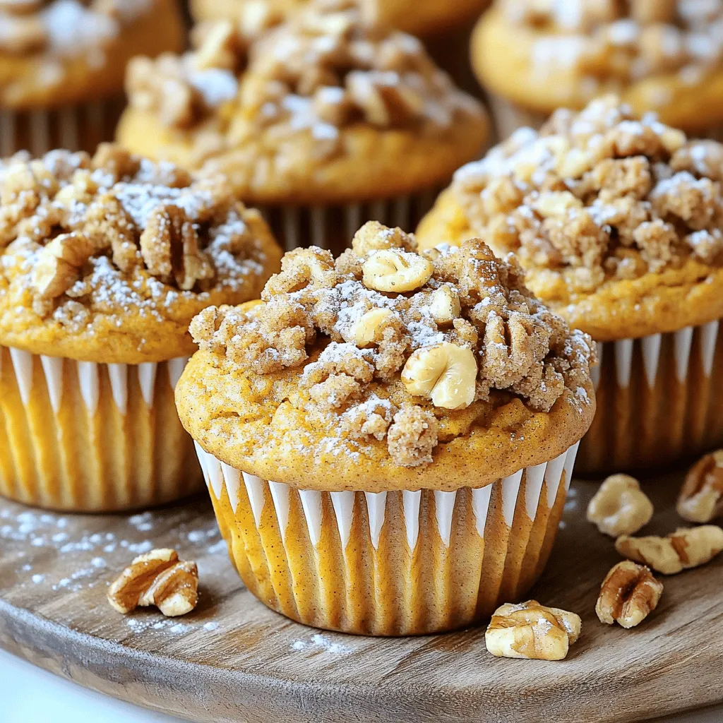 The base of my pumpkin streusel muffins starts with simple, flavorful ingredients. Here’s what you need: - 1 ½ cups all-purpose flour - 1 teaspoon baking powder - ½ teaspoon baking soda - ½ teaspoon salt - 1 teaspoon ground cinnamon - ½ teaspoon ground nutmeg - ½ teaspoon ground ginger - ½ cup granulated sugar - ½ cup brown sugar, packed - ½ cup vegetable oil - 1 cup canned pumpkin puree - 2 large eggs - 1 teaspoon vanilla extract - ½ cup chopped walnuts or pecans (optional) These ingredients work together to create a moist, spiced muffin that captures the essence of fall. If you want to enhance your muffins, consider adding these optional ingredients: - ½ cup chopped nuts like walnuts or pecans for crunch - ½ cup chocolate chips for a sweet twist - ½ cup dried cranberries for a hint of tartness These additions can make your muffins unique and cater to your taste. Sometimes, you need to adjust ingredients for dietary needs. Here are a few swaps: - For gluten-free muffins, replace all-purpose flour with a gluten-free blend. - Use applesauce instead of oil for a lower-fat option. - Swap regular sugar with coconut sugar for a lower glycemic index. These substitutions can help you enjoy pumpkin streusel muffins while sticking to your dietary goals. For the full recipe, check out the detailed instructions above. First, gathering your tools helps keep things smooth. You need a muffin tin, mixing bowls, and a whisk. Preheat your oven to 350°F (175°C). Line your muffin tin with paper liners or grease it well. This step helps the muffins come out easily. Measuring your ingredients is vital. Use a dry measuring cup for flour and sugar. Use a liquid measuring cup for pumpkin puree and oil. Ensure everything is ready to go before mixing. Now, let's mix the dry ingredients. In a medium bowl, whisk together 1 ½ cups of all-purpose flour, baking powder, baking soda, salt, cinnamon, nutmeg, and ginger. This mix gives the muffins their warm flavor. In a large bowl, combine the granulated sugar and brown sugar with ½ cup of vegetable oil. Mix until smooth. Then, add 1 cup of canned pumpkin puree, 2 large eggs, and 1 teaspoon of vanilla extract. Whisk until everything blends well. Gradually add your dry mix to the wet mix. Stir gently until just combined. Overmixing can make the muffins tough. If you want to add nuts, fold in ½ cup of chopped walnuts or pecans carefully. The streusel topping makes these muffins special. In a bowl, combine ½ cup of all-purpose flour, ½ cup of oats, ¼ cup of brown sugar, and ¼ teaspoon of ground cinnamon. This mix adds a nice crunch. Cut 4 tablespoons of cold butter into the mixture. Use a pastry cutter or fork to mix until it looks like coarse crumbs. This step is quick and easy. Now, fill each muffin cup about ⅔ full with the muffin batter. Generously sprinkle the streusel topping over each filled cup. This adds a sweet, crunchy layer. Follow the rest of the [Full Recipe] for baking and enjoying your muffins! To get the best muffin texture, mix your ingredients gently. Overmixing can make the muffins tough. Combine the wet and dry ingredients until just mixed. Small lumps are okay! For a light texture, use room-temperature eggs and pumpkin. They help the batter blend well. Avoid packing your flour. Instead, spoon it into the measuring cup and level it off. This ensures you use the right amount. Also, don’t skip the streusel topping. It adds flavor and crunch that makes these muffins shine. Lastly, check your oven temperature. An oven that is too hot can burn the tops. Store your muffins in an airtight container. They stay fresh for about three days. For longer storage, freeze them. Wrap each muffin in plastic wrap, then place them in a freezer bag. They last up to three months. When you want one, just thaw it at room temperature. Enjoy them warm for the best taste! For the full recipe, check out the sections above. {{image_2}} You can easily make gluten-free pumpkin streusel muffins. Use a gluten-free flour blend instead of all-purpose flour. Look for blends that include xanthan gum. This gum helps mimic the texture of wheat flour. Keep the other ingredients the same. The spices and pumpkin will still shine through. You will enjoy a tasty muffin without the gluten. To make a vegan version, swap out the eggs and dairy. Use flaxseed meal mixed with water instead of eggs. Mix one tablespoon of flaxseed meal with three tablespoons of water. Let it sit for five minutes to thicken. Use a plant-based oil instead of vegetable oil. Almond or coconut oil works well. Replace the butter in the streusel with coconut oil or vegan butter. These changes keep the muffins moist and flavorful. Want to jazz up your muffins? Add chocolate chips or dried fruit. Dark chocolate chips bring a rich flavor. They pair well with the pumpkin spice. For dried fruit, try raisins or cranberries. They add a nice chew and extra sweetness. Mix in about half a cup of your choice before baking. These simple variations let you enjoy pumpkin streusel muffins in many ways. You can find the full recipe to guide you through these delightful changes. Each pumpkin streusel muffin contains about 200 calories. This is a great treat for fall. Here’s how the calories break down: - Fat: 10 grams - Carbohydrates: 30 grams - Protein: 3 grams This balance gives you a satisfying snack without going overboard. Pumpkin is packed with vitamins. It has vitamin A, which is good for your eyes. It also includes fiber, which helps your digestion. The spices like cinnamon and nutmeg add flavor and may help with inflammation. Walnuts or pecans add healthy fats and protein as well. These muffins can be both tasty and good for you. You can cut sugar by using less granulated sugar or brown sugar. Try using applesauce as a substitute for some of the oil. This keeps the muffins moist while lowering calories. Another option is to use a sugar substitute made for baking. This way, you can enjoy the muffins without the extra sugar. To boost moisture in your muffins, use more pumpkin puree. This adds richness and flavor. You can also add a bit of plain yogurt or sour cream. These ingredients keep the muffins soft and tender. Avoid overmixing the batter, as this can dry out the muffins. Yes, you can freeze pumpkin streusel muffins. Allow them to cool completely first. Wrap each muffin in plastic wrap or foil. Place them in a freezer bag to keep them fresh. When ready to eat, thaw them at room temperature or warm them in the oven. Pumpkin streusel muffins pair well with many drinks. A warm cup of coffee or tea is great. You can also serve them with a dollop of whipped cream or cream cheese spread. For a fun twist, try them with apple cider or hot chocolate. These options enhance the cozy flavors of fall. For the complete recipe, check out the Full Recipe section! We explored the key ingredients and gave you steps to make pumpkin streusel muffins. You learned how to mix wet and dry ingredients, and create a tasty streusel topping. I shared tips for achieving the right texture and avoiding common mistakes. You discovered fun variations, like gluten-free and vegan options. Finally, I discussed nutritional information and answered frequently asked questions. Now, you can bake some of the best muffins. Enjoy your delicious creations!
