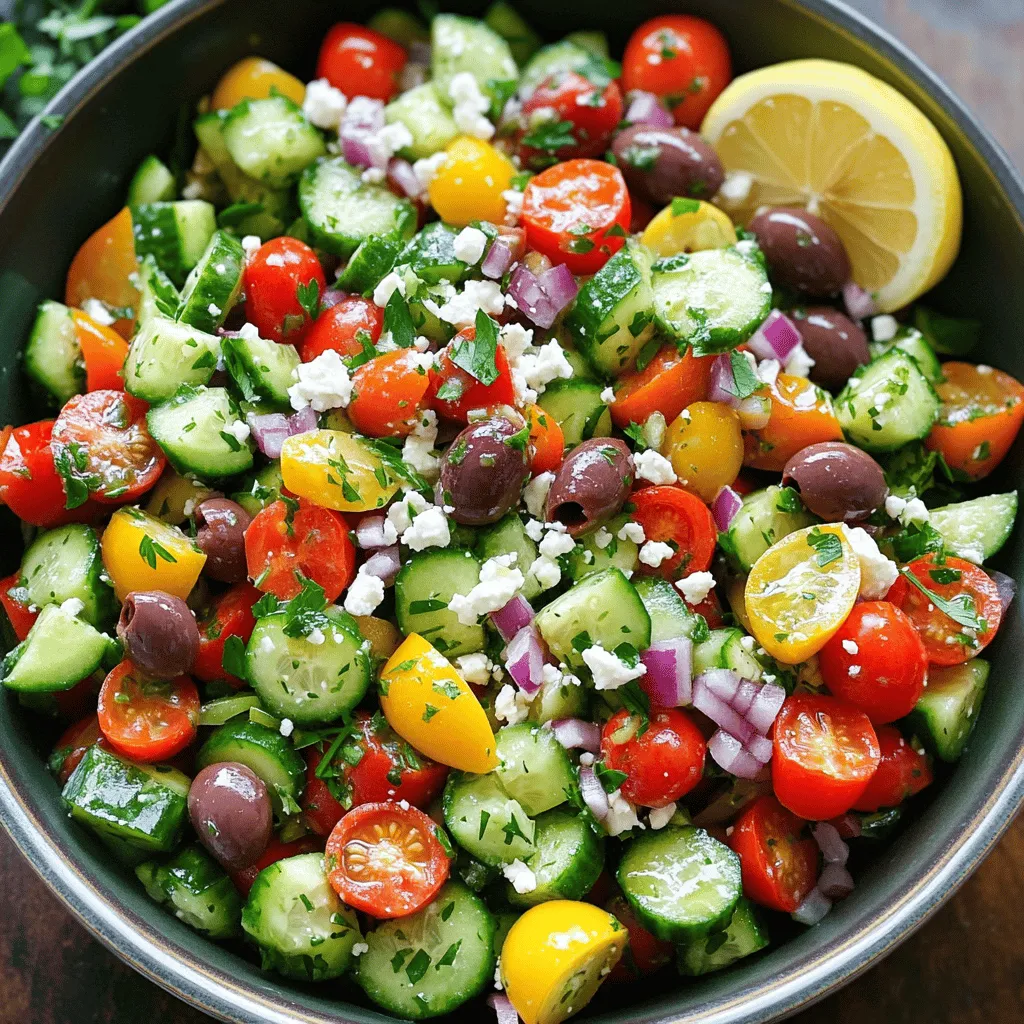 The Mediterranean cucumber salad uses fresh and vibrant ingredients. Here’s what you need: - 3 medium cucumbers, diced - 1 cup cherry tomatoes, halved - 1/2 red onion, finely chopped - 1 bell pepper (red or yellow), diced - 1/2 cup kalamata olives, pitted and halved - 1/3 cup feta cheese, crumbled - 1/4 cup fresh parsley, chopped - 3 tablespoons olive oil - 2 tablespoons lemon juice - 1 teaspoon dried oregano - Salt and pepper to taste These key ingredients bring bright colors and fresh flavors to your dish. You can mix in some optional ingredients for added taste. Consider these: - Avocado for creaminess - Cucumber ribbons for a fun twist - Chickpeas for protein - Fresh mint for a refreshing kick These add-ins can make your salad unique. You can easily adjust based on what you like or have on hand. This salad is not just tasty; it is also healthy. Here’s a quick look at its nutrition: - Calories: About 150 per serving - Fat: 10 grams, mainly from olive oil - Protein: 4 grams from feta and olives - Fiber: 3 grams for digestive health This salad is low in calories but high in flavor. It can fit well in many diets! For the full recipe, check the instructions above. To make Mediterranean cucumber salad, start by gathering your ingredients. You will need: - 3 medium cucumbers, diced - 1 cup cherry tomatoes, halved - 1/2 red onion, finely chopped - 1 bell pepper (red or yellow), diced - 1/2 cup kalamata olives, pitted and halved - 1/3 cup feta cheese, crumbled - 1/4 cup fresh parsley, chopped Begin by placing the diced cucumbers, cherry tomatoes, red onion, and bell pepper into a large mixing bowl. Be careful to chop your veggies evenly. This helps them mix well and look nice. Next, add the kalamata olives and crumbled feta cheese. When you toss the salad, be gentle. You want to keep the veggies intact. Use two large serving spoons or your hands. Start from the bottom and lift the ingredients to the top. This way, everything gets coated with the dressing. If you toss too hard, the veggies can break apart. Making the dressing is simple. In a small bowl or jar, combine: - 3 tablespoons olive oil - 2 tablespoons lemon juice - 1 teaspoon dried oregano - Salt and pepper to taste Whisk these ingredients together until well mixed. This will give your salad a bright, fresh flavor. Once the dressing is ready, pour it over the salad. Toss everything together gently again. Finally, sprinkle the chopped fresh parsley on top for added flavor and freshness. You can find the full recipe linked in this section to guide you through each step. Enjoy your vibrant and tasty Mediterranean cucumber salad! To make the best Mediterranean cucumber salad, you need fresh ingredients. Choose firm cucumbers with smooth skin. Look for bright cherry tomatoes without bruises. Select a red onion that feels heavy for its size. For peppers, pick ones that are shiny and firm. Fresh herbs, like parsley, should be vibrant and fragrant. When you use fresh ingredients, your salad will taste better. If you have leftovers, store them in an airtight container. This keeps the salad fresh and tasty. You can place it in the fridge for up to three days. The cucumbers may become a bit soft, but the flavors will still be great. If you can, add the dressing just before serving. This helps keep the salad crisp and bright. You can change this salad to fit your likes. Want more crunch? Add chopped bell peppers or radishes. Prefer a tangy bite? Squeeze in more lemon juice. You can also swap out feta for goat cheese or leave it out for a dairy-free option. Experiment with spices too; try adding cumin or chili flakes for heat. There are many ways to make this salad your own! Ready to make it? Check out the Full Recipe for all the details! {{image_2}} To make the Mediterranean cucumber salad more filling, add grains. Quinoa is a great choice. It cooks quickly and adds protein. You can also use bulgur or couscous. These grains mix well with the fresh veggies. They soak up the dressing nicely too. For each cup of grain, use about 1 ½ cups of water. This will keep the salad light yet hearty. This salad is easy to adapt for different diets. It is naturally vegetarian since it has no meat. For a vegan option, just skip the feta cheese. You can replace it with vegan feta or avocado for creaminess. Both options add flavor while keeping it plant-based. It’s a simple swap that keeps everyone happy. Using seasonal ingredients can boost flavor and freshness. In summer, add ripe peaches or juicy watermelon. They give a sweet touch that contrasts with the salty olives. In fall, try adding roasted butternut squash or apples. These ingredients add warmth and a bit of sweetness. Always look for what is fresh and local. This keeps your salad exciting and full of flavor. Try these variations to make your Mediterranean cucumber salad unique and delicious. For the complete recipe, check out the Full Recipe section. This salad shines when paired with grilled meats. Try it with chicken or lamb. The fresh taste balances the rich flavors. It also goes well with fish dishes. Salmon or tilapia will add a nice touch. Serve the salad alongside pita bread and hummus for a complete meal. You can even add it to a wrap for a quick lunch. Serve this salad in fun ways. Use large lettuce leaves as cups for a fresh bite. You can also layer it in a glass for a colorful display. This makes it look fancy for guests. Sprinkle extra feta on top for a tasty bonus. Add a lemon wedge for a pop of color and flavor. This salad is great for summer picnics. It’s refreshing and easy to make. Bring it to a barbecue or potluck to impress friends. It fits well at family gatherings too. You can also serve it for a light lunch or dinner. It works for casual meals or festive occasions. Enjoy it anytime you want something cool and vibrant! The main flavors in a Mediterranean cucumber salad are fresh and bright. You get the crispness of cucumbers and the sweetness of cherry tomatoes. The red onion adds a nice bite, while the bell pepper brings more crunch. Kalamata olives add a salty, briny taste. Feta cheese gives a creamy texture and a tangy flavor. The dressing, made with olive oil, lemon juice, and oregano, ties everything together. It adds a zesty kick that makes the salad refreshing and enjoyable. Yes, you can make the salad ahead of time! This salad is great for meal prep. Just mix all the fresh ingredients and store them in the fridge. However, wait to add the dressing until you are ready to serve. This keeps the veggies crisp and fresh. You can prepare the dressing in advance and keep it separate. This way, you can enjoy the salad at its best. Store leftovers in an airtight container in the fridge. The salad can stay fresh for about two days. If you have leftover dressing, keep it in a separate jar. When you are ready to eat, toss the salad with the dressing again. This helps revive the flavors. If the cucumbers become too soft, don’t worry. It will still taste good! For the full recipe, you can refer back to the earlier section. This blog post explored building a delicious Mediterranean cucumber salad. You learned about key ingredients, tasty add-ins, and nutritional benefits. I shared easy steps for preparation, tips for tossing, and making the perfect dressing. We covered how to keep it fresh and customize it to your liking. There are also great variations and serving ideas. Mediterranean cucumber salad fits any meal, making it a versatile choice. Enjoy every bite!