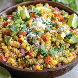 To make a tasty Mexican Street Corn Pasta Salad, gather these simple ingredients: - 8 oz rotini pasta - 2 cups corn kernels (fresh, frozen, or grilled) - 1 red bell pepper, diced - 1/2 red onion, finely chopped - 1 avocado, diced - 1/2 cup cilantro, chopped - 1/2 cup cotija cheese, crumbled - 1/4 cup mayonnaise - 2 tablespoons sour cream - 1 tablespoon lime juice - 1 teaspoon chili powder - Salt and pepper to taste - Optional: sliced jalapeños for heat Each ingredient adds flavor and texture to the salad. The rotini pasta holds the dressing well, while corn gives sweetness. Fresh bell pepper adds crunch, and diced avocado brings creaminess. Cilantro adds a fresh touch, and cotija cheese enhances the flavor. For the dressing, mayonnaise and sour cream create a creamy base. Lime juice gives a bright kick, while chili powder adds warmth. Adjust salt and pepper to your liking. For those who enjoy spice, sliced jalapeños can add a nice heat. You can find the Full Recipe for more details on making this dish. First, you need to prepare the rotini pasta. Bring a pot of salted water to a boil. Add the 8 oz of rotini pasta and cook it until it is al dente. This usually takes about 8-10 minutes. Drain the pasta and rinse it under cold water. This step cools the pasta and stops it from cooking further. Now, let’s mix the fresh produce. In a large bowl, combine the cooked pasta, 2 cups of corn kernels, 1 diced red bell pepper, 1/2 finely chopped red onion, 1 diced avocado, and 1/2 cup of chopped cilantro. This adds bright flavors and colors to the dish. Next, prepare the dressing. In a small bowl, mix together 1/4 cup of mayonnaise, 2 tablespoons of sour cream, 1 tablespoon of lime juice, 1 teaspoon of chili powder, and some salt and pepper. Whisk until smooth. This dressing brings all the ingredients together. Pour the dressing over the pasta mixture. Gently toss everything until the pasta and veggies are well coated. This helps the flavors blend nicely. Finally, sprinkle 1/2 cup of cotija cheese over the top. Gently fold it in. If you like a bit of heat, you can add sliced jalapeños. Taste the salad and adjust the seasoning if needed. Cover and refrigerate the salad for at least 30 minutes. This allows the flavors to meld together. For the full recipe, check the details provided above. To cook corn well, I suggest boiling or grilling it. Boiling takes just a few minutes. Place the corn in boiling water for 4-6 minutes. For grilling, place the corn on the grill for about 10-15 minutes, turning occasionally. Both methods give sweet and tasty corn. When selecting fresh corn, look for bright green husks. They should feel firm and tight. The kernels should be plump and milky when you pierce them. Avoid corn with brown spots or dry silk. To make your dish pop, add spices like chili powder and cumin. These spices give a nice kick. Fresh herbs like cilantro enhance the flavor too. Mix the herbs in with the other ingredients. Lime juice is key for balancing flavors. It adds brightness and cuts through the richness. A tablespoon goes a long way in making your pasta salad vibrant. Serve your salad in a large bowl for a colorful display. Top it with extra cotija cheese and fresh cilantro. Lime wedges add a nice touch and let guests add more juice if they want. For extra flair, you can also add sliced jalapeños around the edge. The vibrant colors will make your dish pop at any gathering. {{image_2}} You can add proteins to make the salad heartier. Chicken, shrimp, or beans work great. If you use chicken, grill or roast it first. Cut it into small pieces. For shrimp, sauté it until pink. If you prefer beans, black beans or chickpeas add protein and texture. Just rinse canned beans before adding. Want some heat? Slice up jalapeños and mix them in. Start with one or two for a light kick. You can also add chili powder or cayenne for extra spice. If you like mild flavors, skip the spice or use sweet paprika. You can easily make this dish vegan or vegetarian. For vegan, swap mayo and sour cream with plant-based options. Silken tofu blended with lemon juice also works well. If you're vegetarian, just skip the chicken or shrimp. The salad still tastes amazing without meat! For the full recipe, check out the detailed instructions above. To store leftovers, place the pasta salad in an airtight container. This keeps it fresh. Make sure to cover it well. The salad will last in the fridge for about three days. If you want to keep it fresh longer, avoid adding avocado until serving. The avocado can brown quickly. For best practices, always use clean utensils to serve. This prevents germs from entering the container. When reheating, only warm what you plan to eat. The salad tastes best cold. Can the salad be frozen? I do not recommend freezing it. The texture of the pasta and fresh ingredients may change. Freezing can make them mushy. If you must freeze it, leave out the avocado and cheese. If you freeze the salad, use a freezer-safe container. When ready to eat, thaw it in the fridge overnight. To speed up thawing, you can also use a microwave on low. Once thawed, enjoy it cold or at room temperature. How do I make Mexican Street Corn Pasta Salad? To make this dish, cook the rotini pasta until it's al dente. Rinse it under cold water to cool. Then, mix it with corn, bell pepper, red onion, avocado, and cilantro. For the dressing, blend mayonnaise, sour cream, lime juice, chili powder, salt, and pepper. Pour this over the pasta mix and toss gently. Finally, add crumbled cotija cheese and optional jalapeños. Chill for 30 minutes before serving. You can find the complete instructions in the Full Recipe. Can I use different types of pasta? Yes, you can swap rotini for other pasta types. Bowtie, fusilli, or penne all work well. Just ensure the pasta holds sauce and toppings nicely. Choose your favorite and get creative! How long does it last in the fridge? The salad stays fresh for about three to four days in the fridge. Store it in an airtight container to keep it tasty and safe. Just remember, the avocado may brown over time. Can I prepare it ahead of time? Absolutely! This pasta salad is perfect for meal prep. Make it a day ahead for the best flavor. Just add avocado and cotija cheese right before serving to keep them fresh. This blog post explored how to make a tasty Mexican Street Corn Pasta Salad. We discussed the important ingredients, like rotini pasta and fresh produce. I shared step-by-step instructions to help you create this salad easily. Tips included cooking corn perfectly and adding flavors. Finally, variations let you customize it for any diet. Overall, this salad is fun to make and eat. Enjoy your delicious creation with friends and family!