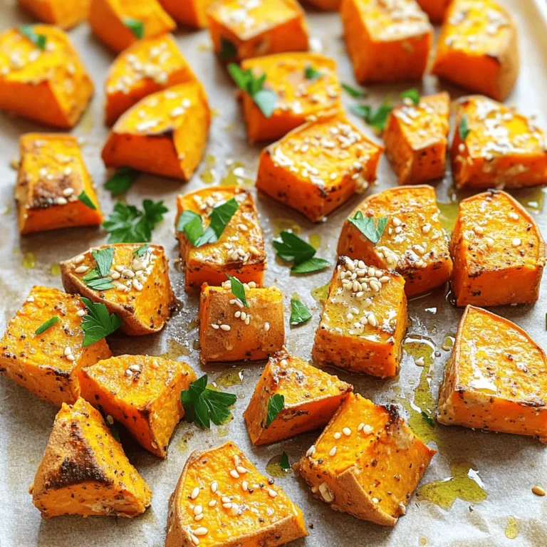 Here’s what you need to make roasted sweet potatoes with tahini drizzle. Gather these ingredients for a tasty dish: - 4 medium sweet potatoes, peeled and diced into 1-inch cubes - 3 tablespoons olive oil - 1 teaspoon smoked paprika - 1 teaspoon garlic powder - Salt and pepper to taste - 1/4 cup tahini - 2 tablespoons lemon juice - 2 tablespoons maple syrup - 1-2 tablespoons water (to thin the tahini) - Fresh parsley, chopped (for garnish) - Sesame seeds (for garnish) These ingredients create a balance of sweet and savory flavors. The sweet potatoes give a soft texture. The tahini drizzle adds creaminess and depth. Trust me, you won’t regret trying this dish. It’s perfect for any meal. You can even enjoy it as a snack. If you want to explore more, check out the Full Recipe for detailed steps. First, I preheat the oven to 425°F (220°C). This temperature helps the sweet potatoes roast well. Next, I line a large baking sheet with parchment paper. This step makes cleanup easier. In a large bowl, I add the diced sweet potatoes, olive oil, smoked paprika, garlic powder, salt, and pepper. I toss everything together until the sweet potatoes get a nice coat of oil and spices. This mix adds flavor and helps them roast evenly. Then, I spread the sweet potatoes on the baking sheet in a single layer. This spacing allows them to roast evenly. I place the baking sheet in the oven and set a timer for 25-30 minutes. Halfway through, I take them out and toss them gently. This ensures all sides get that perfect golden-brown color. While the sweet potatoes roast, I prepare the tahini drizzle. In a small mixing bowl, I whisk together tahini, lemon juice, maple syrup, and water. I keep mixing until it’s smooth and creamy. If it seems too thick, I add a bit more water. This drizzle will bring a creamy contrast to the sweet potatoes. For the complete recipe, check out the [Full Recipe]. To get your sweet potatoes just right, start with even pieces. Cut them into 1-inch cubes. This helps them cook at the same rate. Spread them out on a baking sheet. Avoid overcrowding; give them space to breathe. For crispiness, toss them with olive oil and spices. The oil helps them get that golden, crunchy layer. Toss halfway through cooking to ensure all sides brown nicely. You can spice up your tahini drizzle easily. Try adding cumin for warmth or cayenne for heat. Fresh herbs like dill or cilantro can add a bright taste, too. For a touch of sweetness, swap maple syrup with honey or agave. Each choice brings a new flavor profile, so get creative! When serving, make it look special. Use a large white plate to show off the colors. Drizzle the tahini in a swirl on top. Garnish with fresh parsley and sesame seeds for texture and color. Serve these sweet potatoes alongside grilled chicken or quinoa salad. They make a lovely addition to any meal. For the full recipe, check out the details above! {{image_2}} You can change the taste of roasted sweet potatoes by adding spices. Try cayenne for heat, or cinnamon for sweetness. Mixing in other vegetables can also create exciting flavors. Carrots, Brussels sprouts, or beets work well. They add color and texture to the dish. This recipe is already vegan and gluten-free. Use maple syrup for a low-sugar alternative. You can also swap tahini with sun butter for a nut-free option. It’s great to have choices that fit your diet. Roasted sweet potatoes pair well with many meals. Serve them as a side dish with grilled chicken or fish. You can add them to salads for extra nutrition. Mixing them with grains, like quinoa or farro, makes a filling meal. The creamy tahini drizzle enhances all these combos. For a fun twist, try them in tacos with black beans. Enjoy the different ways to savor this dish! To store leftover sweet potatoes, use an airtight container. This keeps them fresh. I recommend glass or BPA-free plastic containers. Place the cooled potatoes in the container. They will last in the fridge for about 3 to 5 days. The best way to reheat roasted sweet potatoes is in the oven. Set the oven to 350°F (175°C) and spread the potatoes on a baking sheet. Heat for about 10 to 15 minutes. You can also use a microwave, but it may change the texture. To keep them crispy, avoid covering them with a lid. Yes, you can freeze roasted sweet potatoes! To freeze them, let them cool completely first. Then, spread the potatoes on a baking sheet in a single layer. Freeze for 1 to 2 hours. Once frozen, transfer them to a freezer bag. When you want to enjoy them again, thaw overnight in the fridge. Reheat as mentioned above. For the full recipe, check out the details above. You can use almond butter or sunflower seed butter. These alternatives work well. They both have a creamy texture. Almond butter adds a nutty taste, while sunflower seed butter is mild. You might also try Greek yogurt for a tangy twist. Each substitute changes the flavor a bit, but they all taste good. Look for a golden-brown color on the outside. The sweet potatoes should feel soft when pierced with a fork. If they are tender and slightly caramelized, they are ready. You want them to have a nice, crispy edge while being soft inside. Yes, you can prep the sweet potatoes a day in advance. Just store them in the fridge. Roast them when you're ready to serve. For the tahini drizzle, mix it up and keep it in the fridge as well. Just give it a stir before using. This way, your meal will be quick and easy! This article covered how to make perfectly roasted sweet potatoes with a tasty tahini drizzle. You learned about the ingredients, easy steps, and helpful tips. I shared variations and served suggestions for meals. Remember to store leftovers well and follow reheating tips to keep that great flavor. Enjoy experimenting with different spices and ingredients. With these skills, you can create a dish that shines on any table. Enjoy your cooking journey!
