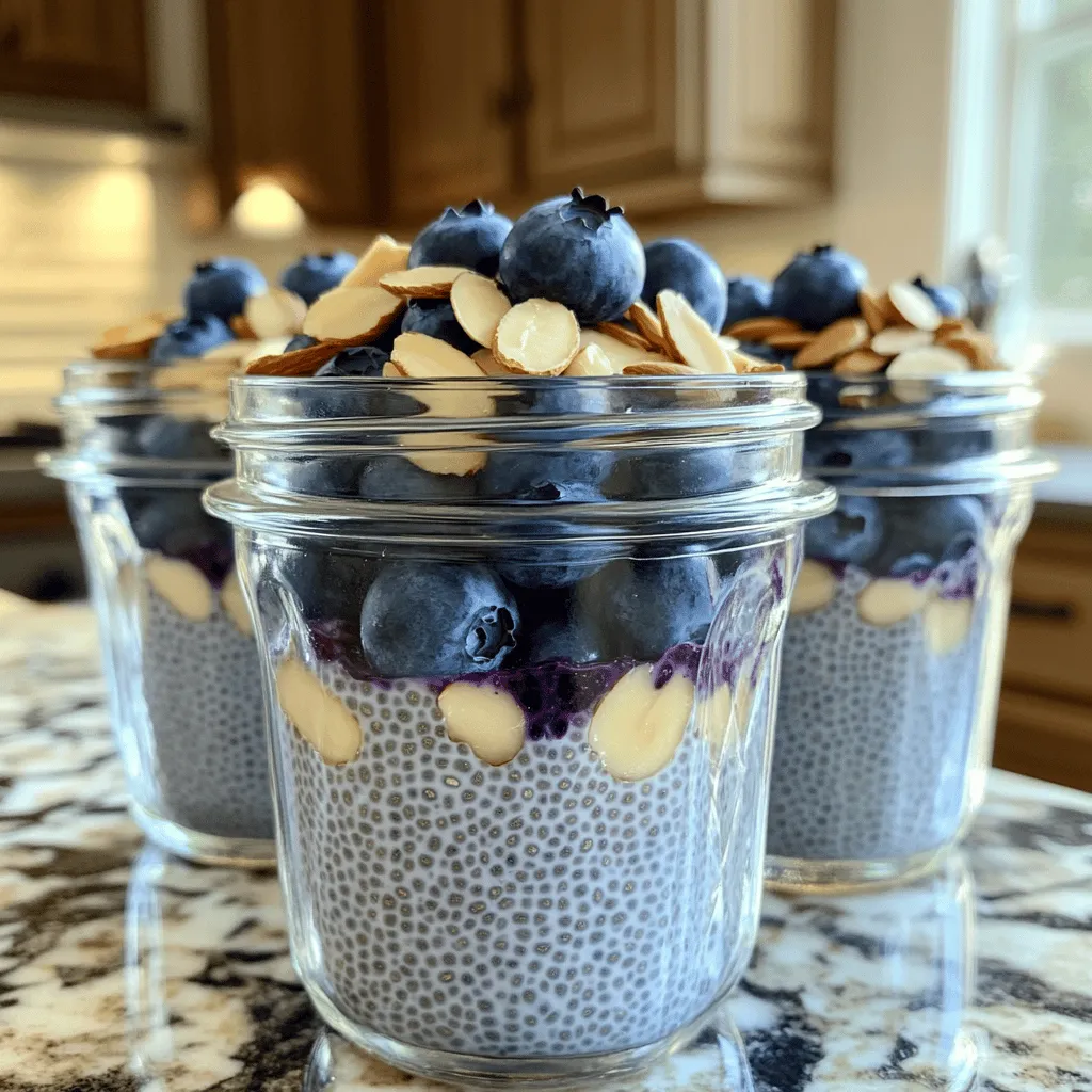 Chia seeds are the star of this dish. They are tiny, but they pack a punch. They absorb liquid and create a thick, creamy texture. You need 1/2 cup of chia seeds for this recipe. These seeds are full of fiber, protein, and healthy fats. They keep you full and satisfied. Almond milk makes this pudding light and tasty. Use 2 cups of unsweetened almond milk for the best flavor. It adds creaminess without extra calories. If you want, you can use other plant milks, but almond milk works best. It pairs well with the sweet blueberries and crunchy almonds. To sweeten the pudding, you can use 1/4 cup of maple syrup or honey. This adds a nice touch of sweetness. A teaspoon of vanilla extract adds warmth to the flavor. Finally, add a pinch of salt to balance the sweetness. Together, these ingredients make the pudding rich and satisfying. For the full recipe, check the Blueberry Almond Chia Pudding section above. Start by gathering your ingredients. You will need chia seeds, almond milk, maple syrup, vanilla extract, salt, and fresh blueberries. In a large mixing bowl, combine: - 1/2 cup chia seeds - 2 cups almond milk (unsweetened) - 1/4 cup maple syrup (or honey) - 1 teaspoon vanilla extract - A pinch of salt Whisk these ingredients together until the chia seeds spread out evenly. The chia seeds will soak up the almond milk and create a thick texture. This step is vital for the pudding's creamy feel. Once mixed, cover the bowl with plastic wrap or a lid. Place it in the refrigerator for at least 4 hours, or overnight is best. This waiting time allows the chia seeds to absorb the liquid and swell. You will notice a gel-like consistency form. This step is crucial for the pudding to set properly. After the pudding has thickened, take it out of the fridge. Give it a good stir; if it seems too thick, add a bit more almond milk to reach your desired texture. To serve, spoon the pudding into bowls or jars. Layer it with fresh blueberries and sprinkle sliced almonds on top for crunch. For added sweetness, drizzle some extra maple syrup over the top. You can find the full recipe for more details. Enjoy your tasty treat! To get that ideal texture, start with the right chia seed amount. Use 1/2 cup of chia seeds to 2 cups of almond milk. This ratio gives a nice gel-like pudding. Stir the mixture well to avoid clumps. If you want it thicker, let it sit longer in the fridge. For a thinner pudding, add a splash more almond milk before serving. You can boost the flavor in many ways. Consider adding a splash of vanilla extract. It brings warmth and depth. Try mixing in spices like cinnamon or nutmeg for extra zest. You can also add different fruits, such as bananas or strawberries, to switch it up. Drizzle some maple syrup on top for a sweet finish. Make your pudding visually appealing. Use clear jars or bowls to show off the layers. Add fresh blueberries on top for color and a sprinkle of sliced almonds for crunch. You can even create a parfait by layering the pudding with yogurt or granola. This makes it not only tasty but also Instagram-worthy! For the full recipe, check out the Blueberry Almond Chia Pudding section above. {{image_2}} You can change the flavor of your blueberry almond chia pudding easily. Try using other fruits. Strawberries, mangoes, or peaches work well. They add a fresh taste. You can also mix in spices like cinnamon or nutmeg. These spices give a warm flavor. If you want a tropical twist, add some coconut flakes. They bring a nice texture and taste. This recipe is super flexible. It is vegan, gluten-free, and dairy-free by default. If you need it nut-free, replace almond milk with oat or soy milk. For sweeteners, you can use agave syrup instead of maple syrup or honey. This option keeps it vegan-friendly. You can also skip sweeteners for a low-sugar treat. The natural flavor of fruits will shine through. Get creative with how you serve this pudding! You can layer it to make a parfait. Start with a layer of pudding, then add fruits, and repeat. This looks beautiful in clear jars. If you're in a hurry, blend it into a smoothie. Just add more almond milk and blend until smooth. This makes a quick breakfast or snack. For a fun touch, serve it in fun cups or bowls. Enjoy experimenting with these ideas! Store your blueberry almond chia pudding in an airtight container. Glass jars work well. Make sure the lid is tight. This keeps the pudding fresh and prevents spills. If you make a big batch, divide it into smaller portions. This way, you grab what you need easily. Your chia pudding can last in the fridge for about 5 days. Keep an eye on it. If you notice any change in smell or texture, it’s best to toss it out. The blueberries may lose their freshness, so consume them earlier than the pudding. If you have leftover pudding, get creative! You can blend it into smoothies for a tasty drink. Try adding it to yogurt or oatmeal for a quick breakfast. You can even bake it into muffins for a fun treat. Just remember to enjoy it within those 5 days for the best flavor. For the full recipe, check the details above. Yes, you can make Blueberry Almond Chia Pudding ahead of time. In fact, I suggest it! Chia pudding needs time to thicken. You should let it chill in the fridge for at least 4 hours. For the best taste and texture, prepare it the night before. This way, you wake up to a ready-to-eat treat. Just remember to store it in an airtight container! If you don't have almond milk, there are many options. You can use coconut milk, soy milk, or oat milk. Each option adds its own flavor. For a nut-free choice, try rice milk. Just keep in mind that the taste may change slightly. Use your favorite milk for the best result in your pudding. To reduce the sweetness, cut back on the maple syrup or honey. You can also use unsweetened almond milk. Another trick is to add more chia seeds. This will balance the sweetness with a thicker texture. If you want, try adding a pinch of cinnamon for flavor without extra sugar. Adjust it to your taste! For the full recipe, see the [Full Recipe]. You now know how to make delicious blueberry almond chia pudding. We covered essential ingredients like chia seeds and almond milk, along with sweeteners. I outlined a simple method, from preparing the base to serving tips. Remember, you can tweak flavors, adjust for diets, and get creative with presentations. Store wisely, and this treat will stay fresh. Use this guide to enjoy your pudding today or try new variations tomorrow. Your kitchen adventure starts here!
