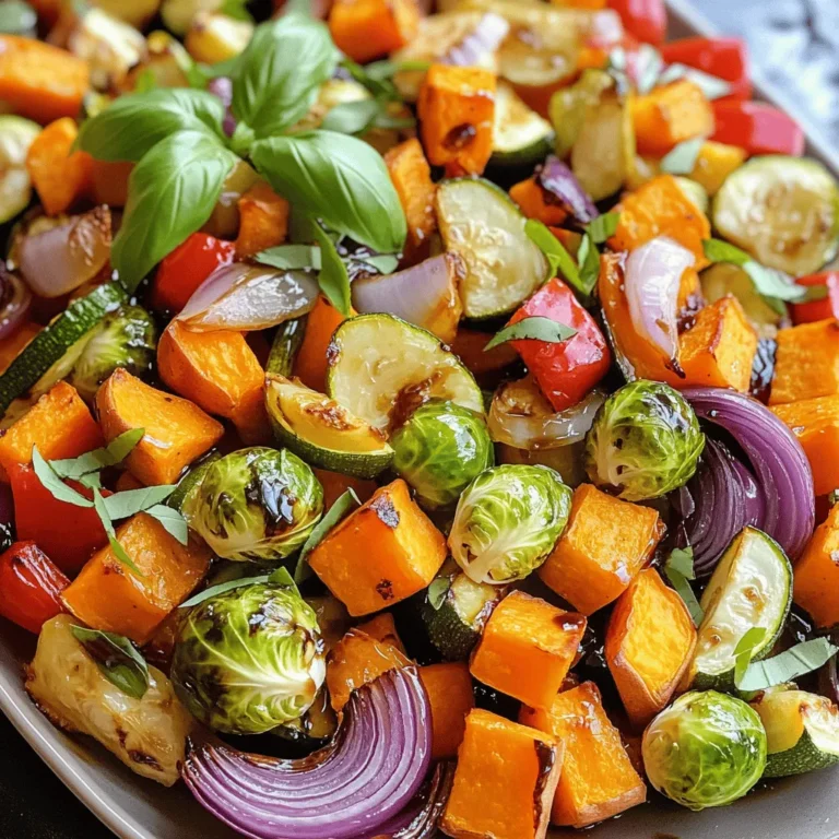 For this dish, you can use a mix of tasty vegetables. Here’s what I like to use: - 2 cups Brussels sprouts, halved - 1 medium sweet potato, peeled and cubed - 1 red bell pepper, chopped - 1 yellow zucchini, sliced - 1 red onion, cut into wedges These vegetables roast beautifully and soak up the balsamic glaze. Their natural sweetness shines through. You need a few basic items from your pantry to bring this dish to life: - 3 tablespoons olive oil - 4 tablespoons balsamic vinegar - 1 tablespoon maple syrup - 2 teaspoons garlic powder - Salt and pepper to taste These ingredients create the rich, tangy glaze that makes this dish special. The maple syrup adds a gentle sweetness. To make your dish even prettier, consider these garnishes: - Fresh basil leaves Garnishing with basil adds a pop of color and a fresh taste. It enhances the overall presentation. For the full recipe, you can refer to the detailed steps. Enjoy making this amazing side dish! Start by washing all your vegetables well. This step is key to keeping them fresh. Next, halve the Brussels sprouts and cube the sweet potato. Chop the red bell pepper and slice the yellow zucchini. Cut the red onion into wedges. Place all these in a large mixing bowl. This mix brings a variety of colors and flavors together. In a small bowl, combine the olive oil, balsamic vinegar, maple syrup, garlic powder, salt, and pepper. Whisk these ingredients until they blend well. This glaze adds a sweet and tangy taste to your veggies. Make sure every ingredient is mixed nicely. The flavors will soak into the veggies during roasting. Preheat your oven to 425°F (220°C). Line a large baking sheet with parchment paper for easy cleanup. Spread the mixed vegetables on the sheet in a single layer. Pour the balsamic glaze over them and toss gently. This way, every piece gets coated. Roast in the oven for 25-30 minutes. Stir halfway to ensure even cooking. The vegetables should be tender and caramelized when done. If you want, drizzle with more balsamic vinegar after roasting. Add fresh basil leaves on top for a lovely finish. For the full recipe, check out the details provided earlier. Enjoy your tasty Balsamic Glazed Roasted Vegetables! To get the best roast, start with the right temperature. Preheat your oven to 425°F (220°C). This heat helps caramelize the natural sugars in the veggies. Make sure to cut your vegetables into even sizes. This way, they cook at the same time. Use a large baking sheet. Spread the veggies in a single layer. This prevents steaming and helps them brown well. You can boost the flavor of your balsamic glazed roasted vegetables with simple seasonings. I love using garlic powder, salt, and pepper. They add depth without overpowering the dish. For a hint of sweetness, maple syrup works wonders. Add fresh herbs like basil after roasting. This adds a bright finish and a pop of color. If you're short on time, prep vegetables ahead. You can cut them and store them in the fridge for a day. This saves you time on cooking day. You can also use a large bowl for tossing the veggies with the glaze. This makes cleanup easier. Lastly, consider roasting more than you need. Leftovers make great additions to salads or wraps. For the full recipe, check out the Balsamic Bliss Roasted Veggies. {{image_2}} You can switch up the veggies in your balsamic glazed roasted vegetables. Use what you love or what you have on hand. Carrots, broccoli, or cauliflower work great. You can even try butternut squash for a sweet twist. Just make sure to cut all the vegetables into similar sizes. This way, they cook evenly and get tender. Want to make your dish heartier? Add proteins. Chickpeas, black beans, or lentils pair well with roasted veggies. For meat lovers, try adding chicken or shrimp. Simply toss in your chosen protein with the vegetables. This makes a well-rounded meal that fills you up. This recipe is already vegan and gluten-free! The balsamic glaze is tasty and safe for all diets. If you want to change flavors, try adding herbs like thyme or rosemary. These herbs enhance the taste without adding gluten. Enjoy this dish knowing it fits many dietary needs. For the full recipe, check out the detailed instructions. After enjoying your balsamic glazed roasted vegetables, let any leftovers cool. Place them in an airtight container. Store them in the fridge for up to four days. This keeps them fresh and tasty for your next meal. When you want to eat your leftovers, there are a few ways to reheat them. The best method is to use an oven or toaster oven. Preheat to 350°F (175°C) and heat for about 10-15 minutes. This keeps the veggies crispy. You can also use a microwave. Heat in short bursts of 30 seconds. Stir in between to avoid overcooking. If you want to save your roasted veggies for later, freezing is a great option. First, let them cool completely. Spread them in a single layer on a baking sheet. Freeze until solid, about two hours. Then, transfer the veggies to a freezer-safe bag or container. They can last up to three months in the freezer. When you’re ready, thaw in the fridge overnight before reheating. For detailed cooking steps, check out the Full Recipe. Yes, you can use other vinegars. Try apple cider vinegar or red wine vinegar. Both add a nice tang. Adjust the amount to taste, as some may be stronger. Each vinegar gives a unique flavor to your dish. Experiment and find your favorite! You can use many seasonings. Italian herbs like oregano or thyme work well. Paprika adds warmth, while chili flakes bring heat. You might even try fresh herbs like rosemary or dill. Each option changes the flavor profile. Mix and match to suit your taste! Check the vegetables for tenderness. They should be soft but not mushy. A fork should easily pierce them. Look for a nice caramel color on the edges. Roasting usually takes about 25-30 minutes. Stir halfway to ensure even cooking. Enjoy the aroma as they roast! This blog post covered all you need for a tasty roasted vegetable dish. We explored the key ingredients, step-by-step cooking, and helpful tips. You learned how to adapt the recipe to fit your needs. Now, you can store leftovers and reheat them easily. Enjoy great meals without stress. Use the tips to make it your own. Happy cooking!