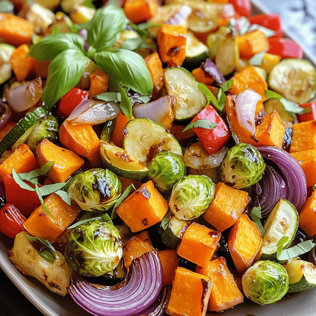 For this dish, you can use a mix of tasty vegetables. Here’s what I like to use: - 2 cups Brussels sprouts, halved - 1 medium sweet potato, peeled and cubed - 1 red bell pepper, chopped - 1 yellow zucchini, sliced - 1 red onion, cut into wedges These vegetables roast beautifully and soak up the balsamic glaze. Their natural sweetness shines through. You need a few basic items from your pantry to bring this dish to life: - 3 tablespoons olive oil - 4 tablespoons balsamic vinegar - 1 tablespoon maple syrup - 2 teaspoons garlic powder - Salt and pepper to taste These ingredients create the rich, tangy glaze that makes this dish special. The maple syrup adds a gentle sweetness. To make your dish even prettier, consider these garnishes: - Fresh basil leaves Garnishing with basil adds a pop of color and a fresh taste. It enhances the overall presentation. For the full recipe, you can refer to the detailed steps. Enjoy making this amazing side dish! Start by washing all your vegetables well. This step is key to keeping them fresh. Next, halve the Brussels sprouts and cube the sweet potato. Chop the red bell pepper and slice the yellow zucchini. Cut the red onion into wedges. Place all these in a large mixing bowl. This mix brings a variety of colors and flavors together. In a small bowl, combine the olive oil, balsamic vinegar, maple syrup, garlic powder, salt, and pepper. Whisk these ingredients until they blend well. This glaze adds a sweet and tangy taste to your veggies. Make sure every ingredient is mixed nicely. The flavors will soak into the veggies during roasting. Preheat your oven to 425°F (220°C). Line a large baking sheet with parchment paper for easy cleanup. Spread the mixed vegetables on the sheet in a single layer. Pour the balsamic glaze over them and toss gently. This way, every piece gets coated. Roast in the oven for 25-30 minutes. Stir halfway to ensure even cooking. The vegetables should be tender and caramelized when done. If you want, drizzle with more balsamic vinegar after roasting. Add fresh basil leaves on top for a lovely finish. For the full recipe, check out the details provided earlier. Enjoy your tasty Balsamic Glazed Roasted Vegetables! To get the best roast, start with the right temperature. Preheat your oven to 425°F (220°C). This heat helps caramelize the natural sugars in the veggies. Make sure to cut your vegetables into even sizes. This way, they cook at the same time. Use a large baking sheet. Spread the veggies in a single layer. This prevents steaming and helps them brown well. You can boost the flavor of your balsamic glazed roasted vegetables with simple seasonings. I love using garlic powder, salt, and pepper. They add depth without overpowering the dish. For a hint of sweetness, maple syrup works wonders. Add fresh herbs like basil after roasting. This adds a bright finish and a pop of color. If you're short on time, prep vegetables ahead. You can cut them and store them in the fridge for a day. This saves you time on cooking day. You can also use a large bowl for tossing the veggies with the glaze. This makes cleanup easier. Lastly, consider roasting more than you need. Leftovers make great additions to salads or wraps. For the full recipe, check out the Balsamic Bliss Roasted Veggies. {{image_2}} You can switch up the veggies in your balsamic glazed roasted vegetables. Use what you love or what you have on hand. Carrots, broccoli, or cauliflower work great. You can even try butternut squash for a sweet twist. Just make sure to cut all the vegetables into similar sizes. This way, they cook evenly and get tender. Want to make your dish heartier? Add proteins. Chickpeas, black beans, or lentils pair well with roasted veggies. For meat lovers, try adding chicken or shrimp. Simply toss in your chosen protein with the vegetables. This makes a well-rounded meal that fills you up. This recipe is already vegan and gluten-free! The balsamic glaze is tasty and safe for all diets. If you want to change flavors, try adding herbs like thyme or rosemary. These herbs enhance the taste without adding gluten. Enjoy this dish knowing it fits many dietary needs. For the full recipe, check out the detailed instructions. After enjoying your balsamic glazed roasted vegetables, let any leftovers cool. Place them in an airtight container. Store them in the fridge for up to four days. This keeps them fresh and tasty for your next meal. When you want to eat your leftovers, there are a few ways to reheat them. The best method is to use an oven or toaster oven. Preheat to 350°F (175°C) and heat for about 10-15 minutes. This keeps the veggies crispy. You can also use a microwave. Heat in short bursts of 30 seconds. Stir in between to avoid overcooking. If you want to save your roasted veggies for later, freezing is a great option. First, let them cool completely. Spread them in a single layer on a baking sheet. Freeze until solid, about two hours. Then, transfer the veggies to a freezer-safe bag or container. They can last up to three months in the freezer. When you’re ready, thaw in the fridge overnight before reheating. For detailed cooking steps, check out the Full Recipe. Yes, you can use other vinegars. Try apple cider vinegar or red wine vinegar. Both add a nice tang. Adjust the amount to taste, as some may be stronger. Each vinegar gives a unique flavor to your dish. Experiment and find your favorite! You can use many seasonings. Italian herbs like oregano or thyme work well. Paprika adds warmth, while chili flakes bring heat. You might even try fresh herbs like rosemary or dill. Each option changes the flavor profile. Mix and match to suit your taste! Check the vegetables for tenderness. They should be soft but not mushy. A fork should easily pierce them. Look for a nice caramel color on the edges. Roasting usually takes about 25-30 minutes. Stir halfway to ensure even cooking. Enjoy the aroma as they roast! This blog post covered all you need for a tasty roasted vegetable dish. We explored the key ingredients, step-by-step cooking, and helpful tips. You learned how to adapt the recipe to fit your needs. Now, you can store leftovers and reheat them easily. Enjoy great meals without stress. Use the tips to make it your own. Happy cooking!