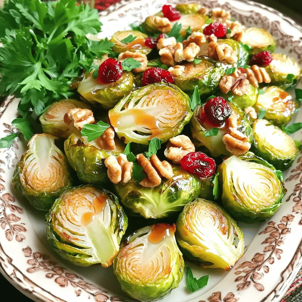- 1 lb Brussels sprouts, trimmed and halved - 2 tablespoons olive oil - 2 tablespoons pure maple syrup - 1 tablespoon Dijon mustard I love Brussels sprouts. They are small but packed with flavor. Here, we use fresh Brussels sprouts, trimmed and halved, to make them tender and easy to eat. The olive oil helps them roast well and adds a nice richness. Maple syrup brings sweetness, while Dijon mustard gives a tangy kick. - 1 teaspoon garlic powder - Salt and pepper to taste For seasoning, I use garlic powder. It adds depth without being overpowering. Salt and pepper are essential too. They enhance the natural flavors of the Brussels sprouts. Feel free to adjust them to your liking. - 1/4 cup chopped walnuts - 1/4 cup dried cranberries If you want to add more texture and flavor, try walnuts. They give a nice crunch. Dried cranberries add sweetness and a pop of color. Both are optional, but I highly recommend them. They make this dish even more special. For the full recipe, check out the details provided above. 1. Preheat the oven: Start by setting your oven to 400°F (200°C). This helps get the Brussels sprouts nice and crispy. 2. Prepare a baking sheet: Line your baking sheet with parchment paper. This makes cleanup easy and helps the sprouts roast evenly. 3. Mix the ingredients: In a large mixing bowl, add: - 2 tablespoons olive oil - 2 tablespoons pure maple syrup - 1 tablespoon Dijon mustard - 1 teaspoon garlic powder - Salt and pepper to taste Whisk these ingredients together until they blend well. The mix should look smooth and glossy. 1. Toss the Brussels sprouts: Add 1 lb of trimmed and halved Brussels sprouts to the bowl. Toss them well in the maple-Dijon mixture. Make sure each sprout gets coated. 2. Spread on the baking sheet: Place the coated Brussels sprouts on the prepared baking sheet. Lay them cut side down for better caramelization. 3. Roast them: Roast in the preheated oven for 20-25 minutes. Keep an eye on them. You want them to be tender and golden brown. 1. Add walnuts for crunch: If you like nuts, sprinkle 1/4 cup of chopped walnuts halfway through roasting. This adds a nice crunch. 2. Mix in cranberries: Once the Brussels sprouts are done, take them out of the oven. Mix in 1/4 cup of dried cranberries for a sweet and tangy flavor. This dish is not just tasty; it’s colorful and pleasing to the eye. You can follow the Full Recipe for more details! To get the best caramelization on your Brussels sprouts, you want heat and space. Make sure to preheat your oven to 400°F (200°C). This high heat helps the sugar in the maple syrup brown nicely. - Always place the sprouts cut side down on the baking sheet. This helps them brown evenly. - Spread them out in a single layer. If they are too close together, they will steam instead of roast. Want to kick up the flavor? Consider adding a pinch of cayenne pepper for some heat or a squeeze of lemon for extra brightness. - For a savory twist, try adding thyme or rosemary. - Balancing sweetness and tang is key. If it’s too sweet, a dash of vinegar can help. Make your presentation pop! Serve the roasted Brussels sprouts on a nice platter. Drizzle with a bit of extra maple syrup for shine. - Garnish with fresh parsley for a nice color contrast. - These sprouts pair well with roasted chicken or grilled salmon. They also work great with quinoa or wild rice for a vegetarian meal. For the full recipe, check out the detailed instructions above. {{image_2}} You can switch up the veggies in this dish. Try using cauliflower, carrots, or asparagus. Each vegetable brings its own unique flavor and texture. They will all roast nicely and soak up that tasty maple-Dijon sauce. When it comes to sweeteners, maple syrup is fantastic. But you can also use honey, agave nectar, or brown sugar. Each will add a different layer of sweetness, so feel free to experiment. To make this dish vegan-friendly, simply swap the honey for maple syrup. Honey is not vegan. This small change keeps the dish plant-based while retaining its sweet notes. If you need a gluten-free option, you are in luck! This recipe is already gluten-free, as it contains no wheat products. Just be sure to check any add-ins for gluten. Want to add warmth to your dish? Include spices like cinnamon, nutmeg, or even a pinch of cayenne pepper. These spices will create depth and excitement in every bite. You can also enhance the texture and taste by adding nuts or dried fruits. Chopped pecans or almonds can add crunch, while dried cherries or apricots introduce a sweet and chewy element. Mixing in these ingredients will make the dish even more delightful. For the full recipe of Maple Dijon Roasted Brussels Sprouts, check out the detailed instructions above. To store leftover Maple Dijon roasted Brussels sprouts, let them cool first. Place them in an airtight container. This keeps them fresh and tasty. In the fridge, they last about 3 to 5 days. Just reheat them before eating. You can use the microwave or oven. If you want to keep them longer, freezing is a good option. Use a freezer-safe container or a zip-top bag. They can last up to 3 months in the freezer. To reheat, let them thaw in the fridge overnight. Then, warm them in the oven at 350°F (175°C) for the best texture. Leftover Brussels sprouts are very versatile. You can add them to salads for a nice crunch. They also work well in stir-fries or pasta dishes. Another great option is to mix them into an omelet. You can even blend them into a soup for extra flavor. These ideas help you enjoy your leftovers in new ways. Yes, you can prepare Maple Dijon Roasted Brussels sprouts ahead of time. To do this, follow these steps: - Prep the Brussels sprouts: Trim and halve them as per the recipe instructions. - Make the maple-Dijon mixture: Combine the olive oil, maple syrup, Dijon mustard, garlic powder, salt, and pepper in a bowl. - Toss and store: Coat the Brussels sprouts in the mixture. Store them in the fridge in an airtight container for up to 24 hours. When you're ready to cook, just spread them on a baking sheet and roast. For reheating, place leftovers on a baking sheet and warm them in the oven at 350°F (175°C) for about 10 minutes. This keeps them crisp and tasty. Maple Dijon Roasted Brussels sprouts pair well with many main dishes. Here are some tasty options: - Grilled chicken: The flavors complement the savory notes of grilled meats. - Pork chops: The sweetness of the dish works nicely with the richness of pork. - Salmon: The slight tang of the Brussels sprouts balances well with fish. - Quinoa salad: For a vegetarian option, serve with a hearty quinoa salad. These pairings highlight the dish's unique flavors and make for a well-rounded meal. To check if Brussels sprouts are cooked, look for these signs: - Tenderness: They should be fork-tender, not mushy. A fork should easily pierce them. - Color: They should have a nice golden-brown color on the outside, showing they roasted well. - Caramelization: Look for crispy edges, which add great flavor. If you see these signs, your Brussels sprouts are ready to serve! Enjoy the delicious mix of sweet and savory in this dish! This article covered how to make Maple Dijon Roasted Brussels Sprouts. We explored the main ingredients, seasonings, and optional add-ins like walnuts and cranberries. I walked you through preparation steps, roasting tips, and how to finish your dish. We discussed variations for dietary needs and even storage tips for leftovers. Keep this recipe handy for a tasty side dish. Enjoy the great flavors and the health benefits of Brussels sprouts. You can impress your family with a delicious meal, ready in no time.