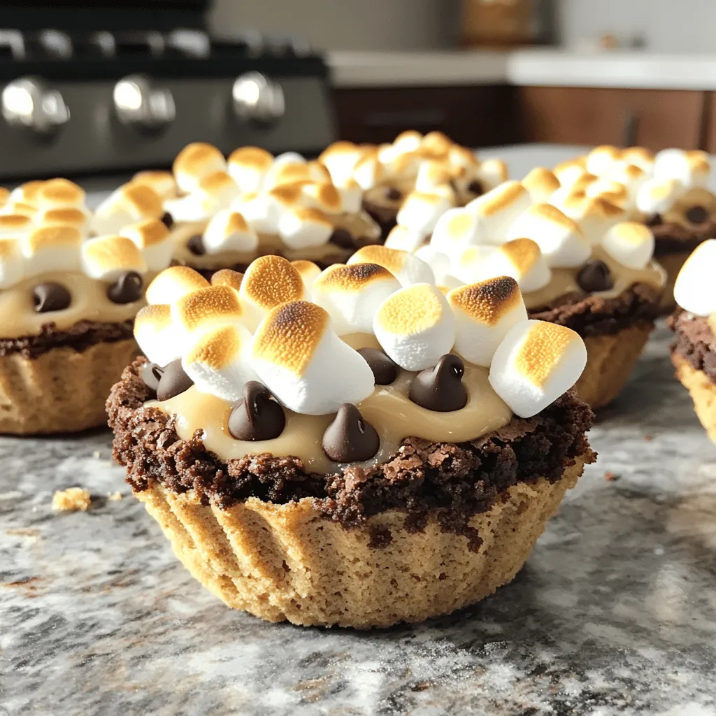 To make S'mores stuffed brownie cups, you need a few simple ingredients. Each part of the recipe plays a key role in creating that gooey, delicious treat. Here’s what you’ll need: - Brownie mix and wet ingredients - 1 box of brownie mix (plus ingredients from the box, usually water, oil, and eggs) - S'mores filling components - 1 cup mini marshmallows - 1 cup chocolate chips (milk or dark) - 1 cup graham cracker crumbs - 1/2 cup unsalted butter, melted - 1/4 cup brown sugar - 1/4 teaspoon salt - Optional toppings - Additional mini marshmallows and chocolate for topping (optional) Using these ingredients, you create layers of flavor and texture. The brownie mix gives a rich base, while the marshmallows and chocolate chips add that classic s'mores taste. The graham cracker crumbs form a tasty crust, making each bite a delightful mix of chewy and crunchy. For a little extra sweetness, consider adding those optional toppings. They create a lovely, toasted finish when you pop the cups back in the oven for a moment. First, preheat your oven to 350°F (175°C). This step helps the brownies bake evenly. Next, grease a muffin tin or line it with cupcake liners. This keeps your brownie cups from sticking. To make the crust, mix together the melted butter, graham cracker crumbs, brown sugar, and salt in a bowl. Stir until the mixture is well combined. If it feels too dry, add a bit more melted butter. Now, form the cups. Press about 1 tablespoon of the graham cracker mix into the bottom of each muffin cup. Use your fingers or a spoon to create a flat layer. Next, prepare the brownie batter. In a separate bowl, follow the package instructions for your brownie mix. Combine the mix with water, oil, and eggs. Stir gently until just blended. Now, fill the cups. Pour the brownie batter into each muffin cup, filling them about 2/3 full. This allows room for the toppings. Add the s'mores filling next. Place mini marshmallows and a few chocolate chips on top of the brownie batter in each cup. Then, cover them with a bit more brownie batter to fill them close to the top. For baking, place the muffin tin in the oven. Bake for 18-20 minutes. Use a toothpick to check for doneness. It should come out with moist crumbs, but not wet batter. After baking, remove the tin from the oven. Quickly top with extra mini marshmallows and chocolate pieces if you like. Return them to the oven for 1-2 minutes. This will toast the marshmallows slightly. Let the brownie cups cool in the tin for 10 minutes. Then, transfer them to a wire rack to cool completely. You can find the Full Recipe for more details. Enjoy your delicious treats! To get the perfect brownie texture, focus on mixing. Mix the brownie batter just until combined. If you mix too much, the brownies can become tough. Keep it light and fluffy. Preventing overflow is key. Fill each muffin cup only about two-thirds full. This gives the brownies room to rise. If you pour too much, they will spill over and create a mess. I love serving these brownie cups warm. The gooey marshmallows and melty chocolate taste amazing. At room temperature, they still taste great but lose some of that warmth. Pairing with ice cream or whipped cream adds an extra touch. The cold ice cream contrasts with the warm brownie. Whipped cream adds a light, fluffy texture. Both options make every bite even better. Overmixing the brownie batter is a common mistake. It can lead to dense brownies. Mix just enough to combine ingredients. This keeps them soft and chewy. Not greasing the muffin tin properly can ruin your treat. Use cooking spray or butter to coat each cup well. This helps the brownie cups slide out easily after baking. Following these tips will make your s'mores stuffed brownie cups a hit! {{image_2}} You can use different types of chocolate in these brownie cups. Milk chocolate gives a sweet taste. It melts nicely and makes the dessert creamy. Dark chocolate is richer and less sweet. It pairs well with the s'mores flavors. You can also try flavored chocolate. Options like caramel or orange chocolate add a fun twist. Each chocolate type changes the final taste. Experiment to find your favorite! If you need a gluten-free option, use a gluten-free brownie mix. Many brands taste great and cook well. Just make sure to check the label. For those who want a vegan treat, swap eggs for applesauce or flaxseed. You can use plant-based butter too. These changes let everyone enjoy these brownie cups without worry. Dietary needs should never limit fun desserts! You can get creative with add-ins. Try mixing in nuts like walnuts or pecans for crunch. Peanut butter adds a tasty, nutty flavor. You can also switch the filling. Instead of marshmallows, use caramel or hazelnut spread. These choices make each batch unique. Each twist gives a new flavor adventure. Let your imagination lead the way! For the full recipe, check the detailed instructions above. S'mores stuffed brownie cups taste best fresh. However, you can store them easily. - Room temperature: Keep them in an airtight container. They stay fresh for about 3 days. - Refrigeration: If you prefer, you can place them in the fridge. This helps them last longer. However, they may lose some softness. For freezing, wrap each brownie cup in plastic wrap. Then, place them in a freezer bag. They can last up to 3 months. To enjoy, thaw them in the fridge overnight. - Shelf life at room temperature: Brownie cups stay good for about 3 days. Make sure to check for any signs of spoilage. - Expected refrigeration times: In the fridge, they can last up to a week. They may become firmer, so let them warm up a bit before eating. These storage tips help you keep your s'mores stuffed brownie cups tasty and enjoyable! You can check the brownie cups using the toothpick method. Insert a toothpick into the center of a cup. If it comes out with moist crumbs, the cups are ready. If it has wet batter, they need more time. Bake for 18-20 minutes total. Always check around the 18-minute mark to avoid overbaking. Yes, you can make these brownie cups ahead of time. To prepare in advance, bake the brownie cups and let them cool completely. Store them in an airtight container at room temperature for up to two days. If you want to keep them longer, you can freeze them for up to a month. Reheat them in the oven for a few minutes before serving. You can use several options instead of graham cracker crumbs. Some great alternatives include crushed cookies like digestive biscuits or vanilla wafers. You can also use crushed cereal for a different crunch. For a homemade crust, mix equal parts of flour and oats with some sugar and butter. This will give you a tasty and unique base for your brownie cups. You now know how to make S'mores Stuffed Brownie Cups. We covered the ingredients, from brownie mix to tasty fillings. You learned step-by-step how to prepare and bake, including creating the perfect crust. We shared tips to avoid common mistakes and ways to customize for your needs. Finally, I explained how to store them for the best taste. Enjoy these treats warm or with your favorite ice cream! Happy baking, and don’t forget to share your yummy creations!