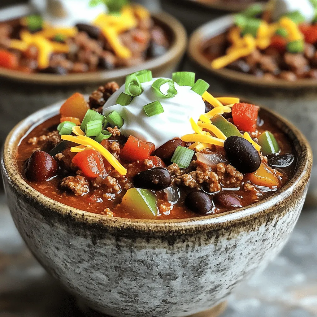 To make a great Instant Pot beef chili, you need the following items. Each ingredient plays a key role in building the flavor. - 1 lb ground beef - 1 medium onion, diced - 2 cloves garlic, minced - 1 bell pepper, diced (red or green) - 1 can (15 oz) kidney beans, rinsed and drained - 1 can (15 oz) black beans, rinsed and drained - 1 can (28 oz) crushed tomatoes - 2 tablespoons chili powder - 1 tablespoon ground cumin - 1 teaspoon smoked paprika - 1 teaspoon salt - ½ teaspoon black pepper - 1 cup beef broth - 1 tablespoon olive oil - Optional toppings: shredded cheese, sour cream, chopped green onions, avocado Gather these ingredients before you start. Fresh vegetables and good quality beef make the best chili. The spices add warmth and depth. With these items, you are ready to create a comforting meal. Don't forget to check the Full Recipe for step-by-step cooking instructions! 1. Dicing vegetables: Start by chopping the onion and bell pepper into small pieces. You want them to cook evenly and blend well. The onion adds sweetness, while the bell pepper gives color and flavor. 2. Rinsing and draining beans: Open the cans of kidney and black beans. Pour them into a colander. Rinse them under cold water to remove extra salt and preservatives. Draining is key to avoid watery chili. 1. Sautéing vegetables and meat: Turn on your Instant Pot and set it to 'Sauté'. Add olive oil. Once hot, toss in the diced onion and bell pepper. Cook them for about 3-4 minutes until soft. Add minced garlic and cook for one more minute. Next, add the ground beef. Break it up with a spatula and cook until it's brown, which takes about 5-6 minutes. 2. Adding spices and liquids: Once the beef is browned, mix in chili powder, cumin, smoked paprika, salt, and black pepper. Stir well to coat all the meat. Then, add the crushed tomatoes, kidney beans, black beans, and beef broth. Mix everything together until it is combined. 3. Setting the Instant Pot: Close the lid of the Instant Pot and make sure the steam valve is set to 'Sealing'. Select 'Manual' mode. Set the timer for 15 minutes on high pressure. This is where the magic happens! 1. Natural release instructions: When the cooking time is up, let the pressure release naturally for 10 minutes. This step helps the flavors develop. After that, carefully switch the valve to 'Venting' to release any remaining steam. 2. Adjusting seasoning: Open the lid and give your chili a good stir. Taste it! If it needs more salt or spice, now is the time to adjust. This is your chili, so make it just right for you! Enjoy your hearty Instant Pot beef chili, and don’t forget to check out the Full Recipe for more tips! - Choosing the right ground beef: I always use 80/20 ground beef. This mix gives you great flavor and moisture. Leaner beef can taste dry. - Adjusting spice levels: Start with the amounts in the recipe. You can always add more chili powder or cumin. Taste as you go. This way, you control the heat. - Avoiding the burn notice: Make sure to scrape the bottom of the pot well. This helps prevent any food from sticking. If you do get the burn notice, add a bit more broth and stir. - Best practices for sealing: Always check that your lid is locked. The steam valve should be set to 'Sealing.' This ensures the pot builds pressure correctly. - Ideal accompaniments: Serve the chili with cornbread or tortilla chips for a fun twist. These sides add nice texture and flavor. - Presentation tips: Use colorful bowls for serving. Top with shredded cheese, a dollop of sour cream, or fresh green onions. These touches make your chili look great and taste even better. For the full recipe, check out the detailed instructions above. Enjoy cooking! {{image_2}} For a vegetarian chili, use meat alternatives like lentils or textured vegetable protein. These options add texture and protein without meat. Adjust seasonings to enhance flavor. You might need more chili powder or cumin to balance the dish. To spice things up, consider adding heat with jalapeños. Slice them and stir them in during the cooking process. You can also use spicy sausage instead of ground beef. This adds both heat and extra flavor to your chili. If you prefer a bean-free chili, substitutes for beans include more meat or mushrooms. This keeps it hearty and satisfying. Focus on using plenty of tomatoes to enhance flavor and moisture. A mix of crushed and diced tomatoes works well here. To keep your beef chili fresh, you should store it properly. First, let the chili cool down after cooking. Then, transfer it to an airtight container. This helps prevent spills and keeps the chili safe. - Refrigeration tips: Store your chili in the fridge for up to 4 days. Make sure it is in a sealed container. This keeps it tasty and safe to eat. - Freezing instructions: You can freeze your chili if you want to save it longer. Place it in a freezer-safe bag or container. It can last up to 3 months in the freezer. Label it with the date to keep track. When you want to enjoy your chili again, reheating is key. There are a few easy methods to do this. - Best ways to reheat chili: You can reheat chili on the stove or in the microwave. If using the stove, pour the chili into a pot and heat on low. Stir often to avoid burning. For the microwave, use a microwave-safe bowl. Heat in short bursts, stirring in between, until hot. - Restoring texture and flavor: If your chili seems thick after freezing, add a splash of beef broth or water. This helps bring back its creamy texture and flavor. Knowing how long your chili lasts helps keep your food safe. - How long does beef chili last in the fridge? In the fridge, beef chili lasts up to 4 days. Always check for any changes in smell or color before eating. - Signs of spoilage: If your chili has a sour smell, off-color, or mold, it's time to toss it. Safety is always the top priority when it comes to food. Yes, you can make this chili ahead of time. It tastes even better the next day! Here are some steps for meal prep: - Cook the chili as per the Full Recipe. - Allow it to cool completely. - Store it in an airtight container in the fridge for up to three days. - You can also freeze it for up to three months. - When ready to serve, reheat on the stove or in the microwave. Yes, Instant Pot Beef Chili is gluten-free. Just be mindful of the ingredients: - Use gluten-free beef broth. - Check that your spices, like chili powder and cumin, are gluten-free. - Canned beans and tomatoes are usually gluten-free, but read labels to be sure. Leftover chili is great! Here are some recipe ideas: - Make chili cheese nachos by topping tortilla chips with chili and cheese. - Use it as a filling for tacos or burritos. - Add it to pasta for a hearty dish. - Mix it into scrambled eggs for a spicy breakfast. These ideas can help you enjoy your chili in new ways! This blog post gave you a full guide to making beef chili in an Instant Pot. You learned the ingredients and step-by-step instructions for cooking. I shared helpful tips on perfecting your chili and serving ideas. You can adapt the recipe with variations, store leftovers properly, and answered common questions. With these tips, you can enjoy a delicious chili any time. Happy cooking!