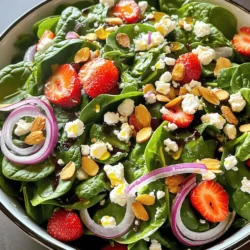 To make the Spinach Strawberry Salad, you will need the following items: - 5 cups fresh spinach, washed and dried - 2 cups strawberries, hulled and sliced - 1/2 cup crumbled feta cheese - 1/4 cup sliced almonds (toasted) - 1/4 cup red onion, thinly sliced - 1/4 cup olive oil - 2 tablespoons balsamic vinegar - 1 tablespoon honey - Salt and black pepper to taste This salad is not only tasty but also packed with nutrients. Each serving provides: - Calories: 250 - Protein: 6 grams - Carbohydrates: 20 grams - Fiber: 4 grams - Fat: 18 grams - Spinach: Spinach is full of vitamins A, C, and K. It helps with eyesight and boosts the immune system. - Strawberries: These berries are rich in antioxidants. They help fight inflammation and are good for heart health. - Feta Cheese: Feta adds protein and calcium. It also gives a nice creamy texture, enhancing the flavor. - Almonds: Toasted almonds provide healthy fats and fiber. They can lower cholesterol and improve heart health. - Olive Oil: This oil is a healthy fat. It may reduce the risk of heart disease. - Balsamic Vinegar: It adds a sweet and tangy flavor. It may also help with blood sugar control. - Honey: This natural sweetener gives energy and is better than refined sugars. These ingredients not only make a delicious salad but also support a healthy lifestyle. You can find the full recipe for this vibrant dish to enjoy! To start, gather all your ingredients. You need fresh spinach, strawberries, feta cheese, almonds, and red onion. Wash and dry the spinach well. This keeps it crisp. Hull and slice the strawberries. The red onion should be thinly sliced, as this will add a nice bite. In a large mixing bowl, combine the spinach, strawberries, feta, almonds, and red onion. Toss everything gently. This helps mix the flavors without bruising the spinach. Now, let’s make the dressing. In a small bowl, whisk together the olive oil, balsamic vinegar, honey, salt, and black pepper. This simple dressing brings all the ingredients together. Taste it to see if you need more salt or pepper. Adjust it to your liking. Once mixed, drizzle the dressing over the salad. Serve the salad right away. This keeps the spinach fresh and crunchy. You can add extra toppings if you like. Some great options are grilled chicken, walnuts, or avocado. Each adds a unique flavor and texture. Enjoy your Spinach Strawberry Salad as a side or a main dish. Don’t forget to check the Full Recipe for more details! To keep your spinach strawberry salad fresh, store it in a sealed container. Place it in the fridge right after serving. Eat the leftovers within two days for the best taste. Keep the dressing separate until you’re ready to eat. This way, the salad stays crisp. For a great salad texture, mix soft and crunchy ingredients. Fresh spinach offers a pleasant crunch. Add sliced strawberries for sweetness and juiciness. Crumbled feta cheese gives it a creamy touch. To enhance the crunch, toast the almonds before adding them. This contrast makes each bite exciting. Soggy spinach ruins a salad's appeal. To prevent this, dry the spinach well after washing. Use a salad spinner or pat it dry with a towel. When combining ingredients, toss gently. This helps keep the spinach leaves whole and fresh. Serving the salad right away also helps maintain its crispness. For the full recipe, check out the Spinach Strawberry Delight 🥗! {{image_2}} You can change up your salad in many ways. Try adding grilled chicken for protein. Shrimp also works well and adds a nice twist. If you want more crunch, add cucumber slices or bell peppers. For a vegan option, swap feta cheese for avocado or sunflower seeds. You can also use kale instead of spinach for a different texture. This salad shines with fresh fruits. In spring and summer, use ripe peaches or blackberries. In fall, diced apples or pears taste great. In winter, try pomegranate seeds for a burst of flavor. Each fruit adds its own special touch to the dish. Mixing fruits keeps the salad fun and fresh all year. While the honey-balsamic dressing is a favorite, there are other options. A citrus vinaigrette brightens the salad. Just mix fresh orange juice with olive oil and a pinch of salt. You can also try a creamy dressing, like ranch or yogurt-based ones. Experimenting with dressings can make your salad feel new each time. For the full recipe, check out the Spinach Strawberry Delight. To keep your Spinach Strawberry Salad fresh, store it properly. First, keep the salad and dressing separate. This prevents sogginess. Use an airtight container for the salad. Wrap the dressing in a small jar. Store both in the fridge. Fresh spinach lasts about three to five days in the fridge. Strawberries should be used within three days for the best taste. Feta cheese can stay good for up to a week. Toasted almonds last for a month if sealed tight. This salad is best eaten fresh. If you have leftovers, use them within two days. To refresh the salad, add a splash of olive oil or vinegar. Toss gently to mix in the new dressing. This will revive the flavors and keep it tasty. For the full recipe, check out Spinach Strawberry Delight. To make Spinach Strawberry Salad, gather your ingredients. You’ll need fresh spinach, strawberries, feta cheese, almonds, and red onion. Start by washing and drying the spinach. Then, hull and slice the strawberries. Combine spinach, strawberries, feta, almonds, and onion in a large bowl. Next, whisk olive oil, balsamic vinegar, honey, salt, and pepper in a small bowl. Drizzle this dressing over the salad. Toss it gently to coat the ingredients. Serve right away to keep the spinach crisp. This quick method gives you a tasty dish in just 15 minutes. Check out the Full Recipe for more details. Spinach Strawberry Salad pairs well with many dishes. It’s great alongside grilled chicken or fish. You can also serve it with a warm quiche or a light soup. If you want a vegetarian option, try it with roasted veggies or lentils. The sweet strawberries and tangy feta balance nicely with savory mains. While it’s best to serve Spinach Strawberry Salad fresh, you can prep some parts ahead. Wash and slice the spinach and strawberries in advance. Store them separately in the fridge. Make the dressing ahead too, but keep it in a sealed jar. Just mix everything together right before serving. This way, your salad stays fresh and crunchy! This blog post covered the key ingredients, steps, and tips for making a Spinach Strawberry Salad. We explored nutritional facts, health benefits, and how to keep it fresh. The steps for preparation, making the dressing, and serving are simple and easy to follow. Remember, you can customize the salad with seasonal fruits and different dressings. Store leftovers properly to avoid spoilage. With these tips, you can enjoy this delicious and healthy salad any time. Happy salad making!