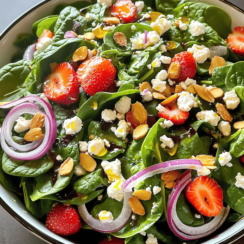 To make the Spinach Strawberry Salad, you will need the following items: - 5 cups fresh spinach, washed and dried - 2 cups strawberries, hulled and sliced - 1/2 cup crumbled feta cheese - 1/4 cup sliced almonds (toasted) - 1/4 cup red onion, thinly sliced - 1/4 cup olive oil - 2 tablespoons balsamic vinegar - 1 tablespoon honey - Salt and black pepper to taste This salad is not only tasty but also packed with nutrients. Each serving provides: - Calories: 250 - Protein: 6 grams - Carbohydrates: 20 grams - Fiber: 4 grams - Fat: 18 grams - Spinach: Spinach is full of vitamins A, C, and K. It helps with eyesight and boosts the immune system. - Strawberries: These berries are rich in antioxidants. They help fight inflammation and are good for heart health. - Feta Cheese: Feta adds protein and calcium. It also gives a nice creamy texture, enhancing the flavor. - Almonds: Toasted almonds provide healthy fats and fiber. They can lower cholesterol and improve heart health. - Olive Oil: This oil is a healthy fat. It may reduce the risk of heart disease. - Balsamic Vinegar: It adds a sweet and tangy flavor. It may also help with blood sugar control. - Honey: This natural sweetener gives energy and is better than refined sugars. These ingredients not only make a delicious salad but also support a healthy lifestyle. You can find the full recipe for this vibrant dish to enjoy! To start, gather all your ingredients. You need fresh spinach, strawberries, feta cheese, almonds, and red onion. Wash and dry the spinach well. This keeps it crisp. Hull and slice the strawberries. The red onion should be thinly sliced, as this will add a nice bite. In a large mixing bowl, combine the spinach, strawberries, feta, almonds, and red onion. Toss everything gently. This helps mix the flavors without bruising the spinach. Now, let’s make the dressing. In a small bowl, whisk together the olive oil, balsamic vinegar, honey, salt, and black pepper. This simple dressing brings all the ingredients together. Taste it to see if you need more salt or pepper. Adjust it to your liking. Once mixed, drizzle the dressing over the salad. Serve the salad right away. This keeps the spinach fresh and crunchy. You can add extra toppings if you like. Some great options are grilled chicken, walnuts, or avocado. Each adds a unique flavor and texture. Enjoy your Spinach Strawberry Salad as a side or a main dish. Don’t forget to check the Full Recipe for more details! To keep your spinach strawberry salad fresh, store it in a sealed container. Place it in the fridge right after serving. Eat the leftovers within two days for the best taste. Keep the dressing separate until you’re ready to eat. This way, the salad stays crisp. For a great salad texture, mix soft and crunchy ingredients. Fresh spinach offers a pleasant crunch. Add sliced strawberries for sweetness and juiciness. Crumbled feta cheese gives it a creamy touch. To enhance the crunch, toast the almonds before adding them. This contrast makes each bite exciting. Soggy spinach ruins a salad's appeal. To prevent this, dry the spinach well after washing. Use a salad spinner or pat it dry with a towel. When combining ingredients, toss gently. This helps keep the spinach leaves whole and fresh. Serving the salad right away also helps maintain its crispness. For the full recipe, check out the Spinach Strawberry Delight 🥗! {{image_2}} You can change up your salad in many ways. Try adding grilled chicken for protein. Shrimp also works well and adds a nice twist. If you want more crunch, add cucumber slices or bell peppers. For a vegan option, swap feta cheese for avocado or sunflower seeds. You can also use kale instead of spinach for a different texture. This salad shines with fresh fruits. In spring and summer, use ripe peaches or blackberries. In fall, diced apples or pears taste great. In winter, try pomegranate seeds for a burst of flavor. Each fruit adds its own special touch to the dish. Mixing fruits keeps the salad fun and fresh all year. While the honey-balsamic dressing is a favorite, there are other options. A citrus vinaigrette brightens the salad. Just mix fresh orange juice with olive oil and a pinch of salt. You can also try a creamy dressing, like ranch or yogurt-based ones. Experimenting with dressings can make your salad feel new each time. For the full recipe, check out the Spinach Strawberry Delight. To keep your Spinach Strawberry Salad fresh, store it properly. First, keep the salad and dressing separate. This prevents sogginess. Use an airtight container for the salad. Wrap the dressing in a small jar. Store both in the fridge. Fresh spinach lasts about three to five days in the fridge. Strawberries should be used within three days for the best taste. Feta cheese can stay good for up to a week. Toasted almonds last for a month if sealed tight. This salad is best eaten fresh. If you have leftovers, use them within two days. To refresh the salad, add a splash of olive oil or vinegar. Toss gently to mix in the new dressing. This will revive the flavors and keep it tasty. For the full recipe, check out Spinach Strawberry Delight. To make Spinach Strawberry Salad, gather your ingredients. You’ll need fresh spinach, strawberries, feta cheese, almonds, and red onion. Start by washing and drying the spinach. Then, hull and slice the strawberries. Combine spinach, strawberries, feta, almonds, and onion in a large bowl. Next, whisk olive oil, balsamic vinegar, honey, salt, and pepper in a small bowl. Drizzle this dressing over the salad. Toss it gently to coat the ingredients. Serve right away to keep the spinach crisp. This quick method gives you a tasty dish in just 15 minutes. Check out the Full Recipe for more details. Spinach Strawberry Salad pairs well with many dishes. It’s great alongside grilled chicken or fish. You can also serve it with a warm quiche or a light soup. If you want a vegetarian option, try it with roasted veggies or lentils. The sweet strawberries and tangy feta balance nicely with savory mains. While it’s best to serve Spinach Strawberry Salad fresh, you can prep some parts ahead. Wash and slice the spinach and strawberries in advance. Store them separately in the fridge. Make the dressing ahead too, but keep it in a sealed jar. Just mix everything together right before serving. This way, your salad stays fresh and crunchy! This blog post covered the key ingredients, steps, and tips for making a Spinach Strawberry Salad. We explored nutritional facts, health benefits, and how to keep it fresh. The steps for preparation, making the dressing, and serving are simple and easy to follow. Remember, you can customize the salad with seasonal fruits and different dressings. Store leftovers properly to avoid spoilage. With these tips, you can enjoy this delicious and healthy salad any time. Happy salad making!