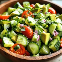 - 2 large cucumbers - 3 medium tomatoes - 2 ripe avocados - 1 small red onion - 1 jalapeño (optional) For this salad, fresh produce is key. The cucumbers add crunch, while tomatoes bring juiciness. Ripe avocados give creaminess. A small red onion adds a mild bite. If you like heat, a jalapeño adds a nice kick. - ¼ cup fresh cilantro - Additional vegetables or proteins You can customize this salad. Fresh cilantro brightens up the flavors. You can add other veggies like bell peppers or even proteins like grilled chicken or chickpeas for more nutrition. - Juice of 2 limes - 2 tablespoons olive oil - Salt and black pepper The dressing is simple yet tasty. Lime juice brings fresh zest. Olive oil adds richness. Just a pinch of salt and black pepper will enhance all the flavors. Mix these ingredients well for a bright finish to your salad. For the complete recipe, check the Full Recipe. - Dice 2 large cucumbers and 2 ripe avocados into bite-sized pieces. - Chop 3 medium tomatoes and 1 small red onion. Start by dicing the cucumbers. Use a sharp knife for clean cuts. Make sure to remove any seeds if you prefer less water in your salad. Next, take the ripe avocados. Cut them carefully to keep their shape. Remember, the avocado adds creaminess to the salad. Chop the tomatoes and red onion into small pieces. This helps mix flavors well. - Combine fresh vegetables in a bowl. - Add cilantro and optional jalapeño. In a large mixing bowl, combine the diced cucumbers, chopped tomatoes, and avocados. Mix in the chopped red onion. If you want some heat, add the minced jalapeño. Don’t forget the fresh cilantro! It adds a bright flavor that makes this salad special. - Whisk together lime juice, olive oil, salt, and pepper. - Drizzle dressing over salad mixture. For the dressing, whisk together the juice of 2 limes, 2 tablespoons of olive oil, salt, and black pepper in a small bowl. This dressing will tie all the flavors together. Drizzle it over the fresh salad mixture. - Gently toss ingredients. - Allow to rest before serving. Now it’s time to toss everything together. Be gentle! You don’t want to mash the avocado. After mixing, let the salad sit for about 10 minutes. This helps the flavors blend well. Enjoy your refreshing salad! For the full recipe, check the details above. To make a great Cucumber Tomato Avocado Salad, you need fresh ingredients. Here’s how to choose the best ones: - Avocados: Look for avocados that yield slightly when you press them. They should feel firm but not hard. If they feel mushy, they may be overripe. - Tomatoes: Choose tomatoes that are bright in color and smell fresh. A slight softness indicates ripeness. Avoid any with bruises or wrinkled skin. - Cucumbers: Select cucumbers that are firm and dark green. Smaller cucumbers tend to be crunchier. If you like less bitterness, try English cucumbers; they have fewer seeds and a thinner skin. Avocados can brown quickly, so keeping them fresh is key. Here are some tips: - Preventing Browning: To slow browning, squeeze lime juice over the cut avocado. The acid helps keep it green. - Storage: If you have leftover avocado, store it in an airtight container. Adding a slice of onion can also help keep it fresh. Pairing and serving can make your salad shine. Here are some ideas: - Ideal Pairings: This salad goes well with grilled meats, like chicken or fish. You can also serve it with tortilla chips for a crunchy side. - Recommended Serving Sizes: A serving of this salad is about one cup. This recipe makes enough for four people, perfect for a small gathering or a light lunch. For the complete details on how to prepare this salad, check out the Full Recipe. {{image_2}} You can make this salad more filling by adding protein. Grilled chicken or shrimp works great. Just cook them and slice them up. If you prefer vegetarian options, try adding tofu or chickpeas. Both add good taste and nutrition. To give your salad a unique twist, try different herbs or spices. Fresh basil or mint adds freshness. You can also add cheese for creaminess. Feta or goat cheese are both excellent choices. They melt into the salad and boost the flavor. The dressing can change the salad's vibe. A lemon vinaigrette gives it a bright taste. Balsamic dressing adds a sweet touch. If you like creamy options, try ranch or yogurt-based dressings. They make the salad richer and more indulgent. For the full recipe, check the details above! Store your Cucumber Tomato Avocado Salad in an airtight container. Glass or plastic containers work great. The salad stays fresh in the fridge for up to three days. However, the avocado might brown after a day. To keep it fresh, add lime juice to the cut avocado before mixing. This helps slow down browning. You cannot freeze this salad as a whole. Freezing changes the texture of the cucumbers and tomatoes. However, you can freeze individual components. Chop cucumbers and tomatoes. Place them in freezer bags. When you want to use them, thaw in the fridge overnight. The avocados can also be mashed and frozen for later use. This salad is best served cold. There are no non-salad components to reheat. If you add grilled chicken or shrimp, heat them separately. You can use a pan or microwave to warm the protein. Then, let it cool slightly before adding it back to the salad. Cucumber Tomato Avocado Salad tastes best fresh. If you store it, keep it in a tight container. It lasts about one day in the fridge. The avocado may brown after a while, so eat it soon. To keep it fresh, store the dressing separately. Mix it in just before serving for the best taste. Yes, feel free to get creative! You can add bell peppers for crunch or corn for sweetness. Carrots or radishes can add a nice bite. You can also swap out the jalapeño if you want less heat. Mix and match to find your favorite flavors in this salad. This salad pairs well with grilled chicken or fish. It also goes great with sandwiches or wraps. You can serve it alongside a light soup for a full meal. The bright flavors make it perfect for picnics or barbecues. Enjoy it with your favorite main dish to brighten your plate. You can find the complete Full Recipe for Cucumber Tomato Avocado Salad above. It includes all the steps to make this refreshing dish. This Cucumber Tomato Avocado Salad is fresh and easy to make. You learned how to prepare the ingredients, mix them, and create a tasty dressing. I shared tips on choosing the best produce and keeping avocados fresh. You discovered variations with proteins, flavors, and alternative dressings. Remember to store leftovers properly to enjoy them later. A tasty salad can fit into many meals. Make it your own with fresh choices and enjoy every bite!