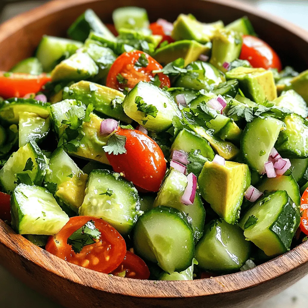 - 2 large cucumbers - 3 medium tomatoes - 2 ripe avocados - 1 small red onion - 1 jalapeño (optional) For this salad, fresh produce is key. The cucumbers add crunch, while tomatoes bring juiciness. Ripe avocados give creaminess. A small red onion adds a mild bite. If you like heat, a jalapeño adds a nice kick. - ¼ cup fresh cilantro - Additional vegetables or proteins You can customize this salad. Fresh cilantro brightens up the flavors. You can add other veggies like bell peppers or even proteins like grilled chicken or chickpeas for more nutrition. - Juice of 2 limes - 2 tablespoons olive oil - Salt and black pepper The dressing is simple yet tasty. Lime juice brings fresh zest. Olive oil adds richness. Just a pinch of salt and black pepper will enhance all the flavors. Mix these ingredients well for a bright finish to your salad. For the complete recipe, check the Full Recipe. - Dice 2 large cucumbers and 2 ripe avocados into bite-sized pieces. - Chop 3 medium tomatoes and 1 small red onion. Start by dicing the cucumbers. Use a sharp knife for clean cuts. Make sure to remove any seeds if you prefer less water in your salad. Next, take the ripe avocados. Cut them carefully to keep their shape. Remember, the avocado adds creaminess to the salad. Chop the tomatoes and red onion into small pieces. This helps mix flavors well. - Combine fresh vegetables in a bowl. - Add cilantro and optional jalapeño. In a large mixing bowl, combine the diced cucumbers, chopped tomatoes, and avocados. Mix in the chopped red onion. If you want some heat, add the minced jalapeño. Don’t forget the fresh cilantro! It adds a bright flavor that makes this salad special. - Whisk together lime juice, olive oil, salt, and pepper. - Drizzle dressing over salad mixture. For the dressing, whisk together the juice of 2 limes, 2 tablespoons of olive oil, salt, and black pepper in a small bowl. This dressing will tie all the flavors together. Drizzle it over the fresh salad mixture. - Gently toss ingredients. - Allow to rest before serving. Now it’s time to toss everything together. Be gentle! You don’t want to mash the avocado. After mixing, let the salad sit for about 10 minutes. This helps the flavors blend well. Enjoy your refreshing salad! For the full recipe, check the details above. To make a great Cucumber Tomato Avocado Salad, you need fresh ingredients. Here’s how to choose the best ones: - Avocados: Look for avocados that yield slightly when you press them. They should feel firm but not hard. If they feel mushy, they may be overripe. - Tomatoes: Choose tomatoes that are bright in color and smell fresh. A slight softness indicates ripeness. Avoid any with bruises or wrinkled skin. - Cucumbers: Select cucumbers that are firm and dark green. Smaller cucumbers tend to be crunchier. If you like less bitterness, try English cucumbers; they have fewer seeds and a thinner skin. Avocados can brown quickly, so keeping them fresh is key. Here are some tips: - Preventing Browning: To slow browning, squeeze lime juice over the cut avocado. The acid helps keep it green. - Storage: If you have leftover avocado, store it in an airtight container. Adding a slice of onion can also help keep it fresh. Pairing and serving can make your salad shine. Here are some ideas: - Ideal Pairings: This salad goes well with grilled meats, like chicken or fish. You can also serve it with tortilla chips for a crunchy side. - Recommended Serving Sizes: A serving of this salad is about one cup. This recipe makes enough for four people, perfect for a small gathering or a light lunch. For the complete details on how to prepare this salad, check out the Full Recipe. {{image_2}} You can make this salad more filling by adding protein. Grilled chicken or shrimp works great. Just cook them and slice them up. If you prefer vegetarian options, try adding tofu or chickpeas. Both add good taste and nutrition. To give your salad a unique twist, try different herbs or spices. Fresh basil or mint adds freshness. You can also add cheese for creaminess. Feta or goat cheese are both excellent choices. They melt into the salad and boost the flavor. The dressing can change the salad's vibe. A lemon vinaigrette gives it a bright taste. Balsamic dressing adds a sweet touch. If you like creamy options, try ranch or yogurt-based dressings. They make the salad richer and more indulgent. For the full recipe, check the details above! Store your Cucumber Tomato Avocado Salad in an airtight container. Glass or plastic containers work great. The salad stays fresh in the fridge for up to three days. However, the avocado might brown after a day. To keep it fresh, add lime juice to the cut avocado before mixing. This helps slow down browning. You cannot freeze this salad as a whole. Freezing changes the texture of the cucumbers and tomatoes. However, you can freeze individual components. Chop cucumbers and tomatoes. Place them in freezer bags. When you want to use them, thaw in the fridge overnight. The avocados can also be mashed and frozen for later use. This salad is best served cold. There are no non-salad components to reheat. If you add grilled chicken or shrimp, heat them separately. You can use a pan or microwave to warm the protein. Then, let it cool slightly before adding it back to the salad. Cucumber Tomato Avocado Salad tastes best fresh. If you store it, keep it in a tight container. It lasts about one day in the fridge. The avocado may brown after a while, so eat it soon. To keep it fresh, store the dressing separately. Mix it in just before serving for the best taste. Yes, feel free to get creative! You can add bell peppers for crunch or corn for sweetness. Carrots or radishes can add a nice bite. You can also swap out the jalapeño if you want less heat. Mix and match to find your favorite flavors in this salad. This salad pairs well with grilled chicken or fish. It also goes great with sandwiches or wraps. You can serve it alongside a light soup for a full meal. The bright flavors make it perfect for picnics or barbecues. Enjoy it with your favorite main dish to brighten your plate. You can find the complete Full Recipe for Cucumber Tomato Avocado Salad above. It includes all the steps to make this refreshing dish. This Cucumber Tomato Avocado Salad is fresh and easy to make. You learned how to prepare the ingredients, mix them, and create a tasty dressing. I shared tips on choosing the best produce and keeping avocados fresh. You discovered variations with proteins, flavors, and alternative dressings. Remember to store leftovers properly to enjoy them later. A tasty salad can fit into many meals. Make it your own with fresh choices and enjoy every bite!