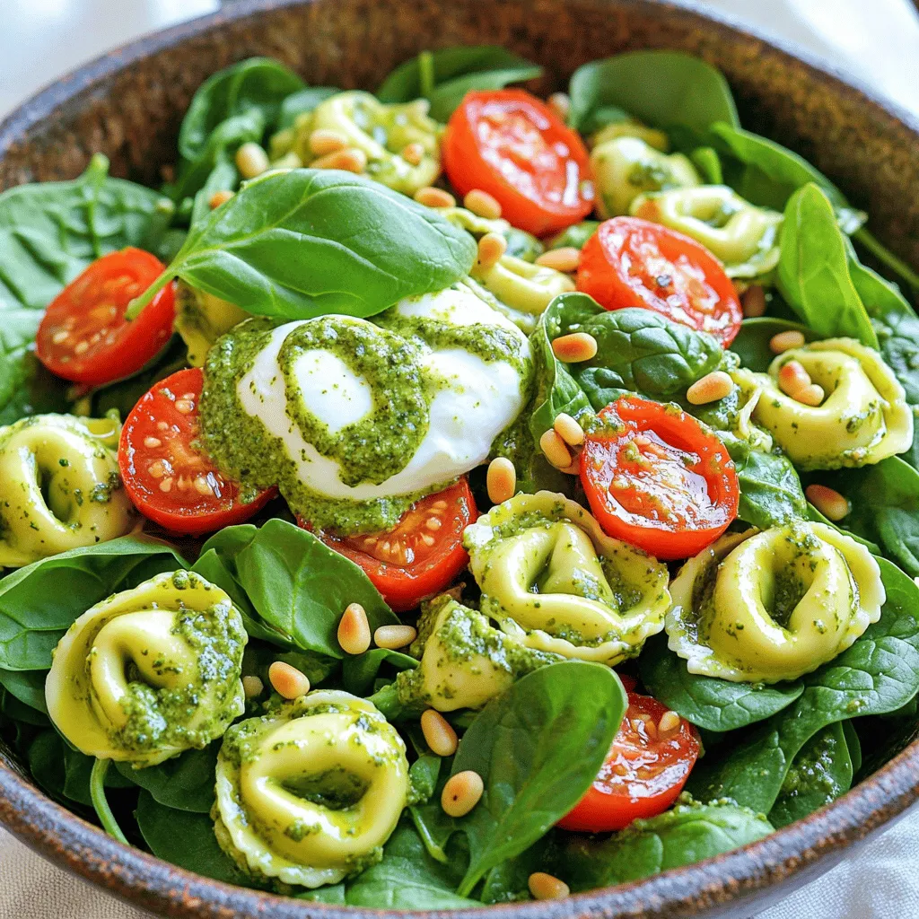 - 12 oz fresh cheese tortellini - 1 cup cherry tomatoes, halved - 1 cup fresh mozzarella pearls - 2 cups baby spinach This salad shines with fresh, vibrant ingredients. The cheese tortellini brings a soft and chewy texture. I love using fresh tortellini for the best flavor. Cherry tomatoes add a sweet burst of freshness. Their bright color makes the salad pop. Fresh mozzarella pearls provide creamy bites that melt in your mouth. Baby spinach adds a nice crunch and a healthy touch. - ½ cup basil pesto - ½ cup Greek yogurt - 1 tablespoon olive oil - Salt and pepper to taste The dressing ties everything together. I mix basil pesto with Greek yogurt for a creamy base. This combo gives a rich flavor while keeping it light. Olive oil adds a dash of richness, and salt and pepper enhance all the flavors. It’s simple but so effective. - ¼ cup pine nuts, toasted - Fresh basil leaves for garnish For a nutty crunch, I suggest adding toasted pine nuts. They bring a fantastic flavor and texture. Fresh basil leaves make a lovely garnish, adding color and aroma. These options elevate the salad, making it even more special. You can find the full recipe above to create this fresh and flavorful dish! To start, bring a large pot of salted water to a boil. Use about a tablespoon of salt. Once the water bubbles, add 12 ounces of fresh cheese tortellini. Cook the tortellini for 3 to 4 minutes or until they are al dente. Al dente means they should be firm but not hard. After cooking, drain the tortellini. Rinse them under cold water to stop the cooking. Set the tortellini aside to cool completely. Next, grab a large mixing bowl. In this bowl, mix together ½ cup of basil pesto and ½ cup of Greek yogurt. Stir until you have a smooth, creamy dressing. This dressing adds a rich flavor to the salad. It blends the fresh taste of basil with the creamy texture of yogurt. Now, it’s time to bring everything together. Add the cooled tortellini to the bowl with the dressing. Then, toss in 1 cup of halved cherry tomatoes, 1 cup of fresh mozzarella pearls, and 2 cups of baby spinach. Drizzle 1 tablespoon of olive oil over the mix, and season with salt and pepper to taste. Gently toss all the ingredients until they are well-coated with the dressing. If you like, you can add ¼ cup of toasted pine nuts for a nice crunch. Give it one last gentle mix. Let the salad chill in the fridge for at least 30 minutes. This waiting time helps the flavors meld together. For the full recipe, check the earlier section. To cook tortellini al dente, start by bringing salted water to a boil. Add the tortellini and cook for 3-4 minutes. Stir gently to keep them from sticking. After cooking, drain them well. Rinse under cold water to stop the cooking. This helps maintain the perfect texture. Let them cool completely before adding to your salad. To boost flavor, consider adding fresh herbs, like parsley or chives. A squeeze of lemon juice can brighten the dish too. You might also add olives or roasted red peppers for an extra kick. For a great presentation, serve the salad in a large bowl. Garnish with fresh basil leaves and extra pine nuts on top for a colorful touch. Present the salad in a large bowl for a family-style meal. You can also plate individual servings for a dinner party. Pair this salad with grilled chicken or a light white wine for a delightful meal. The creamy pesto tortellini salad works well with crusty bread too. Enjoy the mix of flavors and textures! {{image_2}} You can add protein to your creamy pesto tortellini salad for a heartier meal. Some great options include: - Chicken: Grilled or rotisserie chicken works well. Just chop it into bite-sized pieces. - Shrimp: Cooked shrimp adds a nice touch. Toss it in after cooking. - Beans: For a vegetarian-friendly option, add chickpeas or white beans. They boost protein without meat. These additions keep the salad filling and satisfying. If you want to change up the flavor, consider alternative dressings. - Yogurt swap: You can use sour cream or mayo instead of Greek yogurt. This gives a different taste and texture. - Pesto choice: Homemade pesto is fantastic, but store-bought can save time. Both options taste great, so choose what fits your day. These swaps can personalize your dish and enhance its flavor. Using seasonal ingredients makes your salad even fresher. Here are some ideas: - Seasonal veggies: Add bell peppers, zucchini, or peas when they are in season. They add color and crunch. - Fresh herbs: Try using herbs like parsley or dill for a flavor boost. They can change the salad’s profile for different occasions. Adapting with seasonal ingredients keeps the dish exciting and relevant. For the full recipe, check out the earlier sections. Store the salad in an airtight container. This helps keep it fresh and tasty. It will last in the fridge for up to three days. Make sure to check for any signs of spoilage before eating. You can freeze creamy pesto tortellini salad, but it may change texture. To freeze, place it in a freezer-safe container. It can last for up to one month. When ready to eat, thaw it in the fridge overnight. Reheat it gently on the stove or in the microwave. Add a splash of olive oil to help restore its creaminess. To avoid sogginess, do not add the dressing until ready to serve. Keep the salad cool, ideally around 40°F. This helps maintain its fresh taste and vibrant colors. If you are serving at a gathering, keep it on ice for best results. To cook tortellini perfectly, start with a large pot of salted water. Bring the water to a rapid boil. Add the tortellini and stir gently to prevent sticking. Follow the package instructions, usually 3-4 minutes for fresh tortellini. It should be tender yet firm, known as al dente. After cooking, drain the tortellini and rinse it under cold water. This stops the cooking process and keeps the pasta from becoming mushy. Yes, you can use frozen tortellini! Just cook it straight from the freezer. Bring salted water to a boil, then add the frozen tortellini. Cook for 5-7 minutes, or until they float to the top. Check for doneness by tasting one. Just like fresh tortellini, rinse it under cold water after cooking. It works well in the creamy pesto tortellini salad. To make this creamy pesto tortellini salad vegan, swap the cheese and yogurt. Use vegan cheese or omit it entirely. For the creamy dressing, try using a plant-based yogurt, like coconut or almond yogurt. Look for a vegan pesto or make your own without cheese. This way, you can enjoy a delicious vegan version of this dish. Creamy pesto tortellini salad goes well with many dishes. Serve it alongside grilled chicken or shrimp for extra protein. A light soup, like minestrone, makes a great side. You can also add a fresh green salad or garlic bread. These choices balance the flavors and make a delightful meal. This creamy pesto tortellini salad is simple and packed with flavor. You learned about the key ingredients, cooking steps, and helpful tips to get it just right. Feel free to mix in proteins or veggies to make it your own. Remember to store any leftovers properly to keep them fresh. Enjoy this salad as a main dish or a side. It’s a perfect choice for any meal. Try making it for friends or family, and they will love it!