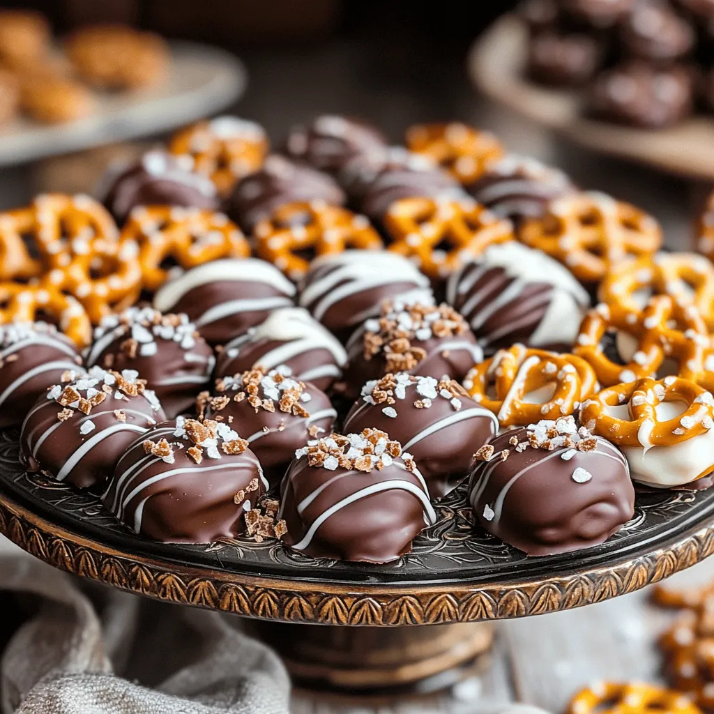 To make chocolate covered pretzel bites, you need a few simple ingredients. Here’s what you’ll need: - Mini pretzel twists - Semi-sweet chocolate chips - White chocolate chips - Crushed pretzels - Sea salt - Coconut oil (optional) - Sprinkles (optional) These ingredients create a delightful mix of sweet and salty. The mini pretzel twists give a perfect crunch. Semi-sweet chocolate chips melt into a rich coating. White chocolate chips can add a nice drizzle on top. Crushed pretzels provide extra texture. A sprinkle of sea salt rounds out the flavors nicely. If you want a smoother chocolate, add coconut oil. This ingredient helps the chocolate melt evenly. Sprinkles are fun for decoration, especially for parties or holidays. Gather these ingredients for a fun and tasty treat. Check the full recipe for all the steps to create these irresistible bites! - Preheat the oven to 350°F (175°C). - Line a baking sheet with parchment paper. - Spread mini pretzels on the baking sheet. - Toast for 5 minutes. Toasting makes the pretzels crispier. This extra crunch is key to the texture. - Combine chocolate chips and coconut oil. - Heat in intervals until smooth. Heating in short bursts helps prevent burning. Stir after each interval for even melting. - Dip pretzels in melted chocolate. - Sprinkle crushed pretzels and drizzle white chocolate. Make sure to coat each pretzel well. Shake off any excess chocolate. The toppings add crunch and flair. - Allow pretzels to cool at room temperature or refrigerate for faster hardening. Cooling lets the chocolate set perfectly. For quick results, the fridge is your friend. You can enjoy these treats in no time! For the full recipe, check out the detailed instructions above. To coat your pretzel bites well, use a fork for dipping. This helps to cover each pretzel evenly. Shake off any extra chocolate before placing them on the baking sheet. If you want a smooth finish, add a teaspoon of coconut oil to your chocolate. This makes the chocolate melt better and coat the pretzels nicely. For a fun serving idea, arrange the pretzel bites on a colorful plate. You can use a tiered stand for a festive look. Add sprinkles on top for a burst of color. If you want to impress guests, place some pretzel bites in small treat bags tied with ribbons. Store your chocolate-covered pretzel bites in an airtight container. This keeps them fresh and tasty. Place parchment paper between layers to avoid sticking. They can last up to a week at room temperature. For longer storage, you can freeze them. Just make sure to keep them in a sealed bag. {{image_2}} You can choose different types of chocolate for your pretzel bites. Dark chocolate brings a rich taste. Milk chocolate adds a sweet touch. Both options work well. You can also try flavored chocolate. Mint chocolate gives a fresh burst. Orange chocolate adds a hint of citrus. Just melt and dip! Toppings make your pretzel bites even more fun. Crushed nuts add crunch and flavor. Try almonds or peanuts for a nutty taste. You can also use candies like M&Ms or crushed Oreos. For special occasions, create themed bites! Use red and green sprinkles for Christmas or pastel hues for Easter. The options are endless! Seasonal spices can bring new life to your treats. Adding a sprinkle of cinnamon gives warmth. Nutmeg brings a cozy vibe, perfect for fall. You could even mix in pumpkin spice for a festive twist. These flavors make your pretzel bites stand out all year. For a complete guide on making these treats, check out the Full Recipe. To keep your chocolate-covered pretzel bites fresh, use an airtight container. Glass or plastic containers work best. Make sure the container has a tight seal. This helps keep out air and moisture. Store them at room temperature in a cool, dry place. Avoid areas near heat sources like ovens or direct sunlight. At room temperature, these tasty treats last about one week. If you want to keep them longer, freezing is a great option. To freeze them, place the pretzel bites in a single layer on a baking sheet. Freeze until solid, then transfer them to a freezer-safe bag. They can stay fresh for up to three months in the freezer. For the full recipe, check out Choco-Salty Pretzel Delights. To make these sweet treats, follow these simple steps: 1. Gather your ingredients: You need mini pretzel twists, semi-sweet and white chocolate chips, crushed pretzels, sea salt, coconut oil, and optional sprinkles. 2. Preheat and prepare: Set your oven to 350°F (175°C). Line a baking sheet with parchment paper. 3. Toast the pretzels: Spread the mini pretzels on the baking sheet. Toast them for about 5 minutes to enhance their crunch. 4. Melt the chocolate: In a microwave-safe bowl, mix the semi-sweet chocolate chips with coconut oil. Heat in 30-second intervals, stirring until smooth. 5. Dip the pretzels: Using a fork, dip each pretzel into the melted chocolate. Shake off the extra chocolate. 6. Decorate: Place the dipped pretzels on the parchment-lined sheet. While the chocolate is still soft, sprinkle crushed pretzels on top. 7. Add white chocolate: Melt the white chocolate chips and drizzle over the pretzels for a pretty touch. 8. Cool and harden: Let the pretzels cool at room temperature or refrigerate for about 15 minutes until the chocolate hardens. This recipe is perfect for any gathering. You can find the complete instructions in the Full Recipe. Yes, you can use different pretzels! Here are some ideas: - Pretzel rods: These offer a fun twist on the classic shape. - Thin pretzel sticks: They give a nice crunchy bite. - Chocolate-covered pretzels: For a quick option, use store-bought chocolate pretzels as a base. Feel free to experiment with shapes and sizes. Each type adds its unique crunch and flavor. Not all chocolate-covered pretzels are gluten-free. If you want to make gluten-free versions, here’s what to do: - Choose gluten-free pretzels: Look for brands that specifically label their pretzels as gluten-free. - Check chocolate labels: Ensure the chocolate you use does not contain any gluten ingredients. With these tips, you can enjoy chocolate-covered treats without gluten concerns. Always read labels to be safe. This blog post covered how to make delicious chocolate-covered pretzel bites. You learned about the key ingredients, step-by-step instructions, and useful tips. I shared fun variations to try, how to store your treats, and answers to common questions. These sweet and salty snacks are easy to make and customize. Enjoy your creations, and remember to share them with others!