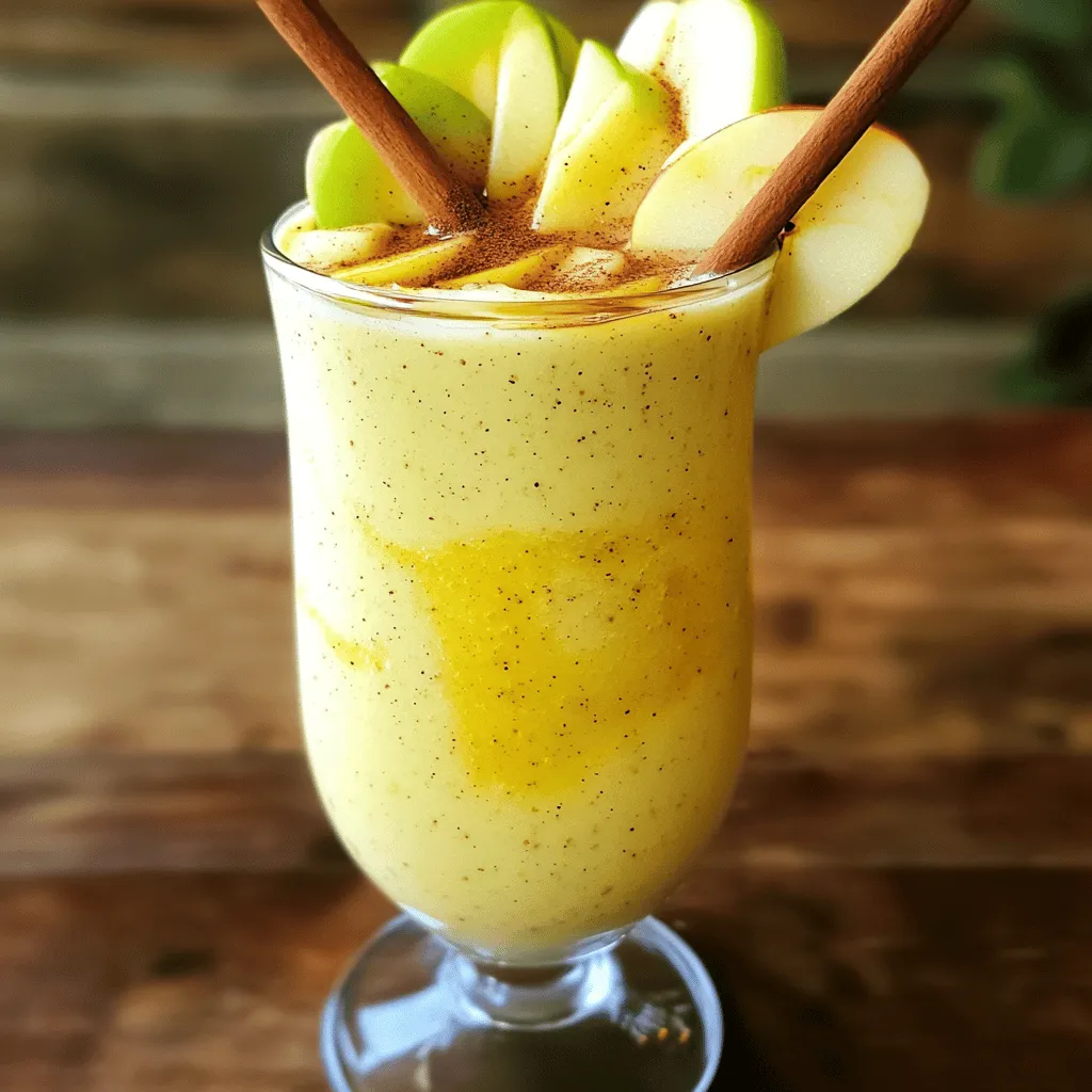- 1 medium apple, cored and chopped - 1 frozen banana - 1 cup almond milk or preferred milk - 1/2 cup plain Greek yogurt - 1 tablespoon almond or peanut butter - 1 teaspoon ground cinnamon - 1/2 teaspoon vanilla extract - 1 tablespoon maple syrup - 1/4 cup rolled oats - Pinch of nutmeg - Ice cubes (optional) The ingredients for a cinnamon apple pie smoothie shine with flavor and warmth. You start with a medium apple, which gives your smoothie a fresh crunch. A frozen banana adds creaminess and natural sweetness. Almond milk, or your choice of milk, blends everything smoothly. The Greek yogurt boosts protein and makes it rich. Adding almond or peanut butter takes the taste to a new level. The ground cinnamon brings that cozy pie flavor. Vanilla extract adds a warm touch, while maple syrup sweetens it perfectly. Rolled oats make the smoothie more filling. A pinch of nutmeg gives it a hint of spice. Ice cubes, if you want, chill it down and make it thicker. - Dairy-free options: Use coconut yogurt instead of Greek yogurt. - Sweetener alternatives: Try honey or agave for a different flavor. - Fruit variations: Swap the apple for pears or peaches for new tastes. Each substitute opens up new taste possibilities. Whether you have dietary needs or just want to try something different, these options let you customize your smoothie. Explore these alternatives to find your favorite version of the cinnamon apple pie smoothie from the full recipe. Start by chopping the apple into small pieces. Remove the core first. Next, grab a frozen banana. If you have a fresh banana, freeze it the night before. This banana adds creaminess. Then, measure out your liquids and spices. Pour one cup of almond milk into a measuring cup. Use plain Greek yogurt next, measuring half a cup. You’ll also need one tablespoon of almond butter. Now, measure one teaspoon of ground cinnamon and half a teaspoon of vanilla extract. For sweetness, use one tablespoon of maple syrup. Finally, gather one-fourth cup of rolled oats and a pinch of nutmeg. Now it’s time to blend! Add the chopped apple, frozen banana, and almond milk to the blender. Then, toss in the Greek yogurt, almond butter, ground cinnamon, vanilla, maple syrup, rolled oats, and nutmeg. If you like thicker smoothies, add a handful of ice cubes. Blend on high speed until everything is smooth and creamy. If the mixture looks too thick, you can add a splash of almond milk. Taste the smoothie and adjust sweetness with more maple syrup if needed. Pour your smoothie into a tall glass. For a fun touch, garnish with a sprinkle of extra cinnamon on top. You can also add thinly sliced apple for extra flair. To make it even more fun, use a cinnamon stick as a stirrer. This simple addition makes the drink look great and adds a hint of spice. Enjoy every sip of your Cinnamon Apple Pie Smoothie! To make your Cinnamon Apple Pie Smoothie smooth, start with the right ingredients. Use a powerful blender that can handle ice and frozen fruit. This will help blend everything evenly. To achieve the right consistency, add your liquids first. I recommend pouring in almond milk before the solid ingredients. This helps everything blend better. If your smoothie is too thick, add more liquid a little at a time. Sometimes smoothies can separate. To avoid this, blend until fully combined. You can also drink it right away to enjoy the best texture. To make this smoothie even tastier, consider adding more spices. A pinch of ginger or allspice can give it a nice twist. You could also sprinkle in some cocoa powder for a chocolatey touch. If you want a protein boost, add a scoop of protein powder. This makes your smoothie filling and great after a workout. You can also toss in some chia seeds or flaxseeds for extra nutrition. Pair your Cinnamon Apple Pie Smoothie with a warm slice of whole-grain toast. This makes a great breakfast or snack. You can also enjoy it alongside some yogurt or granola for added crunch. For a fun twist, try serving the smoothie in a bowl. Top it with sliced apples, granola, or nuts. Use a cinnamon stick as a stirrer for a charming touch. These ideas help make your smoothie experience even more enjoyable. {{image_2}} You can change the taste of your Cinnamon Apple Pie Smoothie by adding different fruits. Try pears for a sweet twist or peaches for a juicy flavor. Both fruits blend well and add unique notes to your smoothie. You can also play with spices. Instead of just cinnamon, add pumpkin spice for a cozy vibe. This small change can make your breakfast feel special and festive. If you want a vegan version, swap Greek yogurt for coconut yogurt. Use maple syrup or agave nectar for sweetness. Almond milk is a great choice for dairy-free options. If you prefer low-carb, skip the oats. Instead, use chia seeds for added fiber. Both options keep your smoothie tasty while meeting dietary needs. In fall, add a pinch of cloves or allspice for a warm flavor. You can also throw in some roasted sweet potato for creaminess and added nutrients. In spring and summer, use fresh berries instead of apples. Strawberries or blueberries can brighten your smoothie and add a refreshing touch. Experiment with your favorite fruits and spices to keep mornings exciting! To keep your Cinnamon Apple Pie Smoothie fresh, use the right storage methods. You can place your leftover smoothie in the refrigerator for quick access. If you want it to last longer, freeze it in an airtight container. Glass jars or BPA-free plastic containers work great. Make sure to leave some space at the top for expansion when it freezes. In the fridge, your smoothie stays good for about 1-2 days. If frozen, it can last up to 1 month. Always check for signs of spoilage. If it has a sour smell or changes color, it's best to toss it out. Don't let your smoothie go to waste! You can use leftover smoothie in baked goods. Mix it into pancake batter or muffins for added flavor. You can also create a smoothie bowl. Just pour the leftover smoothie into a bowl and top it with granola, nuts, or fresh fruit for a yummy breakfast or snack. To make your cinnamon apple pie smoothie thicker, adjust your ingredient ratios. Use less almond milk or add more frozen banana. You can also increase the amount of Greek yogurt or rolled oats. If you want a more creamy texture, add a handful of ice cubes. These changes will help create a smoothie that is rich and satisfying. Yes, you can use frozen fruits! Frozen fruits have some great benefits. They are often picked at peak ripeness and flash-frozen. This helps lock in flavor and nutrients. Using frozen bananas makes your smoothie cold and thick without needing ice. Fresh fruits work too, but frozen options can give you a smoother texture. This smoothie is quite healthy! It packs a punch of nutrients. Apples provide fiber, while bananas offer potassium. Greek yogurt is a great source of protein. Almond butter adds healthy fats, and oats give you energy. The smoothie is about 300 calories, making it a good part of a balanced diet. Enjoy it as a quick breakfast or snack. Yes, you can make this smoothie ahead of time. To prepare, blend all ingredients, then store in the fridge. Use a sealed container to keep it fresh. It stays good for about 24 hours. If you want to save it longer, freeze it in portions. Just blend again when you're ready to drink. This makes meal prep easy! For the full recipe, check the earlier section. This blog post detailed a simple, tasty smoothie recipe with various ingredients and options. We covered how to blend ingredients effectively, ensuring a creamy texture every time. You learned about substitutions, storage tips, and ways to enhance flavor. Smoothies are versatile and easy, making them perfect for any meal. Now, you can enjoy a nutritious drink that fits your taste and dietary needs. Embrace these tips, get creative, and make the smoothie your own!